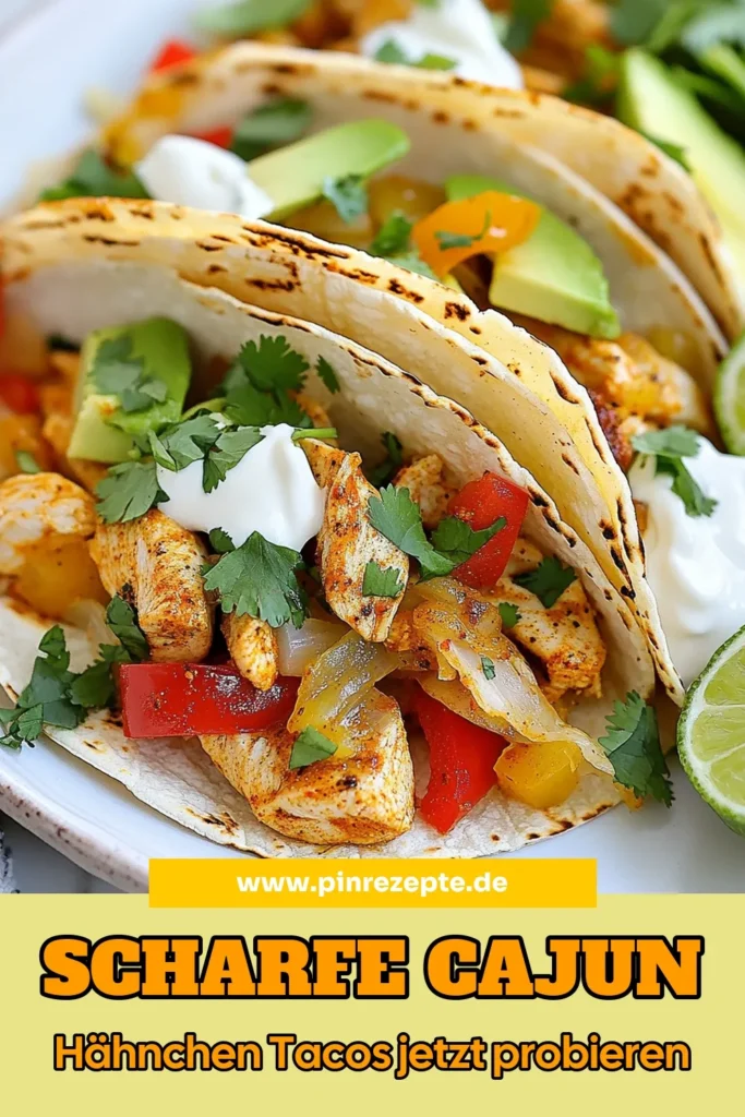 Entdecke dieses leckere Rezept für Cajun Hähnchen Tacos, perfekt für ein schnelles und einfaches Abendessen! Diese scharfen Tacos überzeugen mit einer köstlichen einfachen Taco Füllung aus gewürztem Hähnchen, buntem Gemüse und cremiger Avocado. Ideal für Liebhaber der mexikanischen Küche! Probiere es aus und verwandle dein Abendessen. Jetzt nachmachen und genießen! #CajunHähnchenTacos #scharfeTacosRezept #einfacheTacoFüllung #schnelleAbendessenIdeen