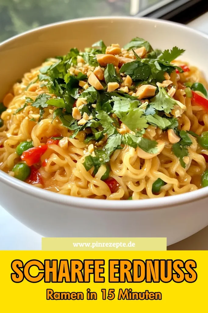 Genießen Sie diese scharfe Thai Erdnuss Ramen, ein einfaches Ramen-Nudeln Rezept, das perfekt für schnelle asiatische Nudelgerichte ist! Mit cremiger Kokosmilch und herzhafter Erdnussbutter zubereitet, wird dieses vegetarische Ramen mit Erdnussbutter Ihre Geschmacksknospen begeistern. Ideal für ein schnelles Mittag- oder Abendessen. Probieren Sie es aus und speichert es für später! #RamenRezept #ThaiEssen #Erdnussbutter #VegetarischeGerichte