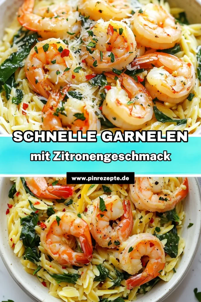 Entdecken Sie das köstliche Rezept für Zitronen-Knoblauch-Garnelen mit Orzo-Pasta! Dieses schnelle Garnelengericht kombiniert zarte Garnelen mit Spinat und einem erfrischenden Zitronengeschmack. Perfekt für ein mediterranes Pasta Rezept, das schnell zubereitet ist. Ideal für ein gesundes Abendessen! Lassen Sie sich dieses einfache und schmackhafte Gericht nicht entgehen. Probieren und speichern Sie das Rezept jetzt! #ZitronenKnoblauchGarnelen #GarnelenMitSpinats #SchnelleGarnelengerichte #OrzoPastaRezept