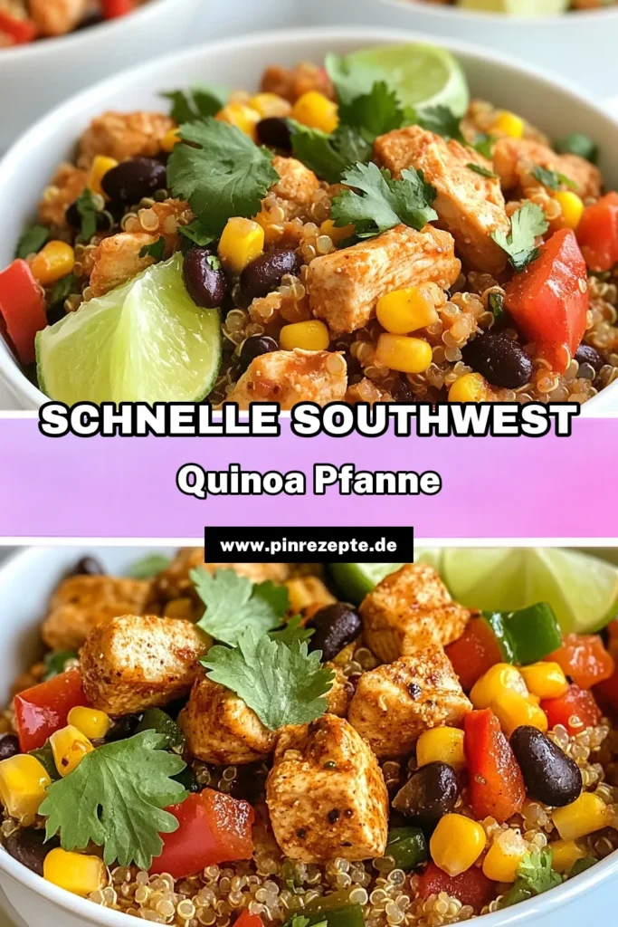 Entdecke dieses köstliche südwestliche Hähnchenrezept, das ein gesundes Hähnchengericht mit Quinoa vereint! Dieses einfache Quinoa Pfannenrezept ist perfekt für schnelle Abendessen mit Quinoa und bringt mit Tex-Mex Aromen frischen Wind in deine Küche. Lass dir dieses nahrhafte Gericht nicht entgehen! Probiere es aus und teile deine Kreation. #SüdwestlichesHähnchenrezept #QuinoaPfannenrezept #GesundesHähnchengericht #TexMexQuinoa