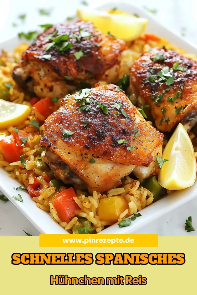 Entdecke dieses Ein-Pfannen Hühnchen Rezept für spanisches Hühnchen mit Reis, das deine Geschmacksknospen begeistern wird! Mit saftigem Hühnchen, köstlicher Paprika und aromatischen Gewürzen ist dieses einfache Hühnchen Gericht perfekt für jeden Anlass. Ideal für schnelle Pfannenrezepte, die vollgepackt mit Geschmack sind. Probiere es aus und bringe Abwechslung in dein Dinner! Speichere es für später! #EinPfannenHühnchenRezept #SchnelleRezepte #SpanischesHühnchen #HühnchenMitReis