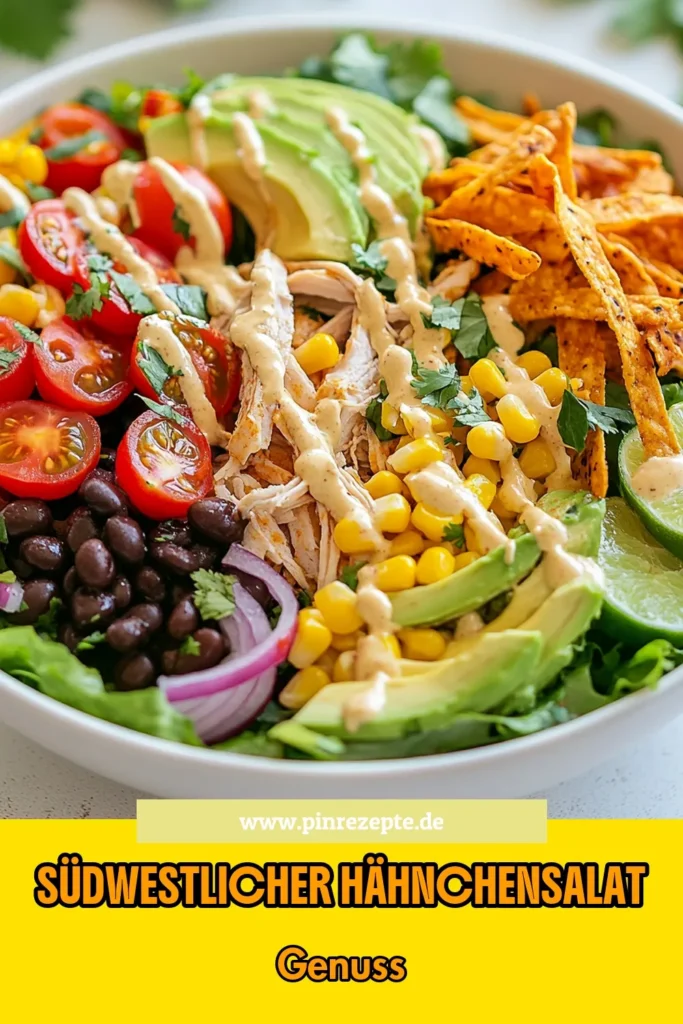 Entdecke dieses leckere Hähnchensalat Rezept für einen einzigartigen Südwestlichen Hähnchensalat, der gesund und voller Geschmack ist! Dieser Tex-Mex Hähnchensalat mit Avocado Hähnchensalat kombiniert frische Zutaten wie Hähnchen, schwarze Bohnen, und eine cremige Joghurt-Dressing. Perfekt für eine leichte Mahlzeit oder als Beilage! Probiere es aus und teile deine Kreation! #HähnchensalatRezept #SüdwestlicherHähnchensalat #GesunderHähnchensalat #TexMexHähnchensalat