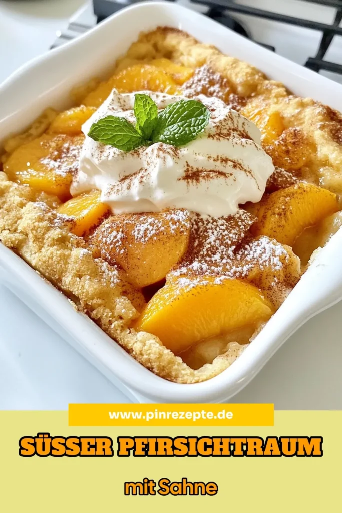 Entdecken Sie unser einfaches Pfirsich Cobbler Rezept, das frische Pfirsiche und eine köstliche Sahnegitter-Kombination vereint. Dieses leckere Pfirsich Rezept ist perfekt für jede Gelegenheit und sorgt mit seinem warmen Pfirsich Kuchen und Schlagsahne für einen himmlischen Genuss. Bereiten Sie dieses Pfirsich Dessert schnell zu und lassen Sie sich von dem Geschmack verzaubern. Speichern Sie es jetzt und probieren Sie es aus! #PfirsichCobbler #Dessertliebe #PfirsichKuchen #SchnelleRezepte