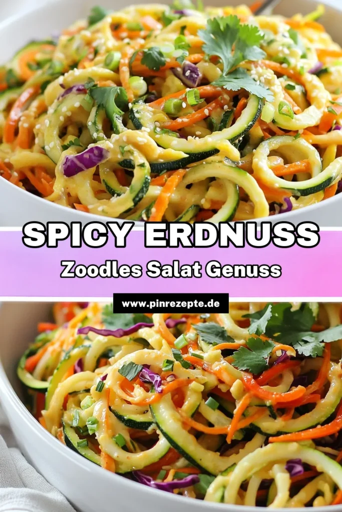 Entdecken Sie unser köstliches Rezept für einen Erdnuss-Zoodles Salat! Dieser gesunde Zucchini Salat mit Spicy Erdnuss Dressing kombiniert knackige Karotten, Paprika und roten Kohl für ein perfektes vegetarisches Gericht. Ideal für asiatische Salate! Genießen Sie diesen frischen Salat als leichte Mahlzeit oder Beilage. Probieren Sie es jetzt aus und speichern Sie das Rezept für später! #ErdnussZoodles #GesundeZucchiniRezepte #VegetarischeSalate #AsiatischeSalate rezept