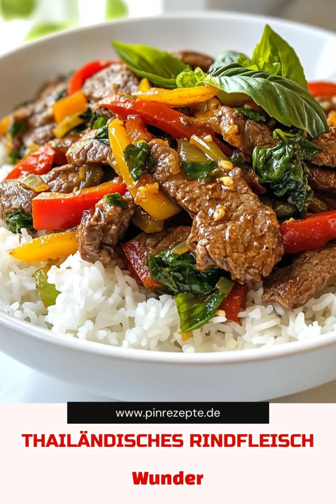 Entdecke dieses köstliche Thai Basilikum Rindfleisch Wok Rezept! In nur 20 Minuten zauberst du ein schnelles Abendessen thailändisch, das mit frischem Thai-Basilikum und zartem Rindfleisch begeistert. Serviere es mit gekochtem Jasminreis und genieße die Aromen. Ideal für alle, die die thailändische Küche lieben! Probiere es aus und lass dich inspirieren! #ThaiBasilikumRindfleisch #RindfleischWokRezept #ThaiStirFryRezept #JasminreisMitRindfleisch