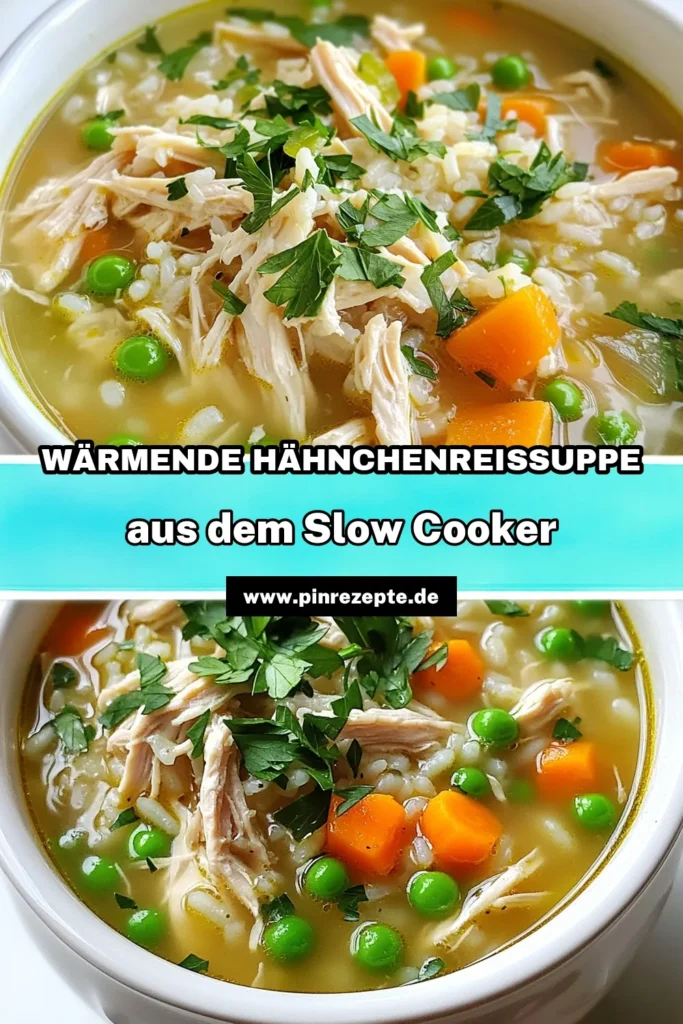 Entdecke die köstliche Gemütliche Slow Cooker Hähnchen- und Reissuppe, die perfekt für kalte Tage ist! Mit zartem Hähnchen, aromatischem Gemüse und duftendem Reis bereitest du in nur 15 Minuten eine herzhafte Suppe zu, die den ganzen Tag im Slow Cooker köchelt. Ideal zum Teilen und Genießen. Klicke hier, um das vollständige Rezept zu erkunden und dir diese Wärme in deiner Küche zu zaubern! #SlowCookerRezepte #HähnchenSuppe #Rezeptideen #Kochinspiration