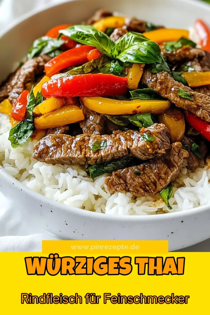 Entdecken Sie unser würziges Thai-Basilikum-Rindfleisch! Dieses Rinderflankensteak Rezept bringt authentische Aromen direkt auf Ihren Teller. In nur 50 Minuten zaubern Sie ein schnelles asiatisches Rezept, das durch die Kombination aus zartem Rindfleisch und frischen Thai-Basilikumblättern besticht. Perfekt serviert mit Jasminreis ist dieses würzige Rindfleischpfanne Gericht ein Muss! Jetzt ausprobieren und speichern! #ThaiBasilikum #Rindfleischrezept #asiatischkochen #schnelleKüche
