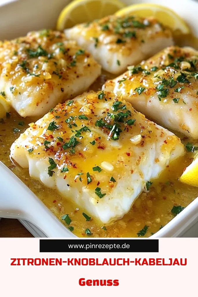 Entdecken Sie unser einfaches und köstliches Zitronen-Knoblauch-Kabeljau Rezept! Dieser Kabeljau mit Butter ist in nur 25 Minuten zubereitet und perfekt für ein schnelles Abendessen. Genießen Sie den aromatischen Geschmack von Knoblauch und Zitrone in jedem Bissen. Ideal für Ihre einfachen Fischrezepte. Probieren Sie dieses Kabeljau backen Rezept aus und lassen Sie sich von den Aromen verzaubern. Jetzt speichern und nachkochen! #Kabeljau #Fischrezepte #Kochen #ZitronenKabeljau