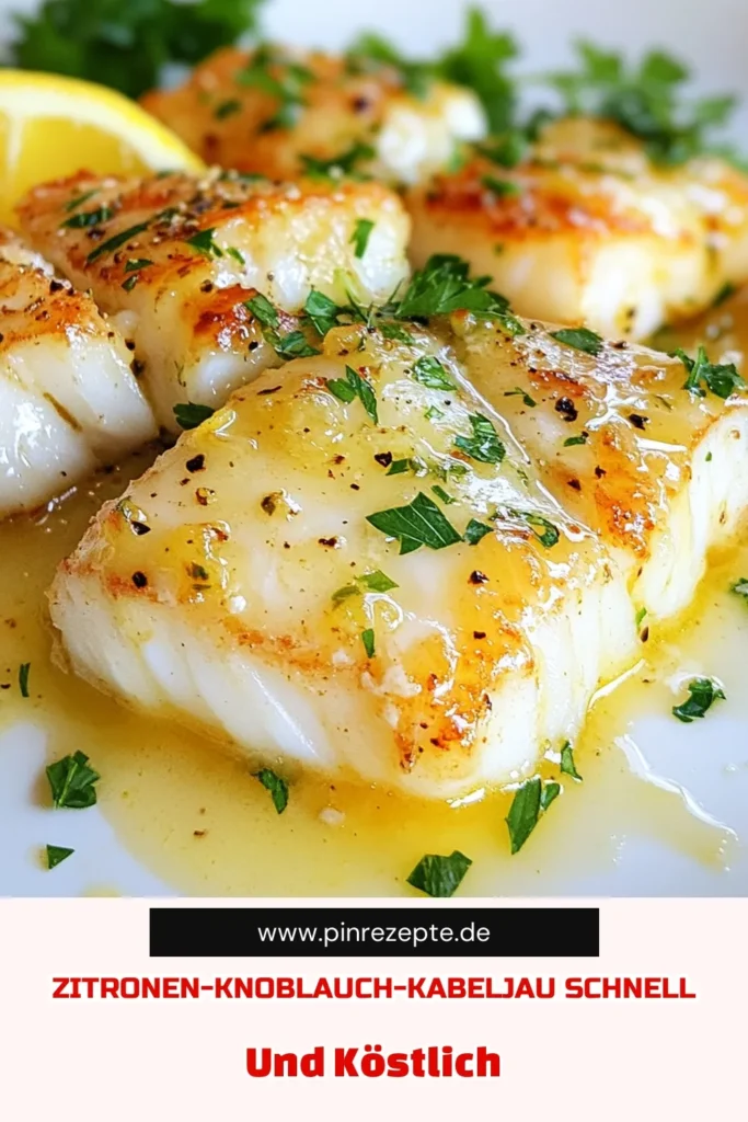 Entdecken Sie unser köstliches Rezept für Zitronen-Knoblauch-Kabeljau, das in nur 25 Minuten zubereitet ist! Dieser Kabeljau mit Butter ist nicht nur einfach zuzubereiten, sondern auch ein gesundes Fischgericht für die ganze Familie. Perfekt als Kabeljau im Ofen serviert, wird es Ihre Geschmacksknospen begeistern. Probieren Sie diese einfachen Fischrezepte und bringen Sie Abwechslung auf Ihren Tisch. Speichern Sie dieses Rezept und teilen Sie Ihre Ergebnisse! #ZitronenKnoblauchKabeljau #KabeljauMitButter #EinfacheFischrezepte #GesundeFischgerichte