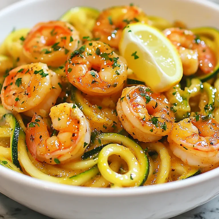 Für dieses leckere Gericht brauchst du folgende Zutaten: - 2 mittelgroße Zucchinis, spiralisiert zu Zoodles - 450g rohe Garnelen, geschält und entdarmt - 4 Knoblauchzehen, fein gehackt - 4 Esslöffel ungesalzene Butter - 2 Esslöffel Olivenöl - Saft von 1 Zitrone - Salz und Pfeffer nach Geschmack - 1 Teelöffel rote Pfefferflocken (optional) - Frische Petersilie, gehackt (zum Garnieren) Diese Zutaten machen das Gericht frisch und voll von Geschmack. Die Zucchini gibt eine tolle Textur. Die Garnelen sind zart und die Knoblauchbutter sorgt für ein reichhaltiges Aroma. Für die Zubereitung benötigst du: - Spiralenschneider oder Gemüseschneider - Große Pfanne - Kochlöffel - Schneidebrett - Messer Diese Geräte sind einfach zu bedienen und helfen dir, das Gericht schnell zuzubereiten. Der Spiralenschneider ist besonders wichtig, um die Zoodles herzustellen. - Zucchini: Wähle feste und glänzende Zucchini. Vermeide solche mit Flecken. - Garnelen: Kaufe rohe Garnelen, die klar und glänzend sind. Sie sollten auch kühl gelagert sein. - Knoblauch: Frischer Knoblauch hat eine feste Schale und einen starken Duft. Frische Zutaten machen einen großen Unterschied im Geschmack. Achte darauf, dass du die besten Zutaten wählst, um das beste Ergebnis zu erzielen. {{ingredient_image_2}} Zuerst bereiten wir die Zucchini vor. Nimm zwei mittelgroße Zucchinis und schäle sie. Dann benutze einen Spiralschneider, um Zoodles zu machen. Die Zoodles sind toll, da sie leicht und frisch sind. Du kannst sie leicht mit Salz bestreuen. Lass sie für ein paar Minuten stehen. Das hilft, überschüssige Flüssigkeit zu entziehen. Jetzt erhitzt du eine große Pfanne bei mittlerer Hitze. Füge zwei Esslöffel Olivenöl hinzu. Wenn das Öl heiß ist, gib vier fein gehackte Knoblauchzehen in die Pfanne. Brate den Knoblauch etwa eine Minute an. Achte darauf, dass er nicht verbrennt. Dann fügst du 450 Gramm rohe Garnelen hinzu. Würze sie mit Salz, Pfeffer und roten Pfefferflocken, wenn du magst. Koche die Garnelen, bis sie rosa sind. Das dauert etwa zwei bis drei Minuten pro Seite. Nimm die Garnelen dann aus der Pfanne und lege sie beiseite. Reduziere die Hitze in der Pfanne auf niedrig. Jetzt fügst du vier Esslöffel ungesalzene Butter hinzu. Lass die Butter schmelzen. Sobald sie geschmolzen ist, rühre den Saft von einer Zitrone unter. Diese Sauce gibt dem Gericht einen frischen Geschmack. Gib nun die Zoodles in die Pfanne und wende sie sanft in der Knoblauchbuttersauce. Lass sie zwei bis drei Minuten kochen. Sie sollten gerade zart sein. Jetzt gibst du die gekochten Garnelen zurück in die Pfanne. Vermische alles gut und erhitze es ein bis zwei Minuten weiter. Schmecke die Zoodles mit mehr Salz und Pfeffer ab, wenn nötig. Nimm die Pfanne vom Herd und garniere das Gericht mit frisch gehackter Petersilie. Jetzt sind deine Knoblauchbutter Garnelen Zoodles bereit zum Servieren! Um den Geschmack deiner Knoblauchbutter Garnelen Zoodles zu verbessern, kannst du frische Kräuter nutzen. Petersilie passt perfekt dazu. Du kannst auch frischen Zitronenabrieb hinzufügen, um das Gericht aufzupeppen. Ein Spritzer Zitrone bringt frische Noten. Wenn du magst, probiere auch einen Hauch von Parmesan zum Servieren. Die Garzeit für Garnelen ist wichtig. Koche sie nur 2-3 Minuten pro Seite. Garnelen sind perfekt, wenn sie rosa und fest sind. Wenn du sie zu lange kochst, werden sie gummiartig. Achte darauf, dass du sie sofort nach dem Kochen aus der Pfanne nimmst. So bleiben sie zart und saftig. Um matschige Zoodles zu vermeiden, ist die Vorbereitung entscheidend. Salze die Zoodles vor der Zubereitung leicht und lasse sie abtropfen. So entziehst du überschüssige Feuchtigkeit. Wenn du die Zoodles in die Pfanne gibst, koche sie nur kurz. 2-3 Minuten sollten reichen, um sie zart, aber nicht matschig zu halten. Achte darauf, die Hitze nicht zu hoch zu stellen. Pro Tipps Zucchini vorbereiten: Wenn du die Zoodles mit etwas Salz bestreust und 10 Minuten ruhen lässt, entziehst du überschüssige Feuchtigkeit und sorgst für ein besseres Ergebnis. Knoblauch richtig anbraten: Achte darauf, den Knoblauch nur kurz zu braten, bis er aromatisch ist, um ein Verbrennen zu vermeiden, das den Geschmack beeinträchtigen könnte. Garnelen perfekt garen: Koche die Garnelen nur bis sie rosa und undurchsichtig sind, damit sie zart und saftig bleiben. Überkoche sie nicht, da sie sonst gummiartig werden. Frische Kräuter verwenden: Frische Petersilie als Garnitur sorgt nicht nur für eine schöne Optik, sondern bringt auch frische Aromen in das Gericht. Verwende sie großzügig! {{image_4}} Wenn du Garnelen nicht magst, probiere Hähnchen oder Tofu. Hähnchenbrust ist einfach zuzubereiten. Schneide sie in kleine Stücke und brate sie gleich wie die Garnelen. Tofu ist eine tolle vegane Option. Verwende festen Tofu und brate ihn an, bis er goldbraun ist. Beide Optionen passen gut zur Knoblauchbuttersauce. Füge mehr Gemüse hinzu, um die Zoodles bunter zu machen. Brokkoli, Paprika oder Spinat sind gute Optionen. Du kannst sie einfach in die Pfanne geben, während du die Garnelen kochst. So erhältst du zusätzliche Nährstoffe und einen tollen Geschmack. Auch Karotten in feinen Streifen sind lecker. Experimentiere mit Gewürzen für neue Geschmäcker. Füge frischen Basilikum oder Oregano für italienischen Flair hinzu. Für etwas Schärfe sind Chili oder Ingwer großartig. Ein Spritzer Sojasauce bringt einen asiatischen Twist. Sei kreativ und finde deine Lieblingskombinationen. Diese Variationen machen dein Gericht besonders und lecker. Um die Reste von deinem Knoblauchbutter Garnelen Zoodles zu lagern, verwende einen luftdichten Behälter. Stelle sicher, dass die Zoodles und Garnelen gut abgekühlt sind, bevor du sie hineinlegst. So bleiben sie frisch und schmackhaft. Lagere die Reste im Kühlschrank. Sie halten sich dort bis zu zwei Tage. Um die Reste aufzuwärmen, lege sie in eine mikrowellengeeignete Schüssel. Füge einen Esslöffel Wasser hinzu, um Dampf zu erzeugen. Decke die Schüssel locker mit einem Deckel oder einem Teller ab. Erhitze die Mischung bei mittlerer Leistung. Rühre alle 30 Sekunden um, bis alles heiß ist. Achte darauf, dass die Garnelen nicht überkochen. Die Haltbarkeit des Gerichts ist begrenzt. Nach zwei Tagen solltest du die Reste entsorgen. Achte auf Veränderungen im Geruch oder der Farbe. Wenn du dir unsicher bist, ist es besser, auf Nummer sicher zu gehen und die Reste wegzuwerfen. So bleibt die Qualität deiner Gerichte hoch und sicher. Um die Zoodles vorzubereiten, benutze einen Spiralschneider. Zucchinis sind perfekt dafür. Du kannst sie auch leicht mit Salz bestreuen. Lass sie dann etwa 10 Minuten stehen. Das entzieht der Zucchini überschüssige Feuchtigkeit. So bleiben die Zoodles knackig. Ja, du kannst gefrorene Garnelen verwenden. Achte darauf, sie vorher aufzutauen. Am besten lässt du sie über Nacht im Kühlschrank. So haben sie die beste Textur. Wenn du sie schnell auftauen möchtest, lege sie in kaltes Wasser. Das dauert nur etwa 15-20 Minuten. Eine Portion Knoblauchbutter Garnelen Zoodles hat etwa 350 Kalorien. Die genaue Zahl kann je nach Zutaten variieren. Wenn du weniger Butter oder Öl verwendest, sinkt die Kalorienzahl. Das macht das Gericht leichter und gesünder. Ja, dieses Rezept ist glutenfrei. Du verwendest nur frische Zutaten. Zucchini, Garnelen und Gewürze enthalten kein Gluten. So kannst du es unbesorgt genießen. Es ist auch ideal für glutenfreie Ernährung. Die Zubereitung von Knoblauchbutter Garnelen Zoodles ist einfach und lecker. Sie haben gelernt, welche Zutaten wichtig sind und wie man sie auswählt. Die Schritt-für-Schritt-Anleitung macht es leicht zuzubereiten. Wenn Sie Geschmack und Textur optimieren wollen, haben Sie die besten Tipps erhalten. Sie können auch Variationen ausprobieren, um das Gericht zu personalisieren. Denken Sie daran, die Reste richtig zu lagern. Mit diesem Wissen können Sie köstliche Mahlzeiten genießen. Viel Spaß beim Kochen und Experimentieren!