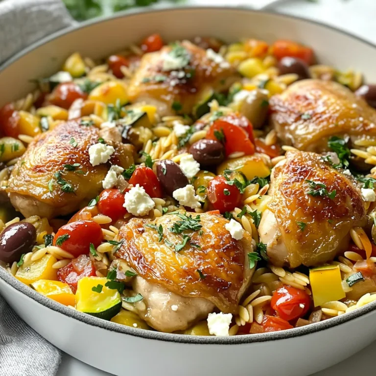 - 450 g Hähnchenschenkel, entbeint und hautlos, in mundgerechte Stücke geschnitten - 1 Tasse Orzo-Nudeln - 1 Dose (400 g) gewürfte Tomaten, mit Saft - 2 Esslöffel Olivenöl - 1 Teelöffel getrockneter Oregano - 1 Teelöffel getrockneter Thymian - 1 Teelöffel geräuchertes Paprikapulver - Salz und Pfeffer nach Geschmack - 1 Zwiebel, gewürfelt - 2 Knoblauchzehen, fein gehackt - 1 roter Paprika, gewürfelt - 1 Zucchini, gewürfelt - 120 g Feta-Käse, zerbröselt - 60 g Kalamata-Oliven, entsteint und halbiert Ich liebe es, frische Zutaten zu verwenden. Hähnchenschenkel geben viel Geschmack und sind einfach zu handhaben. Die Orzo-Nudeln sind perfekt für dieses Gericht, da sie die Aromen gut aufnehmen. Gewürzte Tomaten bringen Saftigkeit und Frische. Olivenöl ist mein Favorit zum Braten. Es gibt dem Gericht ein tolles Aroma. Oregano und Thymian sind klassische Gewürze in der griechischen Küche. Sie verleihen dem Gericht Tiefe. Geräuchertes Paprikapulver gibt eine angenehme Schärfe. Das Gemüse bringt Farbe und Textur. Zwiebeln und Knoblauch sind die Basis für viele Rezepte. Roter Paprika und Zucchini fügen Süße und Knackigkeit hinzu. Feta-Käse macht das Gericht cremig und herzhaft. Kalamata-Oliven sorgen für einen salzigen Biss. Mit diesen Zutaten ist die Griechische Orzo-Hühnchen-Pfanne einfach und lecker. Du wirst sie lieben! {{ingredient_image_2}} Zuerst schneiden wir die Hähnchenschenkel in kleine Stücke. Das sorgt für eine schnelle Garzeit. Würze die Hähnchenstücke mit Salz, Pfeffer und geräuchertem Paprikapulver. So bekommen sie einen tollen Geschmack. Jetzt kümmern wir uns um das Gemüse. Würfle die Zwiebel und hacke den Knoblauch fein. Der Zwiebelgeschmack wird süßlich, wenn sie brät. Der Knoblauch bringt ein tolles Aroma. Würfle auch den roten Paprika und die Zucchini. Diese beiden geben dem Gericht Farbe und Frische. Halte das Gemüse bereit, bis es gebraucht wird. Erhitze das Olivenöl in einer großen Pfanne bei mittlerer Hitze. Füge die Zwiebel und den Knoblauch in die Pfanne. Brate sie für etwa zwei bis drei Minuten an, bis die Zwiebel glasig wird. Jetzt kommen die Hähnchenstücke dazu. Brate sie für fünf bis sieben Minuten an. Achte darauf, dass sie von allen Seiten goldbraun sind. Das gibt dem Hähnchen eine schöne Textur und Geschmack. Rühre den roten Paprika und die Zucchini in die Pfanne ein. Brate sie für drei bis vier Minuten an. Das Gemüse wird leicht weich und bleibt knackig. Jetzt kommen die gewürfelten Tomaten, die Hühnerbrühe, Oregano und Thymian dazu. Lasse alles aufkochen. Mische die Orzo-Nudeln gut unter. Decke die Pfanne ab und lasse sie bei niedriger Hitze 12 bis 15 Minuten köcheln. So nehmen die Nudeln die Flüssigkeit auf und werden lecker. Wenn die Orzo fertig ist, nimm die Pfanne vom Herd. Hebe den zerbröselten Feta-Käse und die Kalamata-Oliven vorsichtig unter. So verteilen sich die Aromen gut. Garniere das Gericht mit frisch gehackter Petersilie. Das gibt einen frischen Touch! Um die Orzo-Nudeln perfekt zuzubereiten, achte auf die Garzeit. Koche sie 12-15 Minuten, bis sie al dente sind. Rühre oft um, damit sie nicht ankleben. Für das Hähnchen ist die optimale Garzeit 5-7 Minuten. Brate die Stücke an, bis sie goldbraun sind. Dies sorgt für einen tollen Geschmack. Serviere die Griechische Orzo-Hühnchen-Pfanne direkt in der Pfanne. Das sieht rustikal aus und ist einfach. Du kannst auch individuelle Portionen anrichten. Garniere das Gericht mit extra Feta und frischer Petersilie. Zitronenschnitze sind eine tolle Beilage. Sie geben dem Gericht eine spritzige Note und frischen Geschmack. Pro Tipps Hähnchen marinieren: Lasse die Hähnchenstücke vor dem Braten für mindestens 30 Minuten in einer Mischung aus Olivenöl, Zitronensaft und Gewürzen marinieren, um den Geschmack zu intensivieren. Orzo richtig kochen: Achte darauf, die Orzo-Nudeln nicht zu lange zu kochen. Sie sollten al dente sein, damit sie in der Pfanne nicht matschig werden. Feta-Käse hinzufügen: Füge den zerbröselten Feta-Käse erst kurz vor dem Servieren hinzu, damit er nicht zu stark schmilzt und seine Textur behält. Gemüse variieren: Du kannst das Gemüse nach Saison oder Vorliebe variieren. Spinat, Auberginen oder Kirschtomaten passen ebenfalls hervorragend zu diesem Gericht. {{image_4}} Eine tolle Variante ist die vegetarische Option. Hier kannst du das Hähnchen durch frisches Gemüse ersetzen. Zucchini, Auberginen oder Pilze passen gut. Das gibt deinem Gericht einen neuen Geschmack. Ein weiterer Vorschlag ist, verschiedene Käsesorten zu verwenden. Feta ist klassisch, aber Ziegenkäse bringt eine andere Note. Dieser Käse schmilzt wunderbar und verleiht dem Gericht eine cremige Textur. Nutze frisches Gemüse je nach Saison. Im Sommer sind Tomaten und Paprika frisch und süß. Im Winter kannst du Wurzelgemüse wie Karotten und Pastinaken verwenden. Sie geben deinem Gericht Tiefe und Geschmack. Die Gewürze sind ebenfalls anpassbar. Wenn du es schärfer magst, füge etwas Chili hinzu. Für eine frischere Note kannst du Zitronenschale oder frischen Dill verwenden. So passt das Gericht immer zu deinem Geschmack. Nach dem Kochen der griechischen Orzo-Hühnchen-Pfanne bleibt oft etwas übrig. Du kannst die Reste einfach im Kühlschrank aufbewahren. Achte darauf, sie in einem luftdichten Behälter zu lagern. Dort bleiben sie bis zu drei Tage frisch. Wenn du mehr Zeit sparen möchtest, kannst du auch Portionen einfrieren. Teile das Gericht in kleinere Behälter auf. So hast du schnell eine leckere Mahlzeit zur Hand, wann immer du Lust hast. Die gefrorenen Portionen halten bis zu drei Monate. Wenn es Zeit ist, die Reste aufzuwärmen, gibt es ein paar einfache Tipps. Du kannst die Orzo-Hühnchen-Pfanne in einer Pfanne auf dem Herd erhitzen. Füge einen Schuss Hühnerbrühe oder Wasser hinzu. Das hilft, das Gericht feucht zu halten. Rühre gelegentlich um, damit es gleichmäßig warm wird. Du kannst auch die Mikrowelle nutzen. Stelle sicher, dass du einen mikrowellengeeigneten Behälter verwendest. Decke die Schüssel ab und erwärme das Gericht in kurzen Intervallen. So vermeidest du, dass es austrocknet. Die Zubereitungszeit für die Griechische Orzo-Hühnchen-Pfanne beträgt insgesamt etwa 35 Minuten. Davon sind 10 Minuten für die Vorbereitung nötig. Während dieser Zeit schneidest du das Hähnchen und das Gemüse. Die Kochzeit liegt bei etwa 25 Minuten. In dieser Zeit brätst du die Zutaten an und lässt sie köcheln, bis alles gar ist. Diese einfache und schnelle Zubereitung macht das Rezept ideal für ein schnelles Abendessen. Ja, du kannst das Rezept im Voraus zubereiten. Koche die Orzo-Hühnchen-Pfanne und lasse sie abkühlen. Danach kannst du sie in einem luftdichten Behälter im Kühlschrank aufbewahren. Sie bleibt dort bis zu drei Tage frisch. Wenn du sie aufbewahrst, achte darauf, die Oliven und den Feta erst kurz vor dem Servieren hinzuzufügen. So bleibt der Geschmack frisch. Zum Aufwärmen einfach einige Minuten in der Pfanne oder in der Mikrowelle erhitzen. Es gibt viele Möglichkeiten, die Griechische Orzo-Hühnchen-Pfanne gesünder zu machen. Du kannst die Menge des Hähnchens reduzieren und mehr Gemüse hinzufügen. Zum Beispiel eignen sich Brokkoli oder Spinat gut. Eine andere Option ist, Vollkorn-Orzo-Nudeln zu verwenden. Dies erhöht den Ballaststoffgehalt. Außerdem kannst du den Feta-Käse durch einen fettärmeren Käse ersetzen. Das macht das Gericht leichter, ohne den Geschmack zu verlieren. Zusammenfassend bietet dieses Rezept eine einfache Methode, um eine schmackhafte griechische Orzo-Hühnchen-Pfanne zuzubereiten. Mit Hähnchenschenkeln, frischem Gemüse und Orzo-Nudeln entsteht ein tolles Gericht. Die Gewürze verleihen dem Ganzen besonderen Geschmack. Vergessen Sie nicht die Tipps zur Aufbewahrung und Aufwärmung. Sie können das Rezept anpassen, um es vegetarisch zu gestalten oder saisonales Gemüse zu nutzen. Probieren Sie es aus und genießen Sie die Vielfalt!