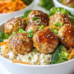 Für die Teriyaki Hackfleischbällchen brauche ich: - 450 g gemahlenes Hähnchen oder Pute - 60 ml Semmelbrösel - 60 ml grüne Zwiebeln, gehackt - 1 Knoblauchzehe, fein gehackt - 1 Esslöffel Ingwer, gerieben - 1 Ei, verquirlt - Salz und Pfeffer nach Geschmack - 60 ml Teriyaki-Sauce (plus zusätzlich zum Beträufeln) Diese Zutaten machen die Bällchen saftig und schmackhaft. Das Hähnchen oder die Pute geben eine zarte Textur. Die Semmelbrösel helfen, alles zusammenzuhalten. Die grünen Zwiebeln und der Knoblauch sorgen für einen frischen Geschmack. Für den Reis benötige ich: - 480 ml gekochter Jasminreis Ich koche den Reis einfach nach Packungsanweisung. Jasminreis hat ein feines Aroma. Er passt perfekt zu den Hackfleischbällchen. Wenn der Reis zubereitet ist, lasse ich ihn kurz abkühlen. So bleibt er locker und fluffig. Für die Beilagen und Garnierungen verwende ich: - 240 ml gedämpfte Brokkoliröschen - 120 ml geriebene Karotten - Sesamsamen zum Garnieren Brokkoli und Karotten bringen Farbe und Nährstoffe in die Schüssel. Ich dämpfe das Gemüse, um die Vitamine zu erhalten. Die Sesamsamen gebe ich oben drauf. Sie bringen einen nussigen Geschmack und eine schöne Textur. So wird jede Schüssel zu einem kleinen Kunstwerk auf dem Tisch! {{ingredient_image_2}} Zuerst musst du alle Zutaten bereitstellen. Nimm 450 g gemahlenes Hähnchen oder Pute. Füge 60 ml Semmelbrösel und 60 ml gehackte grüne Zwiebeln hinzu. Hacke eine Knoblauchzehe fein und reibe einen Esslöffel Ingwer. Du brauchst auch ein verquirltes Ei. Schmecke mit Salz und Pfeffer ab. Vergiss nicht 60 ml Teriyaki-Sauce. Jetzt mischst du alles in einer großen Schüssel. Rühre gut, bis die Mischung gleichmäßig ist. Forme kleine Bällchen, etwa 2,5 cm groß. Lege die Bällchen auf ein Backblech mit Backpapier. Stelle sicher, dass sie genug Platz haben. Heize den Ofen auf 200 °C vor. Backe die Hackfleischbällchen 20 Minuten lang. Sie sollten gar und goldbraun sein. Während die Bällchen backen, koche 480 ml Jasminreis. Dämpfe auch 240 ml Brokkoliröschen und 120 ml geriebene Karotten. Wenn die Bällchen fertig sind, wende sie in etwas Teriyaki-Sauce. Jetzt bist du bereit, die Reis-Schüsseln zusammenzustellen. Gib eine Portion Reis in jede Schüssel. Belege sie mit den Hackfleischbällchen, Brokkoli und Karotten. Garniere alles mit Sesamsamen und etwas zusätzlicher Teriyaki-Sauce. Um die besten Hackfleischbällchen zu machen, nutze frisches, gemahlenes Hähnchen oder Pute. Achte darauf, die Zutaten gut zu vermischen. Ich empfehle, deine Hände zu benutzen. So spürst du die Textur. Forme gleichmäßige Bällchen, etwa 2,5 cm groß. Das hilft beim gleichmäßigen Garen. Denke daran, die Bällchen nicht zu fest zu drücken. Sie sollen locker bleiben, damit sie saftig sind. Die Wahl der Teriyaki-Sauce ist wichtig. Eine gute Sauce hat einen süßen und salzigen Geschmack. Ich empfehle, eine Sauce ohne künstliche Zusatzstoffe zu wählen. Lies die Zutatenliste. Wenn du es schärfer magst, füge etwas Chili hinzu. Probiere verschiedene Marken aus, um deinen Favoriten zu finden. Du kannst auch Teriyaki-Sauce selbst machen. So kontrollierst du die Zutaten und den Geschmack. Jasminreis ist die beste Wahl für dieses Gericht. Koche ihn nach Packungsanleitung. Achte auf das Verhältnis von Wasser zu Reis. Zu viel Wasser macht ihn matschig. Während der Reis kocht, dampfe deinen Brokkoli und die Karotten. Dämpfen erhält die Farben und Nährstoffe. Verwende einen Dampfkorb oder eine Mikrowelle. So bleibt das Gemüse knackig und frisch. Wenn alles fertig ist, stelle die Schüsseln ansprechend zusammen. So macht das Essen noch mehr Spaß! Pro Tipps Die richtige Konsistenz: Achten Sie darauf, dass die Hackfleischmischung gut gebunden ist, damit die Bällchen beim Backen nicht auseinanderfallen. Optionales Gemüse: Fügen Sie zusätzliches Gemüse wie Paprika oder Zucchini hinzu, um mehr Farbe und Nährstoffe in Ihre Schüsseln zu bringen. Würze anpassen: Experimentieren Sie mit verschiedenen Gewürzen oder Sojasauce, um den Geschmack der Hackfleischbällchen zu variieren. Vorbereitung im Voraus: Bereiten Sie die Hackfleischbällchen im Voraus zu und frieren Sie sie ein, um eine schnelle Mahlzeit für später zu haben. {{image_4}} Du kannst die Hackfleischbällchen auch mit Tofu zubereiten. Nimm 450 g festen Tofu und zerdrücke ihn gut. Mische ihn mit Semmelbröseln, gehackten grünen Zwiebeln, Knoblauch, Ingwer und einem verquirlten Ei. Diese Mischung gibt dir eine tolle vegetarische Option. Die Textur wird anders, aber die Aromen bleiben lecker. Füge deiner Mischung Gewürze hinzu, um den Geschmack zu verbessern. Ein Teelöffel Sojasauce kann einen salzigen Kick geben. Du kannst auch etwas Chilipulver für Schärfe verwenden. Frische Kräuter wie Koriander oder Petersilie bringen Farbe und Geschmack. Experimentiere mit verschiedenen Zutaten, um deine eigene Note zu finden. Jasminreis ist klasse, aber du kannst auch andere Reisarten verwenden. Probiere Basmatireis für ein nussiges Aroma. Quinoa ist eine gesunde Option, die viel Protein hat. Für einen herzhaften Geschmack kannst du braunen Reis nutzen. Jede Reisart bringt ihren eigenen Charakter in die Schüssel. Um die Teriyaki Hackfleischbällchen frisch zu halten, lege sie in einen luftdichten Behälter. So bleiben sie bis zu drei Tage gut. Stelle sicher, dass die Bällchen abgekühlt sind, bevor du sie lagerst. Dies verhindert Kondenswasser und hält sie saftig. Du kannst die Hackfleischbällchen auch einfrieren. Lege sie nach dem Backen auf ein Backblech. Lass sie eine Stunde im Gefrierfach, bis sie fest sind. Danach packe sie in einen gefrierfesten Beutel. Sie sind bis zu drei Monate haltbar. Achte darauf, die Luft herauszudrücken, um Gefrierbrand zu vermeiden. Zum Aufwärmen der Schüsseln kannst du die Mikrowelle nutzen. Stelle die Schüssel für zwei bis drei Minuten bei mittlerer Hitze ein. Du kannst die Schüssel auch im Ofen aufwärmen. Stelle den Ofen auf 180 °C ein und erwärme die Schüssel für etwa zehn Minuten. So bleibt alles schön warm und lecker. Du kannst die Teriyaki Hackfleischbällchen bis zu drei Tage im Kühlschrank aufbewahren. Stelle sicher, dass sie in einem luftdichten Behälter sind. So bleiben sie frisch und lecker. Wenn du sie länger aufbewahren möchtest, friere sie ein. Im Gefrierfach halten sie bis zu drei Monate. Ja, du kannst die Hackfleischbällchen im Voraus machen. Bereite die Mischung einfach vor und forme die Bällchen. Lege sie auf ein Backblech und decke sie ab. Du kannst sie bis zu 24 Stunden im Kühlschrank lagern. Backe sie dann einfach, wenn du bereit bist zu essen. Das spart Zeit und macht das Kochen einfacher. Die Teriyaki Hackfleischbällchen passen gut zu Jasminreis, gedämpftem Brokkoli und geriebenen Karotten. Du kannst auch andere Gemüsesorten wie Paprika oder Zucchini hinzufügen. Für extra Geschmack kannst du die Schüsseln mit Sesamsamen oder frischen Kräutern garnieren. Das macht das Gericht bunt und ansprechend. Die Zutaten für Teriyaki Hackfleischbällchen sind die Basis für ein leckeres Gericht. Wir haben die Schritte zur Zubereitung von Jasminreis und passenden Beilagen ausführlich besprochen. Die Tipps helfen dir, perfekte Hackfleischbällchen und Reis zuzubereiten. Denk an die Variationen wie die vegetarische Option mit Tofu. Lagere deine Bällchen richtig, um die Frische zu bewahren. Diese Rezeptideen bieten viel Flexibilität und Genuss. Probiere sie aus und entdecke deine Favoriten!