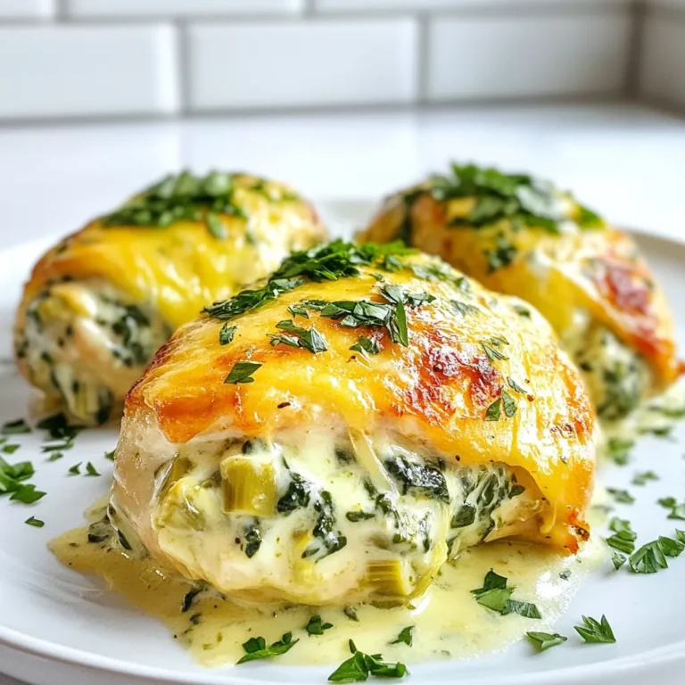Hier sind die Zutaten, die Sie für das Spinach Artichoke Stuffed Chicken brauchen: - 4 Hähnchenbrustfilets, ohne Haut und ohne Knochen - 1 Tasse frischer Spinat, grob gehackt - 1 Tasse Artischockenherzen aus der Dose, abgetropft und gehackt - 1/2 Tasse Frischkäse, weich - 1/2 Tasse geriebener Mozzarella-Käse - 1/4 Tasse geriebener Parmesan-Käse - 2 Knoblauchzehen, fein gehackt - 1 Teelöffel Olivenöl - Salz und Pfeffer nach Geschmack - 1 Teelöffel italienische Gewürzmischung - Frische Petersilie, gehackt (zum Garnieren) Frische Zutaten bieten oft mehr Geschmack und Nährstoffe. Ich empfehle, frischen Spinat zu verwenden. Er hat eine bessere Textur und Farbe. Artischockenherzen aus der Dose sind jedoch praktisch und einfach zu verwenden. Sie sparen Zeit und sind immer verfügbar. Wenn Sie möchten, können Sie auch frische Artischocken verwenden, aber das erfordert mehr Arbeit. Die Hauptzutaten haben viele Vorteile. - Hähnchenbrust ist eine gute Proteinquelle. Sie hilft beim Muskelaufbau und der Gewichtsreduktion. - Spinat ist reich an Eisen und Vitaminen. Er unterstützt die Gesundheit Ihrer Augen und Ihres Immunsystems. - Artischocken enthalten Antioxidantien und fördern die Verdauung. - Käse liefert Kalzium, wichtig für starke Knochen. Diese Kombination macht das Gericht nicht nur lecker, sondern auch nahrhaft. {{ingredient_image_2}} Heize deinen Ofen auf 190°C (375°F) vor. Dies ist wichtig, damit das Hühnchen gleichmäßig gart. Nimm die Hähnchenbrustfilets und lege sie auf ein Schneidebrett. Mit einem scharfen Messer schneidest du vorsichtig eine Tasche in jedes Filet. Achte darauf, nicht ganz durchzuschneiden. Dies hilft, die Füllung gut zu halten. In einer mittelgroßen Schüssel vermischst du die folgenden Zutaten: - 1 Tasse frischer Spinat, grob gehackt - 1 Tasse Artischockenherzen aus der Dose, abgetropft und gehackt - 1/2 Tasse Frischkäse, weich - 1/2 Tasse geriebener Mozzarella-Käse - 1/4 Tasse geriebener Parmesan-Käse - 2 Knoblauchzehen, fein gehackt - 1 Teelöffel Olivenöl - Salz und Pfeffer nach Geschmack - 1 Teelöffel italienische Gewürzmischung Vermenge alles gut. Diese Mischung gibt deinem Hühnchen tollen Geschmack. Fülle jede Hähnchenbrust mit der Spinat-Artischocken-Mischung. Wenn nötig, kannst du die Öffnungen mit Zahnstochern sichern. Würze die Außenseite der Hähnchenbrüste mit Salz, Pfeffer und einer Prise italienischer Gewürzmischung. Erhitze eine große, ofenfeste Pfanne bei mittlerer Hitze. Füge einen Schuss Olivenöl hinzu. Brate die gefüllten Hähnchenbrüste auf jeder Seite 3-4 Minuten lang, bis sie goldbraun sind. Danach übertrage die Pfanne in den vorgeheizten Ofen. Backe die Hähnchen 20-25 Minuten lang, bis sie durchgegart sind. Die Innentemperatur sollte 75°C (165°F) erreichen. Lass das Hühnchen nach dem Garen 5 Minuten ruhen. Entferne die Zahnstochern und garniere das Gericht mit frischer Petersilie. Jetzt kannst du es aufschneiden und servieren. Um die Füllung perfekt zu machen, mische gleichmäßige Mengen von Spinat und Artischocken. Der Frischkäse gibt der Füllung eine cremige Textur. Mozzarella und Parmesan sorgen für einen tollen Geschmack. Achte darauf, den Knoblauch fein zu hacken, damit er gleichmäßig verteilt ist. Vergiss nicht, Olivenöl und italienische Gewürzmischung hinzuzufügen, um das Aroma zu verstärken. Trockenes Hühnchen schmeckt nicht gut. Um das zu vermeiden, achte darauf, die Hähnchenbrustfilets nicht zu lange zu kochen. Die Innentemperatur sollte 75°C erreichen. Lass das Hühnchen nach dem Garen ruhen. Das hilft, die Säfte zu halten. Wenn du die Füllung großzügig hinzufügst, bleibt das Hühnchen auch saftig. Es gibt viele Wege, dieses Gericht zuzubereiten. Du kannst das Hühnchen grillen, anbraten oder im Ofen backen. Für eine leichtere Option kannst du auch die Hähnchenbrust ohne Haut verwenden. Probiere die Füllung mit verschiedenen Käsesorten oder Kräutern. Selbst eine vegetarische Variante ist möglich, indem du das Hühnchen weglässt und mehr Gemüse hinzufügst. Pro Tipps Hähnchen vorbereiten: Achten Sie darauf, die Hähnchenbrustfilets gleichmäßig zu schneiden, um ein gleichmäßiges Garen zu gewährleisten. Frischkäse temperieren: Lassen Sie den Frischkäse vor der Verwendung auf Raumtemperatur kommen, damit er sich leichter mit den anderen Zutaten vermengen lässt. Variationen der Füllung: Experimentieren Sie mit anderen Gemüsesorten wie Paprika oder Zucchini, um der Füllung eine persönliche Note zu verleihen. Ruhen lassen: Lassen Sie das Hähnchen nach dem Garen ruhen, damit sich die Säfte gleichmäßig verteilen und das Fleisch saftiger bleibt. {{image_4}} Für eine vegetarische Variante können Sie das Hühnchen weglassen. Stattdessen verwenden Sie Portobello-Pilze. Diese Pilze sind dick und fleischig. Sie behalten die Füllung gut. Nehmen Sie die Pilze, entfernen Sie die Stiele und fügen Sie die Füllung hinzu. Backen Sie sie wie das Hühnchen. Diese Version ist lecker und gesund. Die Gewürze machen den Unterschied. Fügen Sie etwas Paprika oder Cayennepfeffer hinzu für Schärfe. Die italienische Gewürzmischung kann mit Oregano oder Basilikum ersetzt werden. Diese Kräuter bringen frischen Geschmack. Auch ein Hauch von Zitronensaft gibt einen tollen Kick. Experimentieren Sie mit diesen Aromen für mehr Vielfalt. Beilagen ergänzen Ihr Gericht perfekt. Ein frischer Salat ist immer eine gute Wahl. Auch gebratene Gemüse passen gut dazu. Kartoffeln sind eine sättigende Alternative. Probieren Sie auch Quinoa oder Reis. Diese Beilagen runden das Essen ab und machen es noch köstlicher. Um das gefüllte Hühnchen richtig zu lagern, lasse es zuerst abkühlen. Wenn es noch warm ist, kann sich Kondenswasser bilden. Wickele das Hühnchen dann in Frischhaltefolie oder lege es in einen luftdichten Behälter. So bleibt es frisch. Stelle sicher, dass die Füllung gut abgedeckt ist, um Trockenheit zu vermeiden. Das gefüllte Hühnchen hält sich im Kühlschrank bis zu drei Tage. Achte darauf, es in der kältesten Zone zu lagern. Wenn du das Hühnchen länger aufbewahren möchtest, friere es ein. In einem gefrierfesten Behälter bleibt es bis zu drei Monate frisch. Um Reste wieder aufzuwärmen, nutze den Ofen oder die Mikrowelle. Im Ofen heize ihn auf 180°C vor. Lege das Hühnchen in eine Auflaufform und decke es mit Folie ab. So bleibt es saftig. Backe es etwa 20 Minuten lang, bis es warm ist. In der Mikrowelle erwärmst du es in 1-Minuten-Schritten. Überprüfe die Temperatur, damit es gleichmäßig warm wird. Die Zubereitung dauert etwa 15 Minuten. Das Kochen im Ofen benötigt 20 bis 25 Minuten. Insgesamt sind es also rund 50 Minuten von Anfang bis Ende. Ja, Sie können die Füllung im Voraus machen. Bereiten Sie die Mischung aus Spinat, Artischocken, Käse und Gewürzen vor. Lagern Sie sie dann in einem luftdichten Behälter im Kühlschrank. So sparen Sie Zeit beim Kochen. Geeignete Beilagen sind: - Reis oder Quinoa - Gedünstetes Gemüse wie Brokkoli oder Karotten - Ein frischer Salat - Knuspriges Brot Diese Optionen ergänzen das gefüllte Hühnchen gut und machen das Essen komplett. In diesem Blogbeitrag haben wir die wichtigsten Zutaten für Spinat-Artischocken-Hühnchen besprochen. Frische Zutaten bringen den besten Geschmack, während Nährstoffinformationen helfen können, gesunde Entscheidungen zu treffen. Die Schritt-für-Schritt-Anleitung zeigt dir, wie du das Gericht perfekt zubereitest. Tipps wie die Vermeidung von trockenem Hühnchen und Variationen erweitern die Möglichkeiten. Richtiges Lagern sorgt dafür, dass Reste frisch bleiben. Denke daran, Beilagen auszuwählen, die gut dazu passen. Mit diesen Informationen kannst du jederzeit ein leckereres Gericht zaubern.