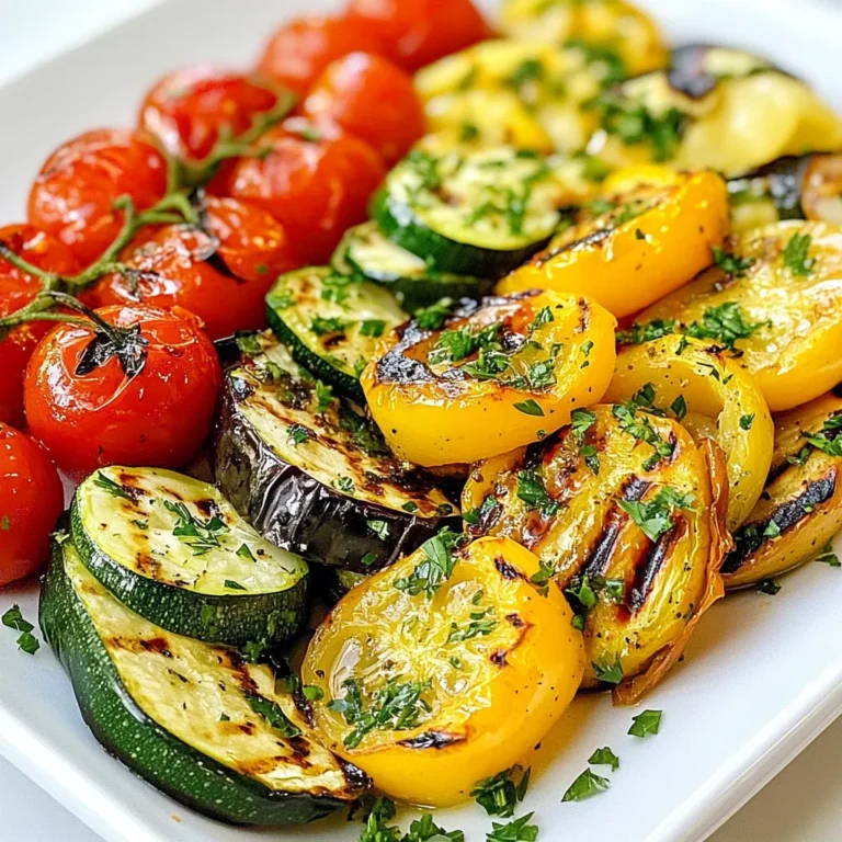 Für dein Zitronen-Kräuter gegrilltes Gemüse brauchst du: - 1 Zucchini, in Runden geschnitten - 1 Paprika (rot oder gelb), gewürfelt - 1 Aubergine, in Halbmonde geschnitten - 1 rote Zwiebel, in Spalten geschnitten - 1 Tasse Kirschtomaten - 3 Esslöffel Olivenöl - 1 Zitrone (Zeste und Saft) - 3 Knoblauchzehen, fein gehackt - 1 Teelöffel getrockneter Oregano - 1 Teelöffel getrockneter Thymian - Salz und Pfeffer nach Geschmack - Frische Petersilie, gehackt (zur Garnierung) Die Wahl des Gemüses ist wichtig. Zucchini hat eine milde Note und wird weich. Paprika verleiht Farbe und Süße. Aubergine gibt einen schönen Biss. Rote Zwiebeln sind süßer als normale Zwiebeln. Kirschtomaten bringen Saftigkeit und Geschmack. Du kannst auch andere Gemüsesorten verwenden, wie Spargel oder Champignons. Kräuter und Gewürze sind der Schlüssel zum Geschmack. Oregano hat einen erdigen Geschmack. Thymian bringt eine frische Note. Die Kombination von Zitrone und Knoblauch sorgt für einen tollen Kick. Frische Kräuter sind immer besser, aber getrocknete sind praktisch. Du kannst auch Basilikum oder Rosmarin ausprobieren. Achte auf das Verhältnis. Zu viel kann den Geschmack überdecken. {{ingredient_image_2}} Zuerst wähle frisches Gemüse aus. Ich empfehle Zucchini, Paprika, Aubergine, rote Zwiebel und Kirschtomaten. Du solltest die Zucchini in Runden schneiden. Die Paprika wird in Würfel geschnitten. Für die Aubergine schneide sie in Halbmonde. Die rote Zwiebel schneidest du in Spalten. Die Kirschtomaten bleiben ganz. Gib das gesamte Gemüse in eine große Schüssel und vermenge es gut. Jetzt bereiten wir die Marinade vor. Nimm eine separate Schüssel. Mische dort das Olivenöl, die Zitronenzeste, den Zitronensaft und den fein gehackten Knoblauch. Füge den getrockneten Oregano, den Thymian, Salz und Pfeffer hinzu. Verquirle alles gut, bis die Mischung emulgiert ist. Gieße die Marinade über das Gemüse und rühre vorsichtig um. Lass das Gemüse mindestens 30 Minuten marinieren. So entfalten sich die Aromen schön. Heize den Grill auf mittelhohe Hitze vor. Wenn du einen Grillkorb verwendest, heize diesen auch vor. Lege das marinierte Gemüse auf die Grillroste oder in den Grillkorb. Grill das Gemüse für etwa 10 bis 15 Minuten. Wende das Gemüse gelegentlich, damit es gleichmäßig gart. Es ist fertig, wenn es zart ist und schöne Grillstreifen hat. Nimm das Gemüse vom Grill und lege es auf eine Servierplatte. Garniere es mit frischer, gehackter Petersilie. Um die besten Ergebnisse zu erzielen, gibt es einige Fehler, die Sie vermeiden sollten: - Nicht vorheizen: Stellen Sie sicher, dass der Grill heiß ist, bevor Sie das Gemüse darauflegen. - Gemüse überfüllen: Legen Sie das Gemüse nicht zu dicht auf den Grill. Es braucht Platz, um gleichmäßig zu garen. - Zu lange grillen: Achten Sie darauf, das Gemüse nicht zu lange zu grillen. 10 bis 15 Minuten sind genug. Die Marinierzeit ist wichtig für den Geschmack. Hier sind einige Tipps: - Mindestens 30 Minuten: Lassen Sie das Gemüse mindestens 30 Minuten in der Marinade. So nehmen die Stücke die Aromen gut auf. - Über Nacht marinieren: Für ein intensiveres Aroma können Sie das Gemüse auch über Nacht im Kühlschrank marinieren. - Einzelne Gemüsegruppen: Marinieren Sie ähnliche Gemüsesorten zusammen, um gleichmäßige Aromen zu erzielen. Es gibt verschiedene Methoden, um Gemüse perfekt zu grillen: - Grillkorb verwenden: Ein Grillkorb verhindert, dass das Gemüse durch die Roste fällt und sorgt für gleichmäßiges Garen. - Direkte Hitze: Legen Sie das Gemüse direkt auf die Grillroste für schöne Grillstreifen und Röstaromen. - Indirekte Hitze: Wenn Sie dickere Stücke grillen, benutzen Sie indirekte Hitze. So garen sie gleichmäßig und bleiben zart. Pro Tipps Gemüse gleichmäßig schneiden: Achten Sie darauf, dass das Gemüse in ähnliche Größen geschnitten wird, damit es gleichmäßig gart und die Grillstreifen schön aussehen. Marinieren für mehr Geschmack: Lassen Sie das Gemüse mindestens 30 Minuten marinieren, um die Aromen zu intensivieren. Noch besser ist es, es über Nacht im Kühlschrank ruhen zu lassen. Den Grill richtig vorheizen: Ein gut vorgeheizter Grill sorgt dafür, dass das Gemüse schnell gart und schöne Grillmarkierungen erhält. Warten Sie mindestens 10 Minuten, nachdem der Grill eingeschaltet wurde. Verwendung von Grillkörben: Wenn Sie kleinere Gemüsestücke haben, verwenden Sie einen Grillkorb, um zu verhindern, dass sie durch die Ritzen fallen. So bleibt das Gemüse auch schön saftig. {{image_4}} Du kannst viele verschiedene Gemüsesorten für dein Gericht nutzen. Hier sind einige Ideen: - Karotten: In dünne Scheiben geschnitten, bringen sie Süße. - Spargel: Lecker, wenn du ihn in der Mitte schneidest. - Brokkoli: Füge kleine Röschen hinzu für eine knusprige Textur. - Pilze: Champignons oder Portobellos geben einen herzhaften Geschmack. - Zucchini: Du kannst auch gelbe Zucchini verwenden für mehr Farbe. Falls du andere Aromen magst, probiere diese Optionen: - Basilikum: Frisch oder getrocknet, es bringt einen süßen Duft. - Rosmarin: Perfekt für einen kräftigen, harzigen Geschmack. - Kreuzkümmel: Gibt den Gemüse einen warmen, erdigen Ton. - Paprikapulver: Für eine rauchige Note, besonders lecker. Mach dein Gericht noch besser mit tollen Beilagen: - Quinoa: Ein nahrhaftes, leichtes Gericht, das gut passt. - Hummus: Ein cremiger Dip, der gut zu gegrilltem Gemüse schmeckt. - Tzatziki: Ein erfrischender Joghurt-Dip mit Gurke und Knoblauch. - Pita-Brot: Ideal, um das Gemüse zu umwickeln oder zu dippen. Wenn du nach einem Grillabend Reste hast, bewahre sie sicher auf. Lass das gegrillte Gemüse zunächst auf Raumtemperatur abkühlen. Verwende dann einen luftdichten Behälter. So bleibt es frisch. Die Reste kannst du bis zu drei Tage im Kühlschrank lagern. Achte darauf, die Reste nicht länger stehen zu lassen. So vermeidest du Lebensmittelverschwendung. Die Lagerung spielt eine große Rolle für den Geschmack. Du kannst das Gemüse in Folie wickeln. Eine andere Möglichkeit ist, es in einen Behälter mit Deckel zu geben. Wenn du das Gemüse einfrieren möchtest, lege es zuerst auf ein Backblech. So friert es gleichmäßig ein. Nach ein paar Stunden kannst du die Stücke in einen Gefrierbeutel umfüllen. Das Gemüse hält sich so bis zu drei Monate. Du kannst mit dem übrig gebliebenen Gemüse viele leckere Gerichte zaubern. Mische es in einen Salat für mehr Geschmack. Du kannst es auch in einer Pasta verwenden. Gegrilltes Gemüse passt gut zu Omeletts oder Rührei. Eine andere Idee ist, es in eine Suppe zu geben. So bringst du frische Aromen in deine Gerichte. Sei kreativ und genieße die Vielfalt! Ja, du kannst das Gemüse im Ofen grillen. Heize den Ofen auf 200 Grad Celsius vor. Lege das marinierte Gemüse auf ein Backblech. Grill die Mischung für 20 bis 25 Minuten. Wende sie einmal, damit sie gleichmäßig garen. So bekommst du eine ähnliche Textur wie auf dem Grill. Die Marinade hält sich gut im Kühlschrank. Du kannst sie bis zu einer Woche aufbewahren. Stelle sicher, dass du sie in einem luftdichten Behälter lagerst. Vor der nächsten Nutzung rühre die Marinade gut durch. Achte darauf, dass sie frisch riecht und gut aussieht. In diesem Rezept sind häufige Allergene wie Olivenöl und Knoblauch enthalten. Wenn du Allergien hast, achte darauf. Zucchini, Paprika und Auberginen sind meist gut verträglich. Bei Kirschtomaten können einige Menschen reagieren. Teste neue Zutaten immer vorsichtig und sprich im Zweifel mit einem Arzt. Grillen Sie frisches Gemüse für den perfekten Geschmack. Wir haben alles durchgegangen: die besten Zutaten, einfache Schritte und wertvolle Tipps. Variieren Sie Ihre Gerichte und lagern Sie Reste richtig. Nutzen Sie Ihre Kreativität mit neuen Beilagen und Dips! Experimentieren Sie mit verschiedenen Kräutern und Gewürzen. So wird jedes Grillfest ein Erfolg. Denken Sie daran, Fehler zu meiden und die Marinierzeit anzupassen. Lassen Sie Ihrer Fantasie freien Lauf beim Grillen und genießen Sie leckere Gerichte!