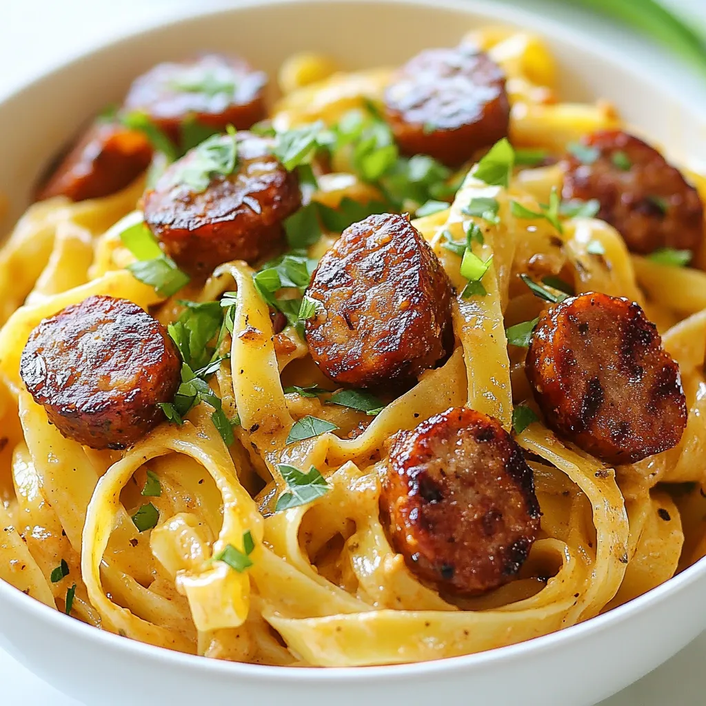 Für diese leckere Pasta brauchst du einige Hauptzutaten. Hier ist die Liste: - 340 g Fettuccine-Nudeln - 450 g Andouille-Wurst, in Scheiben geschnitten - 1 Esslöffel Olivenöl - 1 kleine Zwiebel, gehackt - 3 Knoblauchzehen, fein gehackt - 1 Paprika (rot oder grün), gewürfelt - 240 ml Schlagsahne - 240 ml Hühnerbrühe - 100 g geriebener Parmesan Diese Zutaten bringen den Geschmack und die Cremigkeit, die du liebst. Die Gewürze sind entscheidend für den Cajun-Geschmack. Hier sind die wichtigen Gewürze: - 2 Teelöffel Cajun-Gewürz - 1 Teelöffel geräuchertes Paprikapulver - Salz und Pfeffer nach Geschmack Cajun-Gewürz gibt der Pasta einen tollen, würzigen Kick. Geräuchertes Paprikapulver fügt Tiefe und Aroma hinzu. Frische Zutaten machen das Gericht noch besser. Hier sind einige Vorschläge: - 2 Frühlingszwiebeln, für die Garnierung, gehackt - Frische Petersilie, für die Garnierung, gehackt Frische Kräuter bringen Farbe und einen frischen Geschmack. Sie sind der perfekte Abschluss für deine cremige Cajun-Wurst-Pasta. {{ingredient_image_2}} Bringen Sie einen großen Topf mit gesalzenem Wasser zum Kochen. Fügen Sie 340 g Fettuccine-Nudeln hinzu. Kochen Sie die Nudeln nach den Anweisungen auf der Verpackung, bis sie al dente sind. Dies dauert etwa 8-10 Minuten. Abgießen und beiseitelegen. Erhitzen Sie 1 Esslöffel Olivenöl in einer großen Pfanne bei mittlerer Hitze. Geben Sie 450 g geschnittene Andouille-Wurst in die Pfanne. Braten Sie die Wurst für 5-7 Minuten, bis sie goldbraun wird. Nehmen Sie die Wurst aus der Pfanne und legen Sie sie auf einen Teller. In der gleichen Pfanne fügen Sie 1 kleine gehackte Zwiebel, 1 gewürfelte Paprika und 3 fein gehackte Knoblauchzehen hinzu. Sautieren Sie die Mischung für 3-4 Minuten. Das Gemüse sollte weich und aromatisch sein. Gießen Sie 240 ml Hühnerbrühe in die Pfanne und bringen Sie die Mischung zum Köcheln. Rühren Sie 240 ml Schlagsahne, 2 Teelöffel Cajun-Gewürz und 1 Teelöffel geräuchertes Paprikapulver ein. Lassen Sie die Sauce 5 Minuten köcheln, bis sie leicht eindickt. Fügen Sie die Wurst zurück in die Pfanne. Geben Sie die abgetropften Fettuccine-Nudeln und 100 g geriebenen Parmesan hinzu. Rühren Sie gut um, damit die Nudeln die cremige Sauce aufnehmen. Würzen Sie nach Geschmack mit Salz und Pfeffer. Verteilen Sie die cremige Cajun-Wurst-Pasta auf Schalen. Garnieren Sie mit 2 gehackten Frühlingszwiebeln und frischer Petersilie. Genießen Sie Ihr Gericht! Die Sauce ist der Star dieser Pasta. Um die perfekte Konsistenz zu erreichen, lasse die Sauce leicht köcheln. Dies hilft, die Aromen zu verbinden und die Sauce etwas einzudicken. Wenn die Sauce zu dick ist, füge etwas Hühnerbrühe hinzu. Ist sie zu dünn, koche sie länger. Für den besten Geschmack, nutze frische Zutaten. Frischer Knoblauch und Zwiebeln machen einen großen Unterschied. Das Cajun-Gewürz ist der Schlüssel zu diesem Rezept. Du kannst auch etwas mehr hinzufügen, wenn du es würziger magst. Geröstete Paprika bringt eine dezente Süße. Um die Nudeln schnell abzugießen, verwende ein Sieb. Halte das Sieb über der Spüle und kippe den Topf vorsichtig. Achte darauf, dass du nicht zu viel Wasser mit abgießt. Ein Trick ist, einen Teil des Nudelwassers aufzuheben. Dieses Wasser kann helfen, die Sauce zu verdünnen und die Nudeln zu binden. Pro Tipps Wurst richtig anbraten: Stellen Sie sicher, dass die Pfanne heiß genug ist, bevor Sie die Wurst hinzufügen, um eine schöne goldene Kruste zu erhalten. Frische Kräuter verwenden: Frische Petersilie und Frühlingszwiebeln bringen Farbe und zusätzlichen Geschmack in das Gericht. Für mehr Schärfe sorgen: Wenn Sie es schärfer mögen, fügen Sie etwas Cayennepfeffer oder frische Chili hinzu, um die Cajun-Aromen zu verstärken. Perfekte Konsistenz der Sauce: Lassen Sie die Sauce einige Minuten köcheln, um sicherzustellen, dass sie die richtige Dicke erreicht, bevor Sie die Pasta hinzufügen. {{image_4}} Wenn du eine vegetarische Version der cremigen Cajun-Wurst-Pasta machen möchtest, gibt es viele Optionen. Statt Andouille-Wurst kannst du Räuchertofu oder eine pflanzliche Wurst verwenden. Diese Alternativen bringen einen ähnlichen Geschmack. Du kannst das Gemüse auch erweitern. Füge Kichererbsen oder Linsen hinzu für mehr Protein und Textur. So bleibt das Gericht sättigend und lecker. Die Auswahl an Gemüse für deine Pasta ist groß. Du kannst Zucchini, Spinat oder Brokkoli verwenden. Diese Gemüsesorten bringen Farbe und Nährstoffe in dein Gericht. Wenn du etwas mehr Schärfe magst, füge Jalapeños oder frische Chili hinzu. Denke daran, die Garzeit je nach Gemüse anzupassen. So bleibt alles frisch und knackig. Die Gewürze sind der Schlüssel zum Geschmack. Neben Cajun-Gewürz kannst du auch italienische Kräuter wie Oregano oder Basilikum verwenden. Für eine italienische Note mische etwas Parmesan und frische Basilikumblätter in die Sauce. Wenn du es würziger magst, probiere etwas Curry oder Kreuzkümmel. Experimentiere mit den Gewürzen, um deinen eigenen Stil zu finden. Um Reste der cremigen Cajun-Wurst-Pasta richtig aufzubewahren, verwenden Sie einen luftdichten Behälter. Stellen Sie sicher, dass die Pasta vollständig abgekühlt ist, bevor Sie sie hineinlegen. So bleibt die Frische länger erhalten. Lagern Sie die Reste im Kühlschrank, wo sie bis zu drei Tage haltbar sind. Wenn Sie die Pasta länger aufbewahren möchten, frieren Sie sie ein. In einem gefriergeeigneten Behälter kann die Pasta bis zu drei Monate halten. Beim Aufwärmen ist es wichtig, die Pasta sanft zu behandeln. Die beste Methode ist, sie in einer Pfanne bei mittlerer Hitze zu erwärmen. Fügen Sie dabei einen Schuss Hühnerbrühe oder Sahne hinzu. Das hilft, die Sauce wieder cremig zu machen. Rühren Sie die Pasta gut um, damit sie gleichmäßig warm wird. Alternativ können Sie die Pasta auch in der Mikrowelle aufwärmen. Decken Sie die Schüssel mit einem feuchten Tuch ab, um ein Austrocknen zu vermeiden. Die Haltbarkeit der cremigen Cajun-Wurst-Pasta beträgt im Kühlschrank etwa drei Tage. Um Überreste zu vermeiden, planen Sie die Portionen gut. Kochen Sie nur so viel, wie Sie essen möchten. Wenn Sie Reste haben, probieren Sie, die Pasta in neuen Gerichten zu verwenden, wie in einem Auflauf oder einem Salat. So bleiben Sie kreativ und vermeiden Verschwendung. Es dauert insgesamt etwa 30 Minuten, um die cremige Cajun-Wurst-Pasta zuzubereiten. Sie brauchen 10 Minuten für die Vorbereitung und 20 Minuten zum Kochen. In dieser kurzen Zeit haben Sie eine leckere und nahrhafte Mahlzeit. Das Kochen der Fettuccine dauert etwa 8 bis 10 Minuten. Das Braten der Wurst und das Zubereiten der Sauce brauchen zusammen etwa 15 Minuten. Ja, Sie können die Andouille-Wurst durch eine andere Wurst ersetzen. Probieren Sie italienische Wurst oder Hähnchenwurst für einen leichteren Geschmack. Vegetarische Wurstalternativen sind auch eine gute Wahl. Diese Optionen bringen die gleiche Würze und Textur in das Gericht. Achten Sie darauf, die Wurst nach dem gleichen Verfahren zu kochen. So bleibt der Geschmack der Pasta gut. Ja, dieses Rezept eignet sich gut für Meal Prep. Sie können die Pasta in Portionen aufteilen und in luftdichten Behältern aufbewahren. Lagern Sie die Reste im Kühlschrank für bis zu drei Tage. So haben Sie eine schnelle Mahlzeit für die Woche. Wenn Sie die Pasta aufwärmen, fügen Sie etwas Hühnerbrühe hinzu, damit sie nicht trocken wird. In diesem Artikel haben wir die Hauptzutaten für die cremige Cajun-Wurst-Pasta vorgestellt. Ich habe die Schritte zum Kochen, Anbraten und Kombinieren erklärt. Tipps für die perfekte Sauce und Aufbewahrung von Resten helfen dir ebenfalls. Variationen zeigen, wie du das Rezept anpassen kannst. Denke daran, die Zutaten frisch auszuwählen und kreativ zu sein. So machst du jedes Mal ein leckeres Gericht. Viel Spaß beim Kochen!