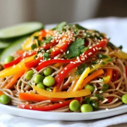 Für diesen frischen Salat benötigst du: - 225 g Soba-Nudeln oder deine Lieblingsnudeln - 1 Paprika, in feine Streifen geschnitten - 1 Tasse geraspelte Karotten - 1 Gurke, dünn geschnitten - 1 Tasse Edamame, geschält und gekocht - 1 kleine Bund Frühlingszwiebeln, gehackt - 1/4 Tasse frischer Koriander, grob gehackt Diese Zutaten geben dem Salat Farbe und Crunch. Die Soba-Nudeln sind leicht und haben einen tollen Geschmack. Sie machen den Salat sättigend. Das Dressing bringt dein Gericht zum Leben. Du brauchst: - 2 Esslöffel Sesamöl - 1 Esslöffel frisch geriebener Ingwer - 2 Knoblauchzehen, fein gehackt - 60 ml Sojasauce mit weniger Natrium - 1 Esslöffel Reisessig - 1 Esslöffel Honig oder Ahornsirup Das Dressing hat eine perfekte Balance aus süß und würzig. Der Ingwer gibt einen frischen Kick. Für mehr Geschmack und Textur empfehle ich: - 1 Teelöffel Sesamkörner zum Garnieren - Eine Handvoll geröstete Erdnüsse oder Cashews für Crunch Diese Optionen fügen eine interessante Note hinzu. Du kannst sie nach Belieben anpassen. {{ingredient_image_2}} Um die Soba-Nudeln zuzubereiten, bringe zuerst einen großen Topf mit Wasser zum Kochen. Die Nudeln benötigen etwa 4 bis 6 Minuten, um weich zu werden. Ich empfehle, die Packungsanweisung zu beachten. Nach dem Kochen gieße die Nudeln ab und spüle sie unter kaltem Wasser. Das stoppt den Garprozess und hilft, die Nudeln locker zu halten. Jetzt mache das leckere Sesamdressing. Nimm eine kleine Schüssel und füge diese Zutaten hinzu: - 2 Esslöffel Sesamöl - 1 Esslöffel frisch geriebener Ingwer - 2 fein gehackte Knoblauchzehen - 60 ml Sojasauce - 1 Esslöffel Reisessig - 1 Esslöffel Honig oder Ahornsirup Verwende einen Schneebesen, um alles gut zu vermischen. Das Dressing sollte homogen sein und gut duften. Jetzt ist es Zeit, alles zusammenzubringen. Nimm eine große Rührschüssel und füge die gekochten Soba-Nudeln hinzu. Gib auch folgende Zutaten hinein: - 1 Paprika (in feine Streifen) - 1 Tasse geraspelte Karotten - 1 Gurke (dünn geschnitten) - 1 Tasse Edamame (geschält und gekocht) - 1 kleine Bund Frühlingszwiebeln (gehackt) - 1/4 Tasse frischer Koriander (grob gehackt) Gieße das Sesamdressing über die Nudelmischung und vermenge alles sanft. Taste den Salat und würze nach Belieben mit Salz und Pfeffer. Lass den Salat etwa 15 Minuten ruhen, damit die Aromen sich entfalten können. Vor dem Servieren streue die Sesamkörner über den Salat. Genieße den bunten und gesunden Nudelsalat! Um die Aromen zu verbessern, nutzen Sie frische Zutaten. Frisch geriebener Ingwer bringt einen tollen Geschmack. Achten Sie darauf, die Sojasauce gut auszuwählen. Eine mit weniger Natrium hat weniger Salz. Fügen Sie auch einen Spritzer Limettensaft hinzu, um die Frische zu erhöhen. Lassen Sie den Salat vor dem Servieren 15 Minuten ruhen. So vermischen sich die Aromen perfekt. Kochen Sie die Soba-Nudeln in reichlich Wasser. Das verhindert, dass sie kleben. Behalten Sie die Kochzeit im Auge, um sie al dente zu halten. Nach dem Kochen, spülen Sie die Nudeln unter kaltem Wasser ab. Das stoppt den Garprozess und behält die Textur. Verwenden Sie einen großen Topf, damit die Nudeln genug Platz haben. Experimentieren Sie mit verschiedenen Gemüsesorten. Brokkoli oder Zucchini passen auch gut. Fügen Sie für mehr Protein Tofu oder Hühnchen hinzu. Wenn Sie scharfen Geschmack mögen, probieren Sie etwas Chili oder Sriracha. Auch Nüsse wie Erdnüsse oder Cashews geben einen leckeren Crunch. So machen Sie den Salat nach Ihrem Geschmack. Pro Tipps Frische Zutaten verwenden: Verwenden Sie frisches Gemüse und Kräuter, um den Geschmack des Salats zu intensivieren. Nudeln richtig kochen: Achten Sie darauf, die Soba-Nudeln al dente zu kochen, um eine angenehme Textur zu erhalten. Variationen ausprobieren: Experimentieren Sie mit verschiedenen Gemüsesorten oder fügen Sie Proteinquellen wie Tofu oder Hähnchen hinzu. Dressing gut vermischen: Mischen Sie das Dressing gründlich, um sicherzustellen, dass alle Zutaten gleichmäßig überzogen sind. {{image_4}} Für einen vegetarischen oder veganen Sesam-Ingwer-Nudelsalat sind die Möglichkeiten groß. Alle Zutaten in diesem Rezept sind bereits pflanzlich. Für zusätzlichen Geschmack können Sie Avocado oder geröstete Nüsse hinzufügen. Diese Zutaten sorgen für mehr Cremigkeit und Textur. Wenn Sie den Honig ersetzen möchten, verwenden Sie einfach Agavendicksaft. So bleibt alles vegan. Falls Sie Gluten meiden müssen, nutzen Sie Reisnudeln oder Zucchininudeln. Diese Optionen sind leicht und passen gut zu den Aromen. Für Nussallergien können Sie die Erdnüsse weglassen. Achten Sie darauf, Sojasauce ohne Weizen zu wählen, wenn Sie Gluten vermeiden möchten. Diese Anpassungen helfen, den Nudelsalat sicher und lecker zu halten. Um den Salat nahrhafter zu machen, fügen Sie Proteinquellen hinzu. Gegrillter Tofu ist eine tolle Wahl. Er ergänzt die Aromen gut. Auch gekochte Hähnchenbrust oder Garnelen passen gut. Diese Zutaten machen das Gericht sättigender und zu einer vollständigen Mahlzeit. Experimentieren Sie, um Ihre Lieblingskombination zu finden. Um den Nudelsalat frisch zu halten, lege ihn in einen luftdichten Behälter. Achte darauf, dass die Nudeln und das Gemüse gut abgedeckt sind. So bleiben sie knackig und lecker. Du kannst auch etwas Dressing separat aufbewahren. So bleibt der Salat frisch, wenn du ihn wieder servierst. Der Sesam-Ingwer-Nudelsalat hält sich im Kühlschrank bis zu drei Tage. Nach dieser Zeit kann die Frische der Zutaten nachlassen. Überprüfe den Salat vor dem Essen. Wenn er seltsam riecht oder die Farbe sich ändert, wirf ihn weg. Essen sollte immer sicher sein! Wenn du den Salat wiedererwärmen möchtest, mache das vorsichtig. Am besten erwärmst du ihn in der Mikrowelle. Stelle die Leistung niedrig ein und erwärme ihn in kurzen Intervallen. Rühre nach jedem Intervall um. So vermeidest du, dass die Nudeln matschig werden. Wenn du ihn kalt magst, genieße ihn einfach direkt aus dem Kühlschrank! Es dauert insgesamt etwa 30 Minuten, um diesen Salat zuzubereiten. Die Vorbereitungszeit beträgt etwa 15 Minuten. Das Kochen der Soba-Nudeln braucht einige Minuten, je nach Anleitung. Das Mischen der frischen Zutaten und das Anrühren des Dressings geht schnell. Ja, du kannst diesen Nudelsalat im Voraus zubereiten. Er schmeckt nach etwas Zeit sogar noch besser. Bereite den Salat bis zur finalen Mischung vor. Stelle sicher, dass du das Dressing getrennt aufbewahrst. Mische das Dressing erst kurz vor dem Servieren. So bleibt der Salat frisch und knackig. Dieser Nudelsalat passt zu vielen Beilagen. Probiere gegrilltes Hähnchen oder Tofu für mehr Protein. Auch eine frische Suppe, wie Miso-Suppe, ist eine tolle Ergänzung. Frisches Brot oder eine Gemüseplatte runden das Essen perfekt ab. Zusammenfassend haben wir die Zutaten und die Schritt-für-Schritt-Anleitung für den Sesam-Ingwer-Nudelsalat behandelt. Ich habe auch nützliche Tipps und mögliche Variationen vorgestellt. Mit diesen Informationen kannst du schnell und einfach einen leckeren Salat zubereiten. Experimentiere gerne mit Zutaten, um deinen persönlichen Geschmack zu treffen. Vergiss nicht, die Reste richtig aufzubewahren, damit du später noch genießen kannst. So bleibt der Salat frisch und schmackhaft. Probiere das Rezept aus und entdecke neue Aromen!
