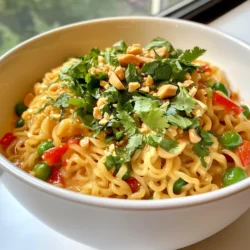 Für dieses Rezept benötigst du die folgenden Hauptzutaten: - 2 Packungen Instant-Ramen-Nudeln (Würzpackungen entsorgen) - 1 Tasse Kokosmilch - 1/2 Tasse crunchy Erdnussbutter - 2 Esslöffel Sojasauce - 1 Esslöffel Limettensaft - 1 Esslöffel Sriracha (nach Geschmack anpassen) - 1 Esslöffel brauner Zucker - 1 rote Paprika, dünn geschnitten - 1 Tasse Zuckerschoten, geputzt - 2 Frühlingszwiebeln, gehackt - Frischer Koriander zum Garnieren - Zerkleinerte Erdnüsse als Topping Diese Zutaten machen das Gericht schön cremig und würzig. Die Kombination von Kokosmilch und Erdnussbutter gibt eine tolle Basis. Sriracha sorgt für die gewünschte Schärfe. Du kannst das Rezept anpassen, indem du frische Zutaten hinzufügst. Probiere: - Brokkoli für eine gesunde Note - Karotten für etwas Süße und Farbe - Baby-Spinat für mehr Vitamine Diese frischen Zutaten bringen zusätzlichen Geschmack und Nährstoffe. Sie machen deine Ramen noch bunter und ansprechender. Falls du spezielle diätische Anforderungen hast, gibt es Alternativen: - Verwende glutenfreie Ramen-Nudeln, wenn du Gluten meiden möchtest. - Ersetze die Erdnussbutter durch Mandel- oder Cashewbutter für Nussallergien. - Nutze Tamari anstelle von Sojasauce für eine glutenfreie Option. Diese Alternativen helfen dir, das Gericht an deine Bedürfnisse anzupassen, ohne auf den Geschmack zu verzichten. {{ingredient_image_2}} Um die Ramen-Nudeln zuzubereiten, bringe zuerst 4 Tassen Wasser in einem großen Topf zum Kochen. Füge dann die Instant-Ramen-Nudeln hinzu. Koche sie für 3-4 Minuten. Sie sollen zart, aber nicht matschig sein. Gieße die Nudeln anschließend ab und stelle sie beiseite. In demselben Topf vermenge jetzt die Kokosmilch mit der crunchy Erdnussbutter. Stelle die Hitze auf niedrig und rühre kräftig. Du willst, dass die Mischung glatt wird. Nach dem Mischen füge die Sojasauce, den Limettensaft, die Sriracha und den braunen Zucker hinzu. Rühre alles gut um, bis alles gut vermischt ist. Wenn du es schärfer magst, kannst du mehr Sriracha hinzufügen. Jetzt ist es Zeit für das Gemüse. Gib die geschnittene rote Paprika und die Zuckerschoten in die Sauce. Koche alles für 2-3 Minuten, bis das Gemüse leicht zart ist. Es sollte aber noch knackig bleiben. Danach kommen die gekochten Ramen-Nudeln in den Topf. Mische alles vorsichtig, bis die Nudeln gleichmäßig mit der Sauce und dem Gemüse bedeckt sind. Serviere die Ramen heiß und garniere sie mit gehackten Frühlingszwiebeln, frischem Koriander und zerkleinerten Erdnüssen. Um die Schärfe der scharfen Thai Erdnuss-Ramen anzupassen, starten Sie mit einem Esslöffel Sriracha. Rühren Sie die Sauce gut um und probieren Sie sie. Wenn Sie mehr Schärfe mögen, fügen Sie einen weiteren Esslöffel Sriracha hinzu. Denken Sie daran, dass die Schärfe beim Kochen etwas nachlassen kann. Lassen Sie die Sauce kurz köcheln und probieren Sie erneut. So finden Sie die perfekte Balance für Ihren Geschmack. Die Garnierung bringt das Gericht zum Leben. Verwenden Sie frische Frühlingszwiebeln für einen knackigen Biss. Zerkleinerte Erdnüsse geben einen tollen Crunch. Frischer Koriander sorgt für Aroma und Farbe. Für mehr Frische können Sie auch Limettenspalten hinzufügen. Diese ziehen die Aromen hervor und machen das Gericht noch leckerer. Scheuen Sie sich nicht, mit verschiedenen Toppings zu experimentieren! Die richtige Textur macht Ihre Ramen besonders. Kochen Sie die Nudeln nur 3-4 Minuten, bis sie zart sind. So bleiben sie al dente und behalten Biss. Achten Sie darauf, das Gemüse nicht zu lange zu garen. Es sollte leicht zart, aber knackig bleiben. Die Kombination aus der cremigen Sauce, zarten Nudeln und knackigem Gemüse sorgt für ein tolles Mundgefühl. Pro Tipps Frische Zutaten verwenden: Verwenden Sie frisches Gemüse für den besten Geschmack und die beste Textur in Ihrem Gericht. Variation der Schärfe: Passen Sie die Sriracha-Menge an, um die Schärfe nach Ihrem Geschmack zu regulieren, und probieren Sie verschiedene Chilisaucen aus. Kokosmilch richtig lagern: Bewahren Sie Kokosmilch im Kühlschrank auf und verwenden Sie sie innerhalb von 3-5 Tagen nach dem Öffnen für den besten Geschmack. Serviervorschläge: Servieren Sie die Ramen mit einem Spritzer frischem Limettensaft für zusätzliche Frische und ein ansprechendes Aroma. {{image_4}} Wenn du eine vegetarische Variante der scharfen Thai Erdnuss-Ramen möchtest, gibt es viele Optionen. Du kannst Tofu anstelle von Fleisch verwenden. Tofu hat viel Protein und nimmt den Geschmack der Sauce gut auf. Einfach den Tofu in Würfel schneiden und in der Pfanne anbraten, bis er goldbraun ist. Das gibt eine schöne Textur. Du kannst auch Tempeh nutzen, falls du etwas mit mehr Biss magst. Um die Ramen noch proteinreicher zu machen, füge gekochte Kichererbsen oder Linsen hinzu. Sie sind nahrhaft und passen gut zu den Aromen. Auch Edamame ist eine tolle Wahl. Diese kleinen Bohnen bringen einen tollen Geschmack und eine schöne grüne Farbe in dein Gericht. Ein paar Garnelen sind auch lecker, falls du Meeresfrüchte magst. Das Gemüse kann je nach Saison variieren. Im Frühling sind Spargel und Erbsen frisch und knackig. Im Sommer eignen sich Zucchini und Auberginen gut. Im Herbst sind Kürbis und Karotten perfekt. Im Winter kannst du Wirsing oder Grünkohl verwenden. Diese Gemüse geben nicht nur Geschmack, sondern auch Farbe und Nährstoffe. Experimentiere mit dem, was du magst oder was gerade verfügbar ist. Um deine scharfen Thai Erdnuss-Ramen frisch zu halten, lass sie zuerst abkühlen. Danach fülle sie in einen luftdichten Behälter. Achte darauf, dass die Ramen und die Sauce gut vermischt sind. Das verhindert, dass die Nudeln austrocknen. Wenn du möchtest, kannst du auch das Gemüse separat aufbewahren. So bleibt es frisch und knackig. Wenn du deine Ramen wieder aufwärmen möchtest, benutze am besten die Mikrowelle. Füge einen kleinen Schuss Wasser hinzu, um die Nudeln feucht zu halten. Das hilft, die cremige Sauce wieder herzustellen. Du kannst auch eine Pfanne verwenden. Erhitze die Ramen bei mittlerer Hitze. Rühre oft, damit nichts anbrennt. Die scharfen Thai Erdnuss-Ramen halten sich im Kühlschrank etwa 3 Tage. Achte darauf, sie gut abzudecken. Nach dieser Zeit kann die Textur der Nudeln leiden. Sie werden weich und matschig. Wenn du die Ramen länger aufbewahren möchtest, denke daran, sie einzufrieren. So bleiben sie bis zu einem Monat frisch. Um die Ramen glutenfrei zu machen, wähle glutenfreie Nudeln. Viele Marken bieten Reisnudeln oder Buchweizennudeln an. Überprüfe die Verpackung, um sicherzustellen, dass sie glutenfrei sind. Du kannst auch Zoodles (Zucchini-Nudeln) verwenden. Diese sind nicht nur glutenfrei, sondern auch leicht und frisch. Scharfe Thai Erdnuss-Ramen kommen aus Thailand, wo Erdnüsse oft in der Küche verwendet werden. Die Kombination von scharfen und süßen Aromen ist typisch für die thailändische Küche. Ramen selbst stammen ursprünglich aus Japan, aber die Fusion dieser beiden Küchen schafft ein neues, aufregendes Gericht. Ja, du kannst frische Zutaten verwenden. Frisches Gemüse bringt mehr Geschmack und Textur. Ersetze die rote Paprika durch Karotten oder Brokkoli, wenn du magst. Frische Kräuter wie Koriander oder Minze sorgen für einen zusätzlichen Frischekick. Verwende auch frische Limetten für den Saft, um einen helleren Geschmack zu erzielen. Scharfe Thai Erdnuss-Ramen sind lecker und vielseitig. In diesem Blog habe ich die Hauptzutaten, Zubereitung und Variationen erklärt. Hilfreiche Tipps helfen dir, die perfekte Schärfe und Textur zu finden. Egal welche Diät du befolgst, es gibt Optionen für jeden. Wenn du Reste hast, kannst du sie leicht aufbewahren und wieder aufwärmen. Trau dich und probiere es aus! Deine Küche wird voller Geschmack und Vielfalt sein.