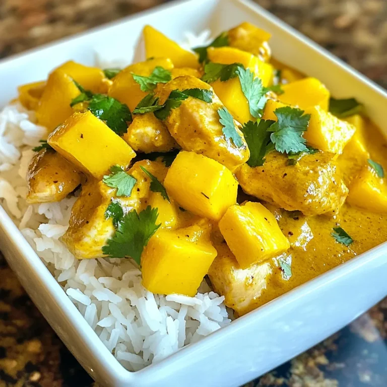 Für ein leckeres Mango Chicken Curry brauchst du folgende Hauptzutaten: - 450 g Hautlose Hähnchenoberkeulen, in mundgerechte Stücke geschnitten - 1 reife Mango, gewürfelt - 1 Zwiebel, fein gehackt - 3 Zehen Knoblauch, gehackt - 1 Esslöffel frischer Ingwer, gerieben - 1 Dose Kokosmilch (400 ml) - 2 Esslöffel Currypulver - 1 Teelöffel Kurkuma - 1 Teelöffel Kreuzkümmel - 1 Esslöffel Pflanzenöl - Salz und Pfeffer nach Geschmack - Frischer Koriander, gehackt, zum Garnieren - Gekochter Jasminreis, zum Servieren Diese Zutaten machen das Gericht frisch und voller Geschmack. Die Mango bringt eine süße Note, die perfekt mit dem Hähnchen harmoniert. Die Gewürze sind der Schlüssel zu diesem Curry. Currypulver gibt Wärme und Tiefe. Kurkuma bringt eine schöne Farbe und hat auch gesundheitliche Vorteile. Kreuzkümmel liefert einen erdigen Geschmack. Diese Gewürze verleihen dem Gericht einen echten Kick und machen es besonders. Wenn du spezielle Diäten befolgst, gibt es tolle Alternativen. Du kannst zum Beispiel die Hähnchenoberkeulen durch Tofu oder Kichererbsen ersetzen. Für eine glutenfreie Option achte darauf, dass das Currypulver und die anderen Zutaten glutenfrei sind. Diese Variationen machen das Curry für jeden zugänglich und lecker. {{ingredient_image_2}} Zuerst müssen Sie alle Zutaten bereitstellen. Hier sind die Zutaten, die Sie brauchen: - 450 g Hautlose Hähnchenoberkeulen, in mundgerechte Stücke geschnitten - 1 reife Mango, gewürfelt - 1 Zwiebel, fein gehackt - 3 Zehen Knoblauch, gehackt - 1 Esslöffel frischer Ingwer, gerieben - 1 Dose Kokosmilch (400 ml) - 2 Esslöffel Currypulver - 1 Teelöffel Kurkuma - 1 Teelöffel Kreuzkümmel - 1 Esslöffel Pflanzenöl - Salz und Pfeffer nach Geschmack - Frischer Koriander, gehackt (zum Garnieren) - Gekochter Jasminreis (zum Servieren) Stellen Sie sicher, dass alles gut vorbereitet ist. Das spart Zeit beim Kochen. Erhitzen Sie das Pflanzenöl in einer großen Pfanne bei mittlerer Hitze. Fügen Sie die gehackte Zwiebel hinzu und braten Sie sie an. Kochen Sie sie für etwa 5 Minuten, bis sie glasig ist. Dann rühren Sie den Knoblauch und den Ingwer ein. Lassen Sie diese für eine Minute kochen, bis sie aromatisch sind. Jetzt kommen die Hähnchenstücke in die Pfanne. Würzen Sie sie mit Salz und Pfeffer. Braten Sie das Hähnchen etwa 5-7 Minuten, bis es goldbraun ist. Dann bestäuben Sie das Hähnchen mit Currypulver, Kurkuma und Kreuzkümmel. Mischen Sie alles gut, damit die Gewürze gleichmäßig verteilt sind. Gießen Sie die Kokosmilch in die Pfanne. Rühren Sie alles um, um die Mischung zu kombinieren. Lassen Sie das Curry sanft köcheln. Fügen Sie die gewürfelte Mango hinzu und rühren Sie vorsichtig um. Lassen Sie das Curry 15-20 Minuten köcheln, bis das Hähnchen zart ist. Achten Sie darauf, das Curry nicht zu lange zu kochen. Zu lange kann das Hähnchen trocken machen. Prüfen Sie die Konsistenz der Sauce. Sie sollte cremig, aber nicht zu dick sein. Wenn das Curry zu dick ist, fügen Sie etwas Wasser oder mehr Kokosmilch hinzu. Passen Sie die Würze mit Salz und Pfeffer an, um den besten Geschmack zu erzielen. Servieren Sie das Curry auf einem Bett aus Jasminreis und garnieren Sie es mit frisch gehacktem Koriander. Genießen Sie die Aromen! Ein häufiger Fehler ist, das Hähnchen zu früh in die Pfanne zu geben. Warten Sie, bis das Öl heiß ist. So wird das Hähnchen knusprig und lecker. Achten Sie auch darauf, die Gewürze nicht zu verbrennen. Fügen Sie sie erst nach dem Anbraten des Hähnchens hinzu. Ein weiterer Fehler ist, die Mango zu früh hinzuzufügen. Diese sollte erst gegen Ende der Garzeit reinkommen. So bleibt sie frisch und süß. Die richtige Gewürzmischung macht Ihr Curry besonders. Verwenden Sie frisches Currypulver für mehr Geschmack. Kombinieren Sie es mit Kurkuma und Kreuzkümmel. Diese Gewürze geben dem Gericht Tiefe. Probieren Sie, die Gewürze nach Ihrem Geschmack anzupassen. Vielleicht mögen Sie es schärfer oder milder. Fügen Sie auch etwas Chili hinzu, wenn Sie es scharf mögen. Die Präsentation ist wichtig. Servieren Sie das Mango Chicken Curry auf einem Bett aus Jasminreis. So sieht es schön aus und schmeckt toll. Garnieren Sie das Gericht mit frisch gehacktem Koriander. Das bringt Farbe und Frische. Legen Sie eine Scheibe Mango auf den Rand des Tellers. Das sieht nicht nur gut aus, sondern zeigt auch die Hauptzutat. Pro Tipps Frische Zutaten wählen: Verwenden Sie reife Mangos und frische Kräuter, um das beste Aroma und den besten Geschmack zu erzielen. Würze anpassen: Schmecken Sie das Curry während des Kochens ab und passen Sie die Gewürze nach Ihrem persönlichen Geschmack an. Variation der Konsistenz: Für eine dickere Sauce können Sie das Curry länger köcheln lassen oder etwas weniger Kokosmilch verwenden. Serviervorschlag: Garnieren Sie das Curry mit gerösteten Nüssen oder zusätzlichen Mangostücken für einen extra Crunch und ansprechende Präsentation. {{image_4}} Du kannst Mango Chicken Curry mit verschiedenen Proteinen zubereiten. Statt Hähnchen kannst du Pute oder Lamm verwenden. Diese Optionen bieten neue Geschmäcker und Texturen. Du kannst auch Garnelen oder Fisch nehmen. Achte darauf, die Garzeit anzupassen. Garnelen brauchen weniger Zeit, etwa 5-7 Minuten. Lamm benötigt mehr Zeit, bis es zart ist. Möchtest du eine vegane oder vegetarische Version? Ersetze das Hähnchen durch Tofu oder Kichererbsen. Tofu eignet sich gut, da es die Gewürze aufnimmt. Kichererbsen liefern Proteine und Ballaststoffe. Verwende auch mehr Gemüse wie Paprika oder Zucchini. Achte darauf, die Kokosmilch und Gewürze gleich zu lassen. So bleibt der Geschmack lecker! Es gibt viele regionale Variationen von Mango Chicken Curry. In Thailand fügen Köche oft Limettenblätter und Thai-Basilikum hinzu. Diese geben einen frischen Geschmack. In Indien kann man zusätzlich Joghurt verwenden. Das macht das Curry cremiger. Probiere auch Mango-Chutney als Beilage. Es bringt eine süße Note und passt gut dazu. Um dein Mango Chicken Curry frisch zu halten, lagere es in einem luftdichten Behälter. Lass das Curry zuerst auf Raumtemperatur abkühlen. Dann decke es gut ab. Du kannst auch Frischhaltefolie verwenden, um es zu schützen. Die richtige Lagerung hält den Geschmack und die Frische. Wenn du das Curry aufwärmen möchtest, mache es auf dem Herd oder in der Mikrowelle. Auf dem Herd erhitze es bei niedriger Hitze. Rühre oft um, damit es gleichmäßig warm wird. In der Mikrowelle stelle die Leistung auf Medium. Erhitze es in kurzen Intervallen. Das verhindert Überkochen und Austrocknen. Im Kühlschrank bleibt das Curry bis zu drei Tage frisch. Wenn du es länger aufbewahren möchtest, friere es ein. Im Gefrierschrank hält es bis zu drei Monate. Achte darauf, es in portionsgerechten Behältern zu lagern. So kannst du es einfach entnehmen und aufwärmen. Die Zubereitung des Mango Chicken Currys dauert insgesamt etwa 35 Minuten. Darin sind 10 Minuten für die Vorbereitung und 25 Minuten für das Kochen enthalten. Sie können in dieser Zeit die Zutaten schneiden und bereitstellen. Das Gericht ist schnell und einfach, ideal für ein schnelles Abendessen. Ja, gefrorene Mango ist eine gute Option für dieses Rezept. Sie können gefrorene Stücke direkt ins Curry geben. Sie müssen die Mango nicht vorher auftauen. Die Konsistenz kann leicht anders sein, aber der Geschmack bleibt lecker. Mango Chicken Curry passt hervorragend zu Jasminreis. Der Reis nimmt die Sauce gut auf und ergänzt den Geschmack. Sie können auch Naan-Brot oder Quinoa als Beilage servieren. Ein frischer Salat mit Gurken und Tomaten schmeckt auch gut dazu. Mango Chicken Curry ist einfach und lecker. Wir haben die Hauptzutaten, die richtigen Gewürze und Anpassungen für spezielle Diäten besprochen. Die Schritt-für-Schritt-Anleitung hilft dir beim Kochen. Tipps und Tricks zeigen, wie man häufige Fehler vermeidet und das Gericht schön präsentiert. Wir haben auch Variationen für jeden Geschmack und Lagerungstipps gegeben. Probiere die Rezepte aus und finde deine perfekte Version. Genieße das Kochen und teile dein Curry mit anderen. Es wird eine Freude sein!