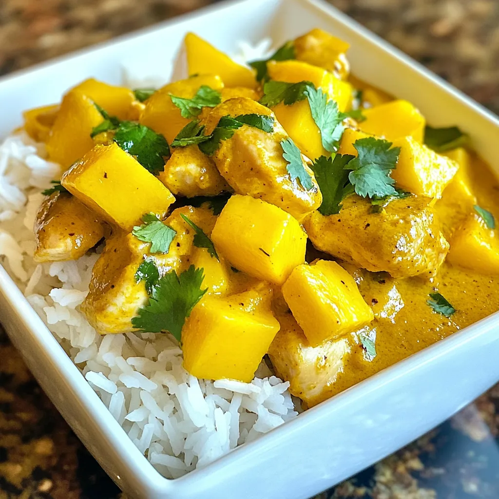 Für ein leckeres Mango Chicken Curry brauchst du folgende Hauptzutaten: - 450 g Hautlose Hähnchenoberkeulen, in mundgerechte Stücke geschnitten - 1 reife Mango, gewürfelt - 1 Zwiebel, fein gehackt - 3 Zehen Knoblauch, gehackt - 1 Esslöffel frischer Ingwer, gerieben - 1 Dose Kokosmilch (400 ml) - 2 Esslöffel Currypulver - 1 Teelöffel Kurkuma - 1 Teelöffel Kreuzkümmel - 1 Esslöffel Pflanzenöl - Salz und Pfeffer nach Geschmack - Frischer Koriander, gehackt, zum Garnieren - Gekochter Jasminreis, zum Servieren Diese Zutaten machen das Gericht frisch und voller Geschmack. Die Mango bringt eine süße Note, die perfekt mit dem Hähnchen harmoniert. Die Gewürze sind der Schlüssel zu diesem Curry. Currypulver gibt Wärme und Tiefe. Kurkuma bringt eine schöne Farbe und hat auch gesundheitliche Vorteile. Kreuzkümmel liefert einen erdigen Geschmack. Diese Gewürze verleihen dem Gericht einen echten Kick und machen es besonders. Wenn du spezielle Diäten befolgst, gibt es tolle Alternativen. Du kannst zum Beispiel die Hähnchenoberkeulen durch Tofu oder Kichererbsen ersetzen. Für eine glutenfreie Option achte darauf, dass das Currypulver und die anderen Zutaten glutenfrei sind. Diese Variationen machen das Curry für jeden zugänglich und lecker. {{ingredient_image_2}} Zuerst müssen Sie alle Zutaten bereitstellen. Hier sind die Zutaten, die Sie brauchen: - 450 g Hautlose Hähnchenoberkeulen, in mundgerechte Stücke geschnitten - 1 reife Mango, gewürfelt - 1 Zwiebel, fein gehackt - 3 Zehen Knoblauch, gehackt - 1 Esslöffel frischer Ingwer, gerieben - 1 Dose Kokosmilch (400 ml) - 2 Esslöffel Currypulver - 1 Teelöffel Kurkuma - 1 Teelöffel Kreuzkümmel - 1 Esslöffel Pflanzenöl - Salz und Pfeffer nach Geschmack - Frischer Koriander, gehackt (zum Garnieren) - Gekochter Jasminreis (zum Servieren) Stellen Sie sicher, dass alles gut vorbereitet ist. Das spart Zeit beim Kochen. Erhitzen Sie das Pflanzenöl in einer großen Pfanne bei mittlerer Hitze. Fügen Sie die gehackte Zwiebel hinzu und braten Sie sie an. Kochen Sie sie für etwa 5 Minuten, bis sie glasig ist. Dann rühren Sie den Knoblauch und den Ingwer ein. Lassen Sie diese für eine Minute kochen, bis sie aromatisch sind. Jetzt kommen die Hähnchenstücke in die Pfanne. Würzen Sie sie mit Salz und Pfeffer. Braten Sie das Hähnchen etwa 5-7 Minuten, bis es goldbraun ist. Dann bestäuben Sie das Hähnchen mit Currypulver, Kurkuma und Kreuzkümmel. Mischen Sie alles gut, damit die Gewürze gleichmäßig verteilt sind. Gießen Sie die Kokosmilch in die Pfanne. Rühren Sie alles um, um die Mischung zu kombinieren. Lassen Sie das Curry sanft köcheln. Fügen Sie die gewürfelte Mango hinzu und rühren Sie vorsichtig um. Lassen Sie das Curry 15-20 Minuten köcheln, bis das Hähnchen zart ist. Achten Sie darauf, das Curry nicht zu lange zu kochen. Zu lange kann das Hähnchen trocken machen. Prüfen Sie die Konsistenz der Sauce. Sie sollte cremig, aber nicht zu dick sein. Wenn das Curry zu dick ist, fügen Sie etwas Wasser oder mehr Kokosmilch hinzu. Passen Sie die Würze mit Salz und Pfeffer an, um den besten Geschmack zu erzielen. Servieren Sie das Curry auf einem Bett aus Jasminreis und garnieren Sie es mit frisch gehacktem Koriander. Genießen Sie die Aromen! Ein häufiger Fehler ist, das Hähnchen zu früh in die Pfanne zu geben. Warten Sie, bis das Öl heiß ist. So wird das Hähnchen knusprig und lecker. Achten Sie auch darauf, die Gewürze nicht zu verbrennen. Fügen Sie sie erst nach dem Anbraten des Hähnchens hinzu. Ein weiterer Fehler ist, die Mango zu früh hinzuzufügen. Diese sollte erst gegen Ende der Garzeit reinkommen. So bleibt sie frisch und süß. Die richtige Gewürzmischung macht Ihr Curry besonders. Verwenden Sie frisches Currypulver für mehr Geschmack. Kombinieren Sie es mit Kurkuma und Kreuzkümmel. Diese Gewürze geben dem Gericht Tiefe. Probieren Sie, die Gewürze nach Ihrem Geschmack anzupassen. Vielleicht mögen Sie es schärfer oder milder. Fügen Sie auch etwas Chili hinzu, wenn Sie es scharf mögen. Die Präsentation ist wichtig. Servieren Sie das Mango Chicken Curry auf einem Bett aus Jasminreis. So sieht es schön aus und schmeckt toll. Garnieren Sie das Gericht mit frisch gehacktem Koriander. Das bringt Farbe und Frische. Legen Sie eine Scheibe Mango auf den Rand des Tellers. Das sieht nicht nur gut aus, sondern zeigt auch die Hauptzutat. Pro Tipps Frische Zutaten wählen: Verwenden Sie reife Mangos und frische Kräuter, um das beste Aroma und den besten Geschmack zu erzielen. Würze anpassen: Schmecken Sie das Curry während des Kochens ab und passen Sie die Gewürze nach Ihrem persönlichen Geschmack an. Variation der Konsistenz: Für eine dickere Sauce können Sie das Curry länger köcheln lassen oder etwas weniger Kokosmilch verwenden. Serviervorschlag: Garnieren Sie das Curry mit gerösteten Nüssen oder zusätzlichen Mangostücken für einen extra Crunch und ansprechende Präsentation. {{image_4}} Du kannst Mango Chicken Curry mit verschiedenen Proteinen zubereiten. Statt Hähnchen kannst du Pute oder Lamm verwenden. Diese Optionen bieten neue Geschmäcker und Texturen. Du kannst auch Garnelen oder Fisch nehmen. Achte darauf, die Garzeit anzupassen. Garnelen brauchen weniger Zeit, etwa 5-7 Minuten. Lamm benötigt mehr Zeit, bis es zart ist. Möchtest du eine vegane oder vegetarische Version? Ersetze das Hähnchen durch Tofu oder Kichererbsen. Tofu eignet sich gut, da es die Gewürze aufnimmt. Kichererbsen liefern Proteine und Ballaststoffe. Verwende auch mehr Gemüse wie Paprika oder Zucchini. Achte darauf, die Kokosmilch und Gewürze gleich zu lassen. So bleibt der Geschmack lecker! Es gibt viele regionale Variationen von Mango Chicken Curry. In Thailand fügen Köche oft Limettenblätter und Thai-Basilikum hinzu. Diese geben einen frischen Geschmack. In Indien kann man zusätzlich Joghurt verwenden. Das macht das Curry cremiger. Probiere auch Mango-Chutney als Beilage. Es bringt eine süße Note und passt gut dazu. Um dein Mango Chicken Curry frisch zu halten, lagere es in einem luftdichten Behälter. Lass das Curry zuerst auf Raumtemperatur abkühlen. Dann decke es gut ab. Du kannst auch Frischhaltefolie verwenden, um es zu schützen. Die richtige Lagerung hält den Geschmack und die Frische. Wenn du das Curry aufwärmen möchtest, mache es auf dem Herd oder in der Mikrowelle. Auf dem Herd erhitze es bei niedriger Hitze. Rühre oft um, damit es gleichmäßig warm wird. In der Mikrowelle stelle die Leistung auf Medium. Erhitze es in kurzen Intervallen. Das verhindert Überkochen und Austrocknen. Im Kühlschrank bleibt das Curry bis zu drei Tage frisch. Wenn du es länger aufbewahren möchtest, friere es ein. Im Gefrierschrank hält es bis zu drei Monate. Achte darauf, es in portionsgerechten Behältern zu lagern. So kannst du es einfach entnehmen und aufwärmen. Die Zubereitung des Mango Chicken Currys dauert insgesamt etwa 35 Minuten. Darin sind 10 Minuten für die Vorbereitung und 25 Minuten für das Kochen enthalten. Sie können in dieser Zeit die Zutaten schneiden und bereitstellen. Das Gericht ist schnell und einfach, ideal für ein schnelles Abendessen. Ja, gefrorene Mango ist eine gute Option für dieses Rezept. Sie können gefrorene Stücke direkt ins Curry geben. Sie müssen die Mango nicht vorher auftauen. Die Konsistenz kann leicht anders sein, aber der Geschmack bleibt lecker. Mango Chicken Curry passt hervorragend zu Jasminreis. Der Reis nimmt die Sauce gut auf und ergänzt den Geschmack. Sie können auch Naan-Brot oder Quinoa als Beilage servieren. Ein frischer Salat mit Gurken und Tomaten schmeckt auch gut dazu. Mango Chicken Curry ist einfach und lecker. Wir haben die Hauptzutaten, die richtigen Gewürze und Anpassungen für spezielle Diäten besprochen. Die Schritt-für-Schritt-Anleitung hilft dir beim Kochen. Tipps und Tricks zeigen, wie man häufige Fehler vermeidet und das Gericht schön präsentiert. Wir haben auch Variationen für jeden Geschmack und Lagerungstipps gegeben. Probiere die Rezepte aus und finde deine perfekte Version. Genieße das Kochen und teile dein Curry mit anderen. Es wird eine Freude sein!