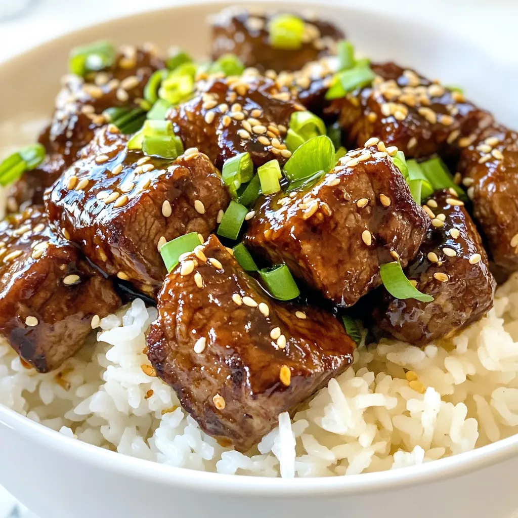 Für Teriyaki Steak Bites benötigen Sie einige wichtige Zutaten: - 450 g Rinderfilet, in mundgerechte Würfel geschnitten - 60 ml Sojasauce - 2 Esslöffel Honig - 2 Esslöffel Reisessig - 30 ml Sesamöl - 2 Knoblauchzehen, fein gehackt - 1 Teelöffel frischer Ingwer, gerieben - 1 Esslöffel Maisstärke - 120 ml Wasser - 400 g gekochter Jasminreis Die Marinade bringt den Geschmack in die Steakbisse. Sie brauchen: - Sojasauce, um die salzige Note hinzuzufügen - Honig, um die Süße zu balancieren - Reisessig für die Säure - Sesamöl für den nussigen Geschmack - Knoblauch und Ingwer für den würzigen Kick Um das Gericht schön zu machen, können Sie Folgendes verwenden: - 2 Frühlingszwiebeln, gehackt - Geröstete Sesamsamen Diese Garnierungen geben dem Gericht Farbe und zusätzlichen Geschmack. {{ingredient_image_2}} Zuerst bereite ich die Marinade vor. Ich mische Sojasauce, Honig, Reisessig, Sesamöl, Knoblauch und Ingwer. Das gibt den Steakbissen viel Geschmack. Ich gebe die Steakwürfel in einen Plastikbeutel. Dann gieße ich die Marinade darüber und schließe den Beutel. Ich lasse das Fleisch mindestens 30 Minuten im Kühlschrank. So zieht der Geschmack gut ein. Nach der Marinierzeit nehme ich die Steakwürfel aus dem Beutel. Ich erhitze eine große Pfanne bei mittlerer bis hoher Hitze. Ich lege die Steakbisse in einer einzigen Schicht in die Pfanne. Ich brate sie 2-3 Minuten auf jeder Seite. So werden sie schön braun und zart. Dann nehme ich das Steak aus der Pfanne und lege es beiseite. In der gleichen Pfanne gebe ich die aufbewahrte Marinade. Ich bringe sie bei mittlerer Hitze zum Köcheln. In einer kleinen Schüssel vermische ich die Maisstärke mit Wasser. Diese Mischung gebe ich zur Marinade in die Pfanne. Ich rühre ständig, bis die Sauce dick wird. Das dauert etwa 1-2 Minuten. Jetzt gebe ich die Steakbisse wieder in die Pfanne. Ich rühre alles gut um, damit das Steak von der Sauce umhüllt wird. Nach einer Minute ist es fertig. Ich serviere die Steakbisse auf einem Bett aus gekochtem Jasminreis. Zum Schluss garniere ich das Gericht mit gehackten Frühlingszwiebeln und gerösteten Sesamsamen. Das sieht nicht nur gut aus, es schmeckt auch lecker! Um eine großartige Marinade zu machen, mische die Sojasauce, den Honig, den Reisessig und das Sesamöl gut. Füge den gehackten Knoblauch und den frischen Ingwer hinzu. Diese Zutaten geben dem Steak viel Geschmack. Lasse die Steakwürfel mindestens 30 Minuten marinieren. Für mehr Geschmack kannst du sie bis zu 2 Stunden im Kühlschrank lassen. Die richtige Garzeit ist wichtig für zartes Steak. Erhitze die Pfanne gut, bevor du das Steak hinzufügst. Brate die Stücke 2-3 Minuten auf jeder Seite. So bleiben sie saftig. Du kannst die Garzeit anpassen. Kürzere Zeit ergibt ein rosa Steak, längere Zeit macht es durchgegart. Eine schöne Präsentation macht das Essen noch besser. Serviere den Jasminreis in einer Schüssel. Lege die Teriyaki Steakbites darauf. Garniere das Gericht mit gehackten Frühlingszwiebeln und gerösteten Sesamsamen. Das sieht nicht nur gut aus, sondern schmeckt auch toll! Pro Tipps Die richtige Marinierzeit: Für den besten Geschmack sollten die Steakwürfel mindestens 30 Minuten, idealerweise jedoch 2 Stunden marinieren. Hochwertiges Fleisch: Verwenden Sie immer frisches Rinderfilet, um die zartesten und schmackhaftesten Steakbisse zu erhalten. Hitze kontrollieren: Stellen Sie sicher, dass Ihre Pfanne heiß genug ist, bevor Sie die Steakbisse hinzufügen, damit sie schön bräunen und nicht dampfen. Variation der Beilagen: Experimentieren Sie mit verschiedenen Beilagen wie gedämpftem Gemüse oder Salat, um das Gericht vielseitiger zu gestalten. {{image_4}} Wenn du auf Fleisch verzichten möchtest, gibt es tolle Alternativen. Tofu ist eine beliebte Wahl. Du kannst festen Tofu verwenden, ihn gut pressen und dann in Würfel schneiden. Marinieren funktioniert hier genauso gut wie bei Steak. Tempeh ist eine weitere gute Option. Es hat einen tollen Biss und nimmt die Marinade gut auf. Auch Seitan kann eine schmackhafte Wahl sein. Du erhältst eine fleischähnliche Textur und einen herzhaften Geschmack. Wenn du auf deinen Natriumkonsum achtest, kannst du die Sojasauce anpassen. Verwende natriumarme Sojasauce. Diese hat weniger Salz, aber den gleichen tollen Geschmack. Eine Mischung aus Sojasauce und Wasser ist auch eine gute Lösung. Du kannst auch Tamari verwenden, wenn du glutenfrei kochen möchtest. Überlege, die Marinade mit Zitrussaft zu ergänzen. Das bringt frische Aromen und ersetzt etwas Salz. Gemüse kann dein Gericht wunderbar ergänzen. Brokkoli ist eine gute Wahl. Er passt gut zu den Steakbissen und ist gesund. Paprika bringt Farbe und Süße. Zucchini lässt sich leicht schneiden und braten. Erbsen fügen eine süße Note hinzu. Du kannst sie kurz in der Pfanne garen, bevor du alles zusammenbringst. Mische das Gemüse einfach mit den Steakbissen in der Pfanne. So wird das Gericht noch bunter und nahrhafter. Um die Reste der Teriyaki Steak Bites frisch zu halten, lege sie in einen luftdichten Behälter. So bleiben sie bis zu drei Tage im Kühlschrank gut. Achte darauf, die Steakbisse vom Reis zu trennen. So wird der Reis nicht matschig. Um die Reste wieder aufzuwärmen, lege die Steakbites und den Reis in eine mikrowellengeeignete Schüssel. Bedecke die Schüssel mit einem Deckel oder einem feuchten Papiertuch. Erhitze alles auf hoher Stufe für etwa zwei bis drei Minuten. Rühre nach einer Minute um, um gleichmäßiges Erhitzen zu gewährleisten. Für längere Haltbarkeit kannst du die Steakbites einfrieren. Lege sie in einen gefrierfesten Beutel oder Behälter. Drücke die Luft heraus, um Frost zu vermeiden. So bleiben sie bis zu drei Monate frisch. Denke daran, den Reis separat zu frieren oder frisch zu kochen, wenn du ihn servierst. Du kannst verschiedene Fleischsorten nutzen. Hähnchenbrust ist eine gute Wahl. Sie ist zart und nimmt die Marinade gut auf. Schweinefleisch eignet sich auch gut für diese Rezeptur. Wenn du eine pflanzliche Option möchtest, probiere Tofu oder Tempeh. Diese Alternativen bieten einen ähnlichen Geschmack, wenn sie richtig mariniert werden. Die Marinade kann bis zu zwei Tage im Voraus zubereitet werden. Bewahre sie in einem luftdichten Behälter im Kühlschrank auf. So kann sich der Geschmack gut entfalten. Wenn du sie länger aufbewahrst, achte darauf, sie vor der Verwendung gut zu schütteln. Teriyaki Steak Bites und Rice passen gut zu gedünstetem Gemüse. Brokkoli, Karotten oder Zuckerschoten sind ideal. Ein frischer Salat mit Sesam-Dressing ergänzt das Gericht perfekt. Du kannst auch einen Gurkensalat als Beilage servieren, um einen frischen Kontrast zu bieten. Teriyaki Steak Bites sind einfach zuzubereiten und lecker. Wir haben über die wichtigen Zutaten gesprochen, die für eine großartige Marinade nötig sind. Zudem habe ich dir Schritt für Schritt gezeigt, wie du die Steakbisse perfekt zubereitest. Denk an die Tipps für die Marinade und die Garzeit, um das Beste herauszuholen. Variiere das Rezept nach deinem Geschmack, zum Beispiel mit Gemüse oder gesunder Sojasauce. Mit der richtigen Lagerung bleiben die Reste frisch. Viel Spaß beim Kochen!