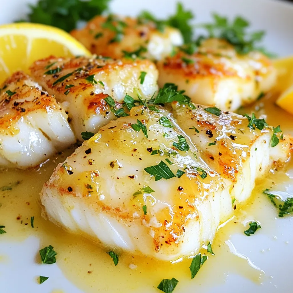 Für dieses köstliche Gericht brauchst du: - 4 Kabeljaufilets (jeweils etwa 170 g) - 4 Esslöffel ungesalzene Butter, aufgeteilt - 3 Knoblauchzehen, fein gehackt - 1 Zitrone (abgerieben und ausgepresst) Diese Zutaten machen den Kabeljau saftig und voller Geschmack. Die frischen Filets sind leicht und haben einen milden Geschmack. Die Butter sorgt für eine reichhaltige Basis und der Knoblauch bringt ein tolles Aroma. Die Gewürze und Kräuter sind einfach, aber wichtig. Du benötigst: - Salz und Pfeffer nach Geschmack - 2 Esslöffel frische Petersilie, gehackt Salz und Pfeffer bringen die Aromen zum Leben. Die Petersilie gibt einen frischen Farbtupfer und einen zusätzlichen Geschmack. Für die Garnitur brauchst du: - Zitronenschnitze zum Servieren Die Zitronenschnitze sind nicht nur schön, sie geben auch einen frischen Kick. Du kannst sie über den Kabeljau drücken, um den Geschmack zu verstärken. {{ingredient_image_2}} Heizen Sie Ihren Ofen auf 200 °C vor. Ein gut vorgeheizter Ofen sorgt für gleichmäßiges Garen. Dies ist der erste Schritt, um den Kabeljau perfekt zuzubereiten. Stellen Sie sicher, dass Sie eine Auflaufform bereit haben, in der die Filets Platz finden. In einem kleinen Topf schmelzen Sie 2 Esslöffel ungesalzene Butter bei mittlerer Hitze. Fügen Sie 3 fein gehackte Knoblauchzehen hinzu. Braten Sie den Knoblauch etwa 1 Minute lang an. Achten Sie darauf, dass er nicht verbrennt, denn verbrannter Knoblauch schmeckt bitter. Rühren Sie den Saft und die abgeriebene Schale einer Zitrone ein. Nehmen Sie den Topf dann vom Herd. Diese Sauce wird dem Fisch einen frischen und aromatischen Geschmack geben. Legen Sie die Kabeljaufilets in die Auflaufform. Würzen Sie die Filets großzügig mit Salz und Pfeffer. Gießen Sie die Zitronen-Knoblauch-Butter-Sauce gleichmäßig über die Filets. Teilen Sie die restlichen 2 Esslöffel Butter in kleine Stücke und legen Sie diese auf die Filets. Backen Sie die Filets im vorgeheizten Ofen für 12 bis 15 Minuten. Der Kabeljau ist fertig, wenn er undurchsichtig ist und sich leicht mit einer Gabel zerteilen lässt. Nehmen Sie die Form aus dem Ofen und garnieren Sie die Filets mit frischer Petersilie. Um Kabeljau perfekt zu garen, backen Sie ihn bei 200 °C. Die Garzeit beträgt 12-15 Minuten. Der Fisch ist fertig, wenn er undurchsichtig ist. Wenn Sie ihn mit einer Gabel anstechen, sollte er leicht auseinanderfallen. Überprüfen Sie den Fisch nach 12 Minuten. So vermeiden Sie Übergaren. Trockenheit ist der Feind eines guten Kabeljaus. Verwenden Sie genug Butter, um den Fisch saftig zu halten. Gießen Sie die Zitronen-Knoblauch-Butter-Sauce gleichmäßig über die Filets. Schneiden Sie auch einige Butterstücke auf die Filets, bevor Sie sie backen. Achten Sie darauf, den Fisch nicht zu lange im Ofen zu lassen. Um mehr Geschmack zu erzielen, können Sie verschiedene Zutaten hinzufügen. Versuchen Sie, frische Kräuter wie Dill oder Schnittlauch zu verwenden. Eine Prise Paprika kann dem Gericht auch eine schöne Note geben. Wenn Sie es schärfer mögen, fügen Sie etwas rote Pfefferflocken hinzu. Experimentieren Sie mit verschiedenen Zitrusfrüchten wie Limetten oder Grapefruits für neue Aromen. Pro Tips Frischer Knoblauch: Verwenden Sie frischen, nicht vorgehackten Knoblauch für den besten Geschmack. Frischer Knoblauch verleiht der Butter-Sauce ein intensiveres Aroma. Buttertemperatur: Lassen Sie die Butter vor dem Hinzufügen zur Sauce bei Raumtemperatur weich werden. Dadurch lässt sie sich leichter in die Sauce integrieren und sorgt für eine cremigere Textur. Richtige Garzeit: Achten Sie darauf, den Kabeljau nicht zu überbacken. Der Fisch ist fertig, wenn er leicht mit einer Gabel zerfällt. Eine Übergarung macht ihn trocken und zäh. Variationen: Experimentieren Sie mit anderen Kräutern wie Thymian oder Dill, um unterschiedliche Geschmacksrichtungen zu erzielen. Diese Kräuter ergänzen den Fisch und die Zitronen-Knoblauch-Butter hervorragend. {{image_4}} Manchmal möchte man etwas Neues probieren. Es gibt viele Alternativen zu Kabeljau. Du kannst zum Beispiel Lachs oder Forelle verwenden. Beide Fische haben einen tollen Geschmack, der gut zu Zitronen-Knoblauch-Butter passt. Auch Tilapia ist eine gute Wahl. Er hat ein zartes Fleisch und nimmt die Aromen gut auf. Achte darauf, die Garzeit anzupassen. Dickere Fische brauchen länger. Kräuter bringen immer frischen Geschmack. Petersilie ist toll, aber du kannst auch andere verwenden. Frischer Thymian oder Dill passen gut dazu. Sie geben dem Gericht einen anderen Twist. Du kannst auch Schnittlauch probieren. Er hat einen milden Geschmack und sieht schön aus. Sei kreativ und mische die Kräuter, um deinen eigenen Stil zu finden. Du kannst die Aromen in diesem Rezept leicht ändern. Wenn du es schärfer magst, füge etwas rote Paprika hinzu. Das gibt dem Gericht einen Kick. Für eine süßere Note kannst du Honig oder Ahornsirup hinzufügen. Das passt gut zur Zitrone. Wenn du es saftiger magst, probiere ein wenig Weißwein in der Sauce. Er verstärkt den Geschmack und macht das Gericht noch köstlicher. Du kannst die Reste des Zitronen-Knoblauch-Butter-Kabeljaus einfach lagern. Packe die Filets in einen luftdichten Behälter. Stelle sicher, dass der Behälter gut verschlossen ist. So bleibt der Fisch frisch. Bewahre ihn im Kühlschrank auf. Dort hält er sich bis zu zwei Tage. Wenn du den Kabeljau länger aufbewahren möchtest, friere ihn ein. Lege die abgekühlten Filets in einen Gefrierbeutel. Entferne so viel Luft wie möglich. So vermeidest du Frostbrand. Der Kabeljau hält sich im Gefrierfach bis zu drei Monate. Wenn du ihn später zubereiten möchtest, tau ihn im Kühlschrank auf. Um die Reste aufzuwärmen, verwende den Ofen oder die Pfanne. Heize den Ofen auf 180 °C vor. Lege die Filets in eine Auflaufform und decke sie mit Alufolie ab. So trocknen sie nicht aus. Erwärme die Filets für etwa 10 Minuten. In der Pfanne kannst du etwas Butter erhitzen. Lege die Filets in die Pfanne und erwärme sie vorsichtig. So bleibt der Geschmack frisch und lecker. Du solltest den Kabeljau 12 bis 15 Minuten im Ofen backen. Der Fisch ist fertig, wenn er undurchsichtig ist. Du kannst ihn leicht mit einer Gabel zerteilen, wenn er gar ist. Achte darauf, ihn nicht zu lange zu backen, sonst wird er trocken. Ja, du kannst die Butter weglassen. Der Kabeljau schmeckt auch ohne. Du kannst stattdessen etwas Olivenöl verwenden. Es gibt dem Fisch eine schöne Note und bleibt trotzdem leicht. Die Butter gibt jedoch einen reichhaltigen Geschmack, den viele lieben. Zu Zitronen-Knoblauch-Butter-Kabeljau passen viele Beilagen. Probiere dazu frisches Gemüse, Reis oder Kartoffeln. Auch ein einfacher grüner Salat ergänzt das Gericht gut. Die frischen Aromen der Beilagen harmonieren perfekt mit dem Kabeljau. In diesem Artikel haben wir die wichtigen Zutaten und die einfache Anleitung für Kabeljau besprochen. Du hast gelernt, wie man ihn perfekt garst und welche Variationen möglich sind. Denke daran, die Sauce gut zuzubereiten, um den besten Geschmack zu erhalten. Reste können kühl gelagert oder eingefroren werden. Diese Tipps helfen dir, jedes Mal ein köstliches Gericht zu zaubern. Teste die Variationen und finde deine Lieblingsversion! Du wirst sicher viel Freude am Kochen haben.