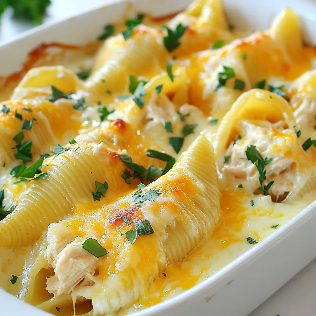 Für dieses Rezept brauchst du einige wichtige Zutaten. Dazu gehören: - 20 große Muscheln aus Pasta - 2 Tassen gekochtes Hähnchen, zerzupft - 1 Tasse Ricotta-Käse - 1 Tasse Mozzarella-Käse, gerieben - 1/2 Tasse Parmesan-Käse, gerieben - 2 Tassen Alfredo-Soße (gekauft oder selbstgemacht) Diese Zutaten geben deinem Gericht den perfekten Geschmack und die richtige Konsistenz. Die Gewürze machen den Unterschied. Du brauchst: - 1 Teelöffel Knoblauchpulver - 1 Teelöffel italienische Gewürzmischung - Salz und Pfeffer nach Geschmack Für mehr Geschmack kannst du auch andere Käsesorten verwenden. Probiere Gouda oder Cheddar. Diese Käse geben der Füllung eine neue Note. Wenn du die Soße selbst machen möchtest, benötigst du: - 1/2 Tasse Butter - 1 Tasse Sahne - 1 1/2 Tassen Parmesan-Käse, gerieben - 1 Teelöffel Knoblauch, gehackt - Salz und Pfeffer Die hausgemachte Alfredo-Soße ist cremig und reich an Geschmack. Sie passt perfekt zu den gefüllten Muscheln. Experimentiere mit frischen Kräutern für mehr Frische. {{ingredient_image_2}} Heizen Sie Ihren Ofen auf 190°C vor. Das ist wichtig für die perfekte Textur. Kochen Sie in einem großen Topf Wasser und fügen Sie Salz hinzu. Geben Sie die großen Muscheln ins Wasser. Kochen Sie sie nach Anweisung bis al dente. Nach dem Kochen, gießen Sie sie ab und lassen Sie sie etwas abkühlen. In einer großen Schüssel mischen Sie das zerzupfte Hähnchen, Ricotta-Käse, die Hälfte des Mozzarella-Käses, Parmesan, Knoblauchpulver, italienische Gewürzmischung, Salz und Pfeffer. Rühren Sie alles gut um. Es sollte eine glatte Füllung entstehen. Diese Mischung ist der Schlüssel für den Geschmack. Nehmen Sie jede Muschel und füllen Sie sie großzügig mit der Hähnchenmischung. Stellen Sie sicher, dass sie gut gefüllt ist. Nehmen Sie eine Auflaufform und geben Sie 1 Tasse Alfredo-Soße auf den Boden. Ordnen Sie die gefüllten Muscheln darauf an. Gießen Sie die restliche Alfredo-Soße gleichmäßig über die Muscheln. Streuen Sie den restlichen Mozzarella-Käse darüber. Decken Sie die Form mit Aluminiumfolie ab und backen Sie sie 25 Minuten lang. Danach nehmen Sie die Folie ab und backen Sie 10-15 Minuten, bis der Käse goldbraun ist. Um gefüllte Muscheln perfekt zu machen, gibt es einige einfache Tipps. Achte darauf, die Muscheln nur al dente zu kochen. So bleiben sie stabil beim Füllen. Wenn du die Füllung machst, mische die Zutaten gut. Das sorgt für einen gleichmäßigen Geschmack. Überfülle die Muscheln nicht. Lass etwas Platz, damit die Füllung beim Backen nicht herausquillt. Ein häufiger Fehler ist, die Muscheln zu lange zu kochen. Das führt zu zerbrechlichen Muscheln. Zudem solltest du die Alfredo-Soße nicht zu dick machen. Sie muss gut über die Muscheln fließen. Achte darauf, die richtige Menge Salz und Pfeffer zu verwenden. Zu viel kann den Geschmack überwältigen und die Füllung ungenießbar machen. Für eine reichhaltigere Alfredo-Soße kannst du mehr Sahne hinzufügen. Ein Spritzer Zitronensaft bringt Frische. Mische auch etwas Frischkäse hinein. Das macht die Soße besonders cremig. Wenn du magst, gib geriebenen Parmesan in die Soße. Das erhöht den Käsegeschmack und die Textur. Pro Tipps Frisch gekocht: Verwenden Sie frisch gekochtes Hähnchen für den besten Geschmack. Reste funktionieren, aber frisches Hähnchen hebt das Gericht auf ein neues Level. Alfredo-Soße anpassen: Fügen Sie Ihrer Alfredo-Soße etwas Muskatnuss hinzu, um einen zusätzlichen Geschmacksakzent zu setzen. Es verleiht dem Gericht eine angenehme Tiefe. Muscheln nicht überfüllen: Achten Sie darauf, die Muscheln nicht zu überfüllen. Eine optimale Füllmenge sorgt dafür, dass sie beim Backen nicht auseinanderfallen. Guten Käse verwenden: Für das beste Ergebnis sollten Sie hochwertige Käsesorten verwenden. Dies beeinflusst den Geschmack und die cremige Textur des Gerichts erheblich. {{image_4}} Wenn du eine vegetarische Option suchst, kannst du die Hähnchenfüllung leicht anpassen. Ersetze das Hähnchen durch dein Lieblingsgemüse. Zucchini, Spinat oder Paprika sind großartige Wahlmöglichkeiten. Koche das Gemüse leicht an, bevor du es mit Ricotta und Käse mischst. Diese Mischung sorgt für einen frischen Geschmack und eine bunte Optik. Für einen schärferen Kick füge Jalapeños zur Füllung hinzu. Hacke die Jalapeños klein und mische sie mit dem Hähnchen und Käse. Du kannst auch einen Hauch von scharfer Soße hinzufügen, um die Würze zu verstärken. Diese Variante bringt ein leckeres Feuer in dein Gericht und wird sicher jeden Fan von scharfen Speisen begeistern. Wenn du glutenfrei kochen möchtest, gibt es gute Alternativen zu herkömmlichen Muscheln. Verwende glutenfreie Pasta-Muscheln, die in vielen Geschäften erhältlich sind. Achte darauf, die Kochzeit anzupassen, da sie sich etwas anders verhalten können. So kannst du das Rezept genießen, ohne auf den Geschmack zu verzichten. Um die Reste deiner Chicken Alfredo gefüllten Muscheln frisch zu halten, lagere sie in einem luftdichten Behälter. Stelle sicher, dass der Behälter gut verschlossen ist, um das Austrocknen zu verhindern. Du kannst die gefüllten Muscheln bis zu drei Tage im Kühlschrank aufbewahren. Achte darauf, dass sie gut abgekühlt sind, bevor du sie in den Kühlschrank stellst. So bleiben sie lecker und frisch für den nächsten Tag. Wenn du mehr gefüllte Muscheln gemacht hast, als du essen kannst, friere sie ein! Lege die gefüllten Muscheln einfach in eine gefrierfeste Form. Decke sie gut mit Frischhaltefolie und Aluminiumfolie ab. So schützen sie sich vor Frostschäden. Du kannst sie bis zu drei Monate im Gefrierfach lagern. Wenn du bereit bist, sie zu essen, lasse sie im Kühlschrank auftauen, bevor du sie backst. Um die gefüllten Muscheln wieder aufzuwärmen, heize deinen Ofen auf 180°C vor. Lege die Muscheln in eine Auflaufform und gieße etwas frische Alfredo-Soße darüber. Decke die Form mit Aluminiumfolie ab, damit sie nicht austrocknen. Backe die Muscheln für etwa 20-25 Minuten, bis sie heiß sind. So werden sie wieder cremig und köstlich! Gefüllte Muscheln halten im Kühlschrank etwa drei bis vier Tage. Lagern Sie sie in einem luftdichten Behälter, um die Frische zu bewahren. Es ist wichtig, die Muscheln abzukühlen, bevor Sie sie in den Kühlschrank stellen. So bleiben die Aromen erhalten. Ja, Sie können die Füllung im Voraus zubereiten. Mischen Sie das Hähnchen, den Ricotta, den Käse und die Gewürze in einer Schüssel. Decken Sie die Mischung ab und stellen Sie sie in den Kühlschrank. So sparen Sie Zeit, wenn Sie die Muscheln füllen. Nutzen Sie die Füllung innerhalb von zwei bis drei Tagen. Zu gefüllten Muscheln passen viele Beilagen gut. Ein einfacher gemischter Salat ist frisch und leicht. Auch Knoblauchbrot ergänzt das Gericht wunderbar. Für etwas mehr Farbe können Sie gedünstetes Gemüse wie Brokkoli oder grüne Bohnen servieren. Diese Beilagen runden das Essen ab und sorgen für einen leckeren Genuss. Zusammengefasst haben wir die Hauptzutaten und Schritte für die Zubereitung von Käse-Hähnchen-Alfredo gefüllten Muscheln behandelt. Ich wollte dir Tipps und Variationen vorstellen, damit du das Gericht nach deinem Geschmack anpassen kannst. Perfekte gefüllte Muscheln sind einfach zu machen, wenn du die häufigsten Fehler vermeidest. Mit den richtigen Aufbewahrungshinweisen bleiben deine Reste frisch und lecker. Probiere die Variationen aus und finde deine liebsten Kombinationen. So wird jedes Essen zu einem Genuss!
