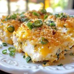 - 4 Stück Hähnchenbrustfilets, ohne Knochen und Haut - 1 Tasse Frischkäse, weich gerührt - 1 Tasse geriebener scharfer Cheddar-Käse - 1/2 Tasse frische Jalapeños, gewürfelt (Kerne für mildere Schärfe entfernt) Die Hauptzutaten sind einfach zu finden. Hähnchenbrustfilets sind das Herzstück des Gerichts. Sie sind zart und saftig. Frischkäse sorgt für die cremige Textur, die wir lieben. Der scharfe Cheddar-Käse bringt den würzigen Kick. Die Jalapeños fügen die richtige Schärfe hinzu. Wenn du es milder magst, entferne die Kerne. - 1/2 Tasse Semmelbrösel - 1/4 Tasse Frühlingszwiebeln, gehackt - 2 Esslöffel Olivenöl - 1 Teelöffel Knoblauchpulver - 1 Teelöffel Zwiebelpulver - Salz und Pfeffer nach Geschmack Gewürze machen den Unterschied. Semmelbrösel sorgen für den knusprigen Belag. Frühlingszwiebeln bringen Frische und Farbe. Olivenöl hilft, die Semmelbrösel knusprig zu machen. Knoblauchpulver und Zwiebelpulver geben den tiefen Geschmack. Salz und Pfeffer runden alles ab. - Portionen: für 4 Personen - Vorbereitungszeit: 15 Minuten - Gesamtzeit: 40 Minuten Dieses Rezept ist perfekt für ein Familienessen. Es dient vier Personen. Die Vorbereitungszeit ist kurz und macht es einfach, das Gericht schnell zu machen. Insgesamt benötigst du nur 40 Minuten für ein leckeres Essen. {{ingredient_image_2}} Heizen Sie Ihren Ofen auf 200°C (400°F) vor. Dies ist wichtig, um das Hühnchen gleichmäßig zu garen. Die richtige Temperatur hilft, die Füllung schmelzen und die Semmelbrösel knusprig werden zu lassen. Legen Sie die Hähnchenbrustfilets in eine gefettete Auflaufform. Würzen Sie beide Seiten mit Salz, Pfeffer, Knoblauchpulver und Zwiebelpulver. Die Gewürze geben dem Hühnchen einen tollen Geschmack. Achten Sie darauf, dass die Gewürze gleichmäßig verteilt sind. In einer Schüssel vermengen Sie den weichen Frischkäse, den geriebenen Cheddar-Käse, die gewürfelten Jalapeños und die gehackten Frühlingszwiebeln. Rühren Sie alles gut um, bis es gleichmäßig verteilt ist. Diese Füllung gibt dem Hühnchen eine cremige und würzige Note. Schneiden Sie mit einem scharfen Messer eine Tasche in jede Hähnchenbrust. Füllen Sie jede Tasche großzügig mit der Jalapeño-Käse-Mischung. Drücken Sie die Hähnchenbrust leicht zusammen, damit die Füllung nicht herausfällt. Bestreuen Sie die gefüllten Hähnchen mit der Semmelbröselmischung. Backen Sie das Hühnchen 25–30 Minuten lang. Achten Sie darauf, dass das Hühnchen durchgegart ist und die Semmelbrösel goldbraun werden. Um die perfekte Füllung für dein Jalapeño-Popper-Hühnchen zu machen, achte auf das richtige Verhältnis von Frischkäse und Käse. Ich empfehle, eine Tasse Frischkäse mit einer Tasse geriebenem scharfen Cheddar zu mischen. Dieses Verhältnis sorgt für eine cremige und würzige Füllung. Wenn du es besonders cremig magst, kannst du etwas mehr Frischkäse hinzufügen. Die Schärfe ist wichtig. Du kannst den Schärfegrad mit Jalapeños anpassen. Verwende frische Jalapeños für mehr Hitze. Wenn du es milder magst, entferne die Kerne und die weißen Membranen. So bleibt der Geschmack, aber die Schärfe wird weniger intensiv. Experimentiere mit der Menge der Jalapeños, um den perfekten Biss zu finden. Die Präsentation macht viel aus. Ich empfehle, den Auflauf mit gehackten Frühlingszwiebeln oder in Scheiben geschnittenen Jalapeños zu garnieren. Dies gibt dem Gericht einen frischen Farbklecks. Serviere es mit einem frischen Gartensalat. Das macht die Mahlzeit leicht und gesund. So wird jeder Biss zum Genuss! Pro Tipps Hähnchen zart halten: Marinieren Sie die Hähnchenbrustfilets mindestens 30 Minuten vorher in einer Mischung aus Olivenöl, Zitronensaft und Gewürzen, um sie saftig und zart zu machen. Für mehr Geschmack: Fügen Sie der Käsemischung etwas geräucherte Paprika oder Kreuzkümmel hinzu, um einen zusätzlichen Geschmackskick zu erhalten. Schärfe anpassen: Wenn Sie es weniger scharf mögen, entfernen Sie die Kerne und die Membran der Jalapeños oder verwenden Sie stattdessen milde Paprika. Für knusprige Kruste: Erhöhen Sie die Backtemperatur auf 220°C (425°F) für die letzten 5 Minuten, um die Semmelbrösel extra knusprig zu machen. {{image_4}} Für mehr Abwechslung können Sie andere Käsesorten verwenden. Statt scharfen Cheddar, probieren Sie Gouda oder Mozzarella. Diese Käsesorten schmelzen gut und geben dem Gericht einen anderen Geschmack. Wenn Sie es cremiger mögen, mischen Sie etwas Brie oder Camembert unter. So bleibt das Gericht spannend und frisch! Fügen Sie zusätzliches Gemüse für mehr Nährstoffe hinzu. Paprika, Zucchini oder Spinat passen gut zu diesem Rezept. Schneiden Sie das Gemüse klein und mischen Sie es in die Füllung. So wird das Gericht bunter und gesünder. Das gibt Ihnen auch einen schönen Crunch in jedem Bissen! Wenn Sie eine Low-Carb-Option suchen, ersetzen Sie die Semmelbrösel. Verwenden Sie stattdessen gemahlene Mandeln oder Kokosmehl. Diese Alternativen sind nährstoffreicher und passen gut zu den anderen Zutaten. So bleibt das Gericht lecker, ohne die Kohlenhydrate zu erhöhen. Um deinen Jalapeño Popper Chicken Bake frisch zu halten, benutze einen luftdichten Behälter. Ein Glasbehälter oder eine Plastikschüssel mit einem Deckel funktioniert gut. Stelle sicher, dass das Gericht abgekühlt ist, bevor du es verstaust. So bleibt der Geschmack erhalten und Bakterien haben keine Chance. Ja, du kannst das Gericht auch einfrieren. Teile den Auflauf in Portionen auf, bevor du ihn einfrierst. Wickle die Portionen in Frischhaltefolie und lege sie in einen Gefrierbeutel. Vergiss nicht, das Datum darauf zu schreiben. Zum Auftauen, lege die Portionen über Nacht in den Kühlschrank, bevor du sie aufwärmst. So bleiben sie saftig und lecker. Im Kühlschrank bleibt der Jalapeño Popper Chicken Bake bis zu drei Tage frisch. Wenn du ihn einfrierst, kann er bis zu drei Monate halten. Achte darauf, die Qualität zu prüfen, bevor du ihn isst. Wenn er komisch riecht oder die Farbe sich ändert, lieber wegwerfen! Ja, du kannst das Rezept im Voraus zubereiten. Bereite die Füllung vor und fülle die Hähnchenbrustfilets. Decke sie gut ab und stelle sie in den Kühlschrank. So sparst du Zeit am Backtag. Du kannst sie bis zu 24 Stunden im Voraus vorbereiten. Denke daran, die Auflaufform vor dem Backen auf Raumtemperatur zu bringen. Das Hühnchen muss 25–30 Minuten backen. Die genaue Zeit hängt von der Dicke der Filets ab. Dickere Stücke benötigen etwas mehr Zeit. Du kannst die Kerntemperatur von 75°C (165°F) überprüfen. So stellst du sicher, dass das Hühnchen durchgegart ist. Zu Jalapeño Popper Chicken Bake passen viele Beilagen. Hier sind einige Vorschläge: - Ein frischer Gartensalat - Gegrilltes Gemüse - Reis oder Quinoa - Nacho-Chips mit Salsa Diese Beilagen ergänzen den Geschmack und bringen frische Elemente auf den Tisch. In diesem Blogpost haben wir das Rezept für Jalapeño Popper Chicken Bake durchleuchtet. Wir haben die Hauptzutaten, Gewürze und Portionsgröße besprochen. Außerdem haben wir eine Schritt-für-Schritt-Anleitung gegeben und wertvolle Tipps zur Zubereitung und Variationen angeboten. Denke daran, deine Lieblingskäse und Gemüse zu verwenden. Du kannst auch die Schärfe anpassen. Bleib kreativ und genieße das Kochen! So wird dein Gericht immer lecker und spannend.