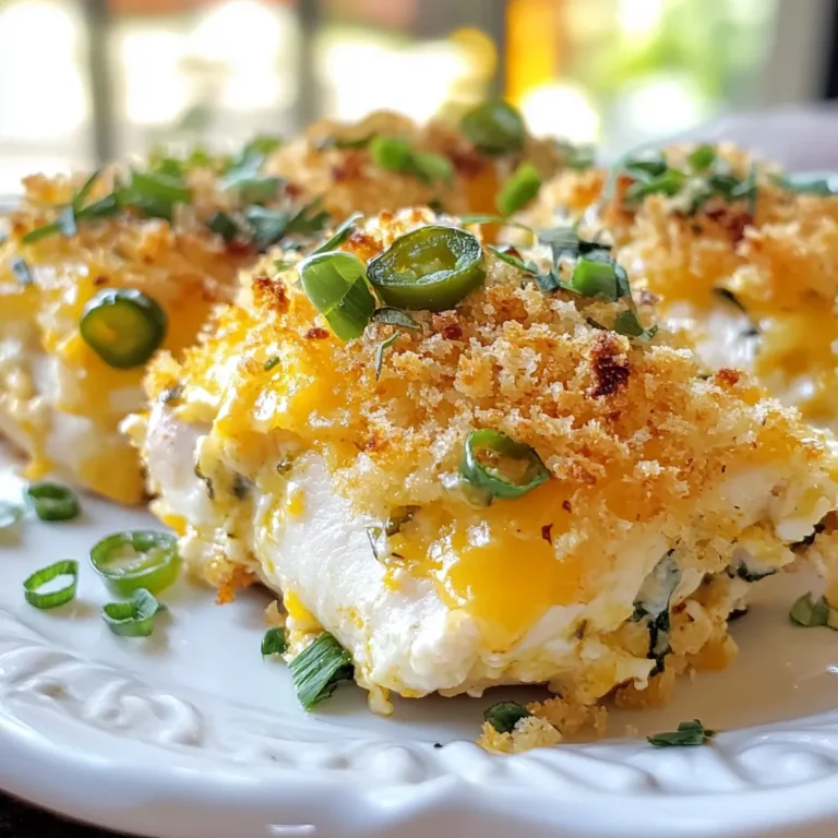 - 4 Stück Hähnchenbrustfilets, ohne Knochen und Haut - 1 Tasse Frischkäse, weich gerührt - 1 Tasse geriebener scharfer Cheddar-Käse - 1/2 Tasse frische Jalapeños, gewürfelt (Kerne für mildere Schärfe entfernt) Die Hauptzutaten sind einfach zu finden. Hähnchenbrustfilets sind das Herzstück des Gerichts. Sie sind zart und saftig. Frischkäse sorgt für die cremige Textur, die wir lieben. Der scharfe Cheddar-Käse bringt den würzigen Kick. Die Jalapeños fügen die richtige Schärfe hinzu. Wenn du es milder magst, entferne die Kerne. - 1/2 Tasse Semmelbrösel - 1/4 Tasse Frühlingszwiebeln, gehackt - 2 Esslöffel Olivenöl - 1 Teelöffel Knoblauchpulver - 1 Teelöffel Zwiebelpulver - Salz und Pfeffer nach Geschmack Gewürze machen den Unterschied. Semmelbrösel sorgen für den knusprigen Belag. Frühlingszwiebeln bringen Frische und Farbe. Olivenöl hilft, die Semmelbrösel knusprig zu machen. Knoblauchpulver und Zwiebelpulver geben den tiefen Geschmack. Salz und Pfeffer runden alles ab. - Portionen: für 4 Personen - Vorbereitungszeit: 15 Minuten - Gesamtzeit: 40 Minuten Dieses Rezept ist perfekt für ein Familienessen. Es dient vier Personen. Die Vorbereitungszeit ist kurz und macht es einfach, das Gericht schnell zu machen. Insgesamt benötigst du nur 40 Minuten für ein leckeres Essen. {{ingredient_image_2}} Heizen Sie Ihren Ofen auf 200°C (400°F) vor. Dies ist wichtig, um das Hühnchen gleichmäßig zu garen. Die richtige Temperatur hilft, die Füllung schmelzen und die Semmelbrösel knusprig werden zu lassen. Legen Sie die Hähnchenbrustfilets in eine gefettete Auflaufform. Würzen Sie beide Seiten mit Salz, Pfeffer, Knoblauchpulver und Zwiebelpulver. Die Gewürze geben dem Hühnchen einen tollen Geschmack. Achten Sie darauf, dass die Gewürze gleichmäßig verteilt sind. In einer Schüssel vermengen Sie den weichen Frischkäse, den geriebenen Cheddar-Käse, die gewürfelten Jalapeños und die gehackten Frühlingszwiebeln. Rühren Sie alles gut um, bis es gleichmäßig verteilt ist. Diese Füllung gibt dem Hühnchen eine cremige und würzige Note. Schneiden Sie mit einem scharfen Messer eine Tasche in jede Hähnchenbrust. Füllen Sie jede Tasche großzügig mit der Jalapeño-Käse-Mischung. Drücken Sie die Hähnchenbrust leicht zusammen, damit die Füllung nicht herausfällt. Bestreuen Sie die gefüllten Hähnchen mit der Semmelbröselmischung. Backen Sie das Hühnchen 25–30 Minuten lang. Achten Sie darauf, dass das Hühnchen durchgegart ist und die Semmelbrösel goldbraun werden. Um die perfekte Füllung für dein Jalapeño-Popper-Hühnchen zu machen, achte auf das richtige Verhältnis von Frischkäse und Käse. Ich empfehle, eine Tasse Frischkäse mit einer Tasse geriebenem scharfen Cheddar zu mischen. Dieses Verhältnis sorgt für eine cremige und würzige Füllung. Wenn du es besonders cremig magst, kannst du etwas mehr Frischkäse hinzufügen. Die Schärfe ist wichtig. Du kannst den Schärfegrad mit Jalapeños anpassen. Verwende frische Jalapeños für mehr Hitze. Wenn du es milder magst, entferne die Kerne und die weißen Membranen. So bleibt der Geschmack, aber die Schärfe wird weniger intensiv. Experimentiere mit der Menge der Jalapeños, um den perfekten Biss zu finden. Die Präsentation macht viel aus. Ich empfehle, den Auflauf mit gehackten Frühlingszwiebeln oder in Scheiben geschnittenen Jalapeños zu garnieren. Dies gibt dem Gericht einen frischen Farbklecks. Serviere es mit einem frischen Gartensalat. Das macht die Mahlzeit leicht und gesund. So wird jeder Biss zum Genuss! Pro Tipps Hähnchen zart halten: Marinieren Sie die Hähnchenbrustfilets mindestens 30 Minuten vorher in einer Mischung aus Olivenöl, Zitronensaft und Gewürzen, um sie saftig und zart zu machen. Für mehr Geschmack: Fügen Sie der Käsemischung etwas geräucherte Paprika oder Kreuzkümmel hinzu, um einen zusätzlichen Geschmackskick zu erhalten. Schärfe anpassen: Wenn Sie es weniger scharf mögen, entfernen Sie die Kerne und die Membran der Jalapeños oder verwenden Sie stattdessen milde Paprika. Für knusprige Kruste: Erhöhen Sie die Backtemperatur auf 220°C (425°F) für die letzten 5 Minuten, um die Semmelbrösel extra knusprig zu machen. {{image_4}} Für mehr Abwechslung können Sie andere Käsesorten verwenden. Statt scharfen Cheddar, probieren Sie Gouda oder Mozzarella. Diese Käsesorten schmelzen gut und geben dem Gericht einen anderen Geschmack. Wenn Sie es cremiger mögen, mischen Sie etwas Brie oder Camembert unter. So bleibt das Gericht spannend und frisch! Fügen Sie zusätzliches Gemüse für mehr Nährstoffe hinzu. Paprika, Zucchini oder Spinat passen gut zu diesem Rezept. Schneiden Sie das Gemüse klein und mischen Sie es in die Füllung. So wird das Gericht bunter und gesünder. Das gibt Ihnen auch einen schönen Crunch in jedem Bissen! Wenn Sie eine Low-Carb-Option suchen, ersetzen Sie die Semmelbrösel. Verwenden Sie stattdessen gemahlene Mandeln oder Kokosmehl. Diese Alternativen sind nährstoffreicher und passen gut zu den anderen Zutaten. So bleibt das Gericht lecker, ohne die Kohlenhydrate zu erhöhen. Um deinen Jalapeño Popper Chicken Bake frisch zu halten, benutze einen luftdichten Behälter. Ein Glasbehälter oder eine Plastikschüssel mit einem Deckel funktioniert gut. Stelle sicher, dass das Gericht abgekühlt ist, bevor du es verstaust. So bleibt der Geschmack erhalten und Bakterien haben keine Chance. Ja, du kannst das Gericht auch einfrieren. Teile den Auflauf in Portionen auf, bevor du ihn einfrierst. Wickle die Portionen in Frischhaltefolie und lege sie in einen Gefrierbeutel. Vergiss nicht, das Datum darauf zu schreiben. Zum Auftauen, lege die Portionen über Nacht in den Kühlschrank, bevor du sie aufwärmst. So bleiben sie saftig und lecker. Im Kühlschrank bleibt der Jalapeño Popper Chicken Bake bis zu drei Tage frisch. Wenn du ihn einfrierst, kann er bis zu drei Monate halten. Achte darauf, die Qualität zu prüfen, bevor du ihn isst. Wenn er komisch riecht oder die Farbe sich ändert, lieber wegwerfen! Ja, du kannst das Rezept im Voraus zubereiten. Bereite die Füllung vor und fülle die Hähnchenbrustfilets. Decke sie gut ab und stelle sie in den Kühlschrank. So sparst du Zeit am Backtag. Du kannst sie bis zu 24 Stunden im Voraus vorbereiten. Denke daran, die Auflaufform vor dem Backen auf Raumtemperatur zu bringen. Das Hühnchen muss 25–30 Minuten backen. Die genaue Zeit hängt von der Dicke der Filets ab. Dickere Stücke benötigen etwas mehr Zeit. Du kannst die Kerntemperatur von 75°C (165°F) überprüfen. So stellst du sicher, dass das Hühnchen durchgegart ist. Zu Jalapeño Popper Chicken Bake passen viele Beilagen. Hier sind einige Vorschläge: - Ein frischer Gartensalat - Gegrilltes Gemüse - Reis oder Quinoa - Nacho-Chips mit Salsa Diese Beilagen ergänzen den Geschmack und bringen frische Elemente auf den Tisch. In diesem Blogpost haben wir das Rezept für Jalapeño Popper Chicken Bake durchleuchtet. Wir haben die Hauptzutaten, Gewürze und Portionsgröße besprochen. Außerdem haben wir eine Schritt-für-Schritt-Anleitung gegeben und wertvolle Tipps zur Zubereitung und Variationen angeboten. Denke daran, deine Lieblingskäse und Gemüse zu verwenden. Du kannst auch die Schärfe anpassen. Bleib kreativ und genieße das Kochen! So wird dein Gericht immer lecker und spannend.