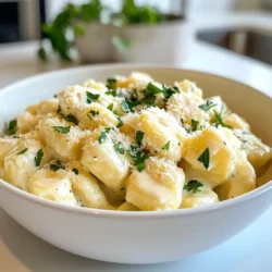 Um Blumenkohl-Gnocchi Alfredo zuzubereiten, benötigen Sie folgende Zutaten: - 1 Packung (16 oz) Blumenkohl-Gnocchi (aus dem Geschäft) - 2 Tassen Blumenkohl-Röschen (frisch oder gefroren) - 1 Tasse Gemüsebrühe - 1 Tasse Sahne (oder Kokoscreme für eine milchfreie Option) - 1 Tasse geriebener Parmesan (oder Nährhefe für eine vegane Option) - 2 Knoblauchzehen, fein gehackt - 1 Esslöffel Olivenöl - 1 Teelöffel Zwiebelpulver - 1/2 Teelöffel Muskatnuss - Salz und Pfeffer nach Geschmack - Frische Petersilie, gehackt zum Garnieren Diese Zutaten sorgen für einen reichen, cremigen Geschmack. Der Blumenkohl bringt eine tolle Textur. Die Gnocchi bieten das richtige Mundgefühl. Für eine vegane Version können Sie die Sahne durch Kokoscreme ersetzen. Nährhefe ist ein guter Ersatz für Parmesan. Sie gibt einen nussigen Geschmack, der toll passt. Diese Alternativen machen das Gericht milchfrei und gesund. Wenn Sie frischen Blumenkohl wählen, achten Sie auf feste Röschen. Sie sollten hell und grün sein. Vermeiden Sie braune oder matschige Stellen. Achten Sie auch auf die Gnocchi. Wählen Sie Produkte ohne künstliche Zutaten. Hochwertige Brühe macht einen großen Unterschied im Geschmack. Frische Kräuter wie Petersilie geben dem Gericht das letzte besondere Etwas. {{ingredient_image_2}} Zuerst bereiten wir den Blumenkohl vor. Wenn Sie frischen Blumenkohl haben, dämpfen Sie die Röschen für etwa 8 bis 10 Minuten. Sie sollten weich sein. Für gefrorenen Blumenkohl folgen Sie den Anweisungen auf der Verpackung. Nachdem der Blumenkohl gekocht ist, geben Sie ihn in einen Mixer. Fügen Sie 1 Tasse Gemüsebrühe, 1 Tasse Sahne und 2 fein gehackte Knoblauchzehen hinzu. Geben Sie auch 1 Teelöffel Zwiebelpulver, 1/2 Teelöffel Muskatnuss, Salz und Pfeffer dazu. Mixen Sie alles gut, bis die Mischung glatt und cremig ist. Passen Sie die Gewürze nach Ihrem Geschmack an. Jetzt kommt der Spaß mit den Gnocchi. Bringen Sie in einem großen Topf leicht gesalzenes Wasser zum Kochen. Geben Sie die Blumenkohl-Gnocchi aus der Packung hinein. Kochen Sie die Gnocchi nach den Anweisungen auf der Verpackung, normalerweise etwa 2 bis 3 Minuten. Sie sind fertig, wenn sie an die Oberfläche schwimmen. Nachdem sie gekocht sind, gießen Sie die Gnocchi ab und legen Sie sie beiseite. Für die Alfredo-Soße erhitzen Sie 1 Esslöffel Olivenöl in einer Pfanne bei mittlerer Hitze. Gießen Sie die pürierte Blumenkohlsoße hinein und rühren Sie um, bis sie warm ist. Fügen Sie 1 Tasse geriebenen Parmesan hinzu und rühren Sie weiter, bis der Käse geschmolzen ist und gut vermischt wurde. Jetzt können Sie die gekochten Gnocchi zur Soße geben. Heben Sie sie vorsichtig unter, sodass die Gnocchi gleichmäßig bedeckt sind. Lassen Sie das Ganze 2 bis 3 Minuten köcheln, damit sich die Aromen gut vermischen. Bei der Zubereitung von Blumenkohl-Gnocchi Alfredo gibt es einige häufige Fehler. Ein häufiger Fehler ist, den Blumenkohl zu lange zu dämpfen. Dies macht ihn wässrig und schwer zu pürieren. Halten Sie die Garzeit bei etwa 8-10 Minuten. Überprüfen Sie die Röschen mit einer Gabel auf Zartheit. Ein weiterer Fehler ist, die Gnocchi zu lange zu kochen. Sie sollten nur 2-3 Minuten in kochendem Wasser bleiben. Wenn sie an die Oberfläche schwimmen, sind sie bereit. Überkochen macht sie matschig. Die Konsistenz der Sauce ist entscheidend für den Geschmack. Wenn Ihre Sauce zu dick ist, fügen Sie etwas mehr Gemüsebrühe hinzu. Mixen Sie alles gut, bis die Mischung cremig ist. Wenn die Sauce zu dünn ist, lassen Sie sie einige Minuten länger köcheln. Dadurch verdampft etwas Flüssigkeit. Stellen Sie sicher, dass der geriebene Parmesan gut schmilzt. Dies sorgt für eine glatte Sauce. Wenn Sie die vegane Option wählen, verwenden Sie Nährhefe und pürieren die Mischung gut. Servieren Sie die Blumenkohl-Gnocchi Alfredo in tiefen Schalen. Garnieren Sie mit frischer Petersilie für einen schönen Farbkontrast. Ein zusätzlicher Hauch von Parmesan macht das Gericht noch leckerer. Sie können auch einen frischen Salat dazu anbieten. Ein einfacher grüner Salat passt gut. Für den extra Kick können Sie einige geröstete Pinienkerne oder Walnüsse hinzufügen. Diese geben einen tollen Crunch und zusätzliche Nährstoffe. Pro Tipps Verwenden Sie frischen Blumenkohl: Für den besten Geschmack und die beste Textur sollten Sie frischen Blumenkohl anstelle von gefrorenem verwenden, wenn möglich. Würzen Sie die Soße: Schmecken Sie die Blumenkohlsoße ab und passen Sie die Gewürze nach Ihrem Geschmack an, um die Aromen zu intensivieren. Gnocchi richtig kochen: Überkochen Sie die Gnocchi nicht, da sie sonst matschig werden. Kochen Sie sie nur so lange, bis sie an die Oberfläche schwimmen. Variationen: Fügen Sie zusätzliches Gemüse wie Spinat oder Erbsen hinzu, um mehr Farbe und Nährstoffe in Ihr Gericht zu integrieren. {{image_4}} Um deine Blumenkohl-Gnocchi Alfredo noch schmackhafter zu machen, kannst du verschiedene Aromen hinzufügen. Ein paar einfache Ideen sind: - Frische Kräuter: Füge Basilikum oder Thymian hinzu. Sie geben einen tollen Duft. - Zitrone: Ein Spritzer Zitronensaft macht die Soße frisch und lebendig. - Käse: Probiere verschiedene Käsesorten wie Pecorino oder Gouda für neue Geschmäcker. Du kannst noch mehr Gemüse in dein Gericht packen. Das erhöht die Nährstoffe und den Geschmack. Hier sind einige Vorschläge: - Spinat: Frischer Spinat passt gut zur cremigen Soße. Gib ihn einfach in die Pfanne. - Brokkoli: Koche Brokkoliröschen und mische sie unter die Gnocchi. - Pilze: Sautierte Champignons bringen einen herzhaften Geschmack in die Soße. Um deine Gnocchi Alfredo zu einer kompletten Mahlzeit zu machen, füge etwas Protein hinzu. Hier sind ein paar Ideen: - Hühnchen: Gegrilltes Hühnchen passt perfekt zu den Gnocchi. - Garnelen: Gebratene Garnelen geben einen leckeren, maritimen Geschmack. - Kichererbsen: Für eine pflanzliche Option sind Kichererbsen eine tolle Wahl. Sie sind reich an Protein und Ballaststoffen. Wenn Sie Blumenkohl-Gnocchi Alfredo nicht ganz aufessen, bewahren Sie die Reste in einem luftdichten Behälter auf. Lassen Sie die Gnocchi und die Soße nicht zusammen, um die Textur zu erhalten. Trennen Sie sie also, wenn Sie sie lagern. Sie können die Gnocchi auch in einem Beutel mit Reißverschluss aufbewahren. Vergessen Sie nicht, das Datum darauf zu schreiben, damit Sie wissen, wann Sie sie gemacht haben. Um die Gnocchi aufzuwärmen, geben Sie sie in eine Pfanne. Fügen Sie einen kleinen Schuss Wasser oder Brühe hinzu. Decken Sie die Pfanne ab und erwärmen Sie sie bei mittlerer Hitze. Rühren Sie die Gnocchi regelmäßig um, damit sie gleichmäßig warm werden. So bleiben sie weich und lecker. Wenn Sie die Soße aufwärmen, nutzen Sie ebenfalls eine Pfanne. Rühren Sie die Soße oft, bis sie heiß ist. Im Kühlschrank halten sich die Reste etwa drei bis fünf Tage. Achten Sie darauf, die Reste gut zu verpacken. Wenn Sie die Gnocchi länger aufbewahren möchten, frieren Sie sie ein. In einem gefrierfesten Behälter oder Beutel halten sie sich bis zu drei Monate. Achten Sie darauf, so viel Luft wie möglich herauszudrücken, bevor Sie den Behälter schließen. So bleibt der Geschmack frisch. Um Blumenkohl-Gnocchi von Grund auf zu machen, brauchen Sie frischen Blumenkohl. Dämpfen Sie die Röschen, bis sie weich sind. Pürieren Sie den gekochten Blumenkohl mit etwas Mehl. Fügen Sie ein Ei und Gewürze hinzu. Kneten Sie den Teig und formen Sie kleine Gnocchi. Kochen Sie sie dann in leicht gesalzenem Wasser, bis sie an die Oberfläche kommen. Ja, Sie können die Gnocchi selbst machen. Es ist einfach und macht Spaß! Die frischen Gnocchi haben einen tollen Geschmack. Sie können auch Blumenkohl oder andere Zutaten verwenden, um die Textur zu ändern. Diese Methode gibt Ihnen die Kontrolle über die Zutaten und den Geschmack. Blumenkohl-Gnocchi Alfredo schmeckt toll mit frischen Salaten oder gedünstetem Gemüse. Sie können auch Brot dazu servieren. Ein knuspriges Baguette passt wunderbar. Kräuter wie Basilikum oder Petersilie bringen frische Aromen. Probieren Sie auch Parmesan oder eine vegane Käsealternative als Topping. Blumenkohl-Gnocchi Alfredo ist einfach und lecker. Wir haben die Hauptzutaten und frische Alternativen besprochen. Die Anleitung zeigt, wie man den Blumenkohl vorbereitet und die Gnocchi kocht. Tipps helfen, Fehler zu vermeiden und die perfekte Konsistenz zu erreichen. Variationen fügen Geschmack und Nährstoffe hinzu. Schließlich gibt es nützliche Lagerinfos und Antworten auf häufige Fragen. Jetzt bist du bereit, diese gesunde Mahlzeit zu genießen und zu variieren. Viel Spaß beim Kochen!