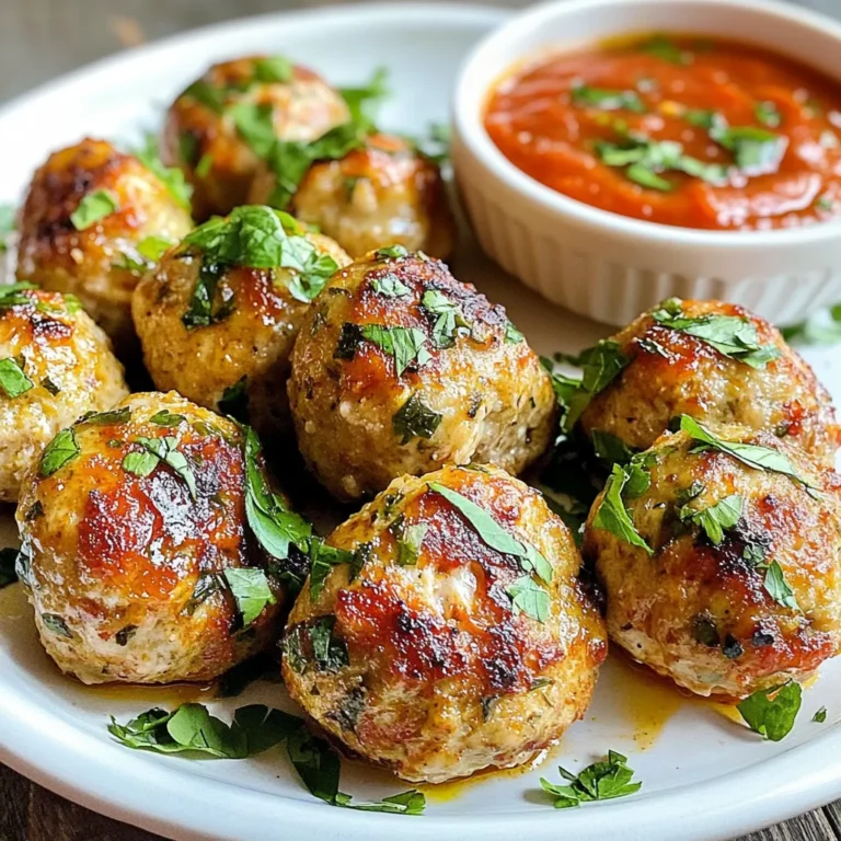 - 450 g gemahlenes Truthahnfleisch - 3 Knoblauchzehen, fein gehackt - 60 ml frische Petersilie, gehackt - 60 ml frisches Basilikum, gehackt - 30 g geriebener Parmesan - 120 ml Semmelbrösel - 1 großes Ei - 1 Teelöffel Zwiebelpulver - 1/2 Teelöffel getrockneter Oregano - 1/2 Teelöffel Salz - 1/4 Teelöffel schwarzer Pfeffer - 1 Esslöffel Olivenöl (zum Braten) Die Zutaten sind einfach und frisch. Gemahlenes Truthahnfleisch gibt eine gute Basis. Der Knoblauch bringt Geschmack und Aroma. Petersilie und Basilikum fügen frische Kräuternoten hinzu. Parmesan macht die Bällchen herzhaft. Semmelbrösel sorgen für die richtige Konsistenz. Das Ei bindet alles zusammen. Die Gewürze sind wichtig. Oregano gibt einen tollen Geschmack. Salz und Pfeffer sind Grundgewürze, die man immer braucht. Olivenöl ist gut zum Braten. Es verleiht den Bällchen Geschmack und hilft beim Bräunen. Jede Zutat spielt eine Rolle. Achte darauf, frische Kräuter zu verwenden. Sie machen einen großen Unterschied im Geschmack. Wenn du magst, kannst du die Kräuter auch variieren. {{ingredient_image_2}} - Ofen vorheizen auf 200°C. - Alle Zutaten in einer großen Schüssel vorbereiten und bereitstellen. Zuerst heizen wir den Ofen auf 200°C vor. Das sorgt dafür, dass die Fleischbällchen gleichmäßig garen. Während der Ofen aufheizt, bereiten wir alle unsere Zutaten vor. Das macht den Prozess schneller und einfacher. Achte darauf, dass alles bereit ist: das gemahlene Truthahnfleisch, der Knoblauch, die Kräuter und die anderen Zutaten. - Truthahnfleisch, Knoblauch, Kräuter und Gewürze gründlich vermengen. - Auf die Textur achten, um Überkneten zu vermeiden. Jetzt kommt der spaßige Teil! Gib das gemahlene Truthahnfleisch in eine große Schüssel. Füge die fein gehackten Knoblauchzehen hinzu. Dann kommen die frischen Kräuter, das Ei und die Gewürze. Mische alles gut durch. Achte darauf, dass du die Masse nicht zu lange knetest. Überkneten macht die Bällchen fest. Sie sollen zart und saftig sein. - Fleischbällchen formen und auf das Backblech legen. - Olivenöl gleichmäßig über die Fleischbällchen träufeln. - Backzeit und -temperatur beachten. Jetzt formen wir die Fleischbällchen! Nimm etwa eine Handvoll der Mischung und rolle sie in deinen Händen. Die Bällchen sollten etwa 2,5 bis 4 cm groß sein. Lege sie dann auf ein mit Backpapier ausgelegtes Backblech. Träufle etwas Olivenöl über die Bällchen. Das sorgt für zusätzlichen Geschmack und hilft, sie saftig zu halten. Jetzt ist es Zeit, sie in den vorgeheizten Ofen zu schieben. Backe sie für 20 bis 25 Minuten. Sie sind fertig, wenn sie goldbraun und durchgegart sind. Um die besten Fleischbällchen zu machen, ist es wichtig, die Textur zu beachten. Vermeiden Sie es, die Mischung zu lange zu kneten. Das kann die Bällchen hart machen. Mischen Sie die Zutaten nur so lange, bis alles gut verbunden ist. Bevor Sie die Bällchen formen, testen Sie die Festigkeit der Mischung. Sie sollte leicht zusammenhalten, aber nicht zu fest sein. Knoblauch-Kräuter-Truthahnfleischbällchen passen perfekt zu Marinara-Sauce oder anderen Saucen. Die Sauce macht das Gericht saftiger und leckerer. Sie können auch frisches Basilikum oder Petersilie als Garnitur verwenden. Servieren Sie die Bällchen mit knusprigem Brot. So können Sie die Sauce wunderbar auftunken. Auch ein frischer Salat als Beilage ist eine tolle Idee. Achten Sie darauf, die richtige Backzeit einzuhalten. Die Fleischbällchen sollten goldbraun und durchgegart sein. Wenn sie zu lange backen, werden sie trocken. Verwenden Sie frische Kräuter und Gewürze für mehr Geschmack. Sie geben den Bällchen das besondere Aroma. Alte oder getrocknete Kräuter können den Geschmack mindern. Pro Tipps Frische Kräuter: Verwenden Sie frische Kräuter für einen intensiveren Geschmack. Frische Petersilie und Basilikum heben das Aroma der Fleischbällchen hervor. Fleischbällchen gleichmäßig formen: Stellen Sie sicher, dass alle Fleischbällchen gleich groß sind, um ein gleichmäßiges Garen zu gewährleisten. Öl für zusätzlichen Geschmack: Das Träufeln von Olivenöl auf die Fleischbällchen vor dem Backen sorgt für eine goldene, knusprige Oberfläche und zusätzlichen Geschmack. Marinara-Sauce aufwärmen: Erhitzen Sie die Marinara-Sauce während des Backens der Fleischbällchen, um sie heiß servieren zu können – das macht das Gericht noch schmackhafter. {{image_4}} Sie können Petersilie und Basilikum durch andere Kräuter ersetzen. Zum Beispiel sind Thymian und Rosmarin großartig. Sie geben den Fleischbällchen einen anderen Geschmack. Auch frischer Dill kann eine interessante Note hinzufügen. Gewürze wie Paprika oder Chili geben den Bällchen mehr Wärme. Ein Teelöffel Paprika bringt eine rauchige Tiefe. Chili fügt eine scharfe Kante hinzu. Möchten Sie gefüllte Fleischbällchen? Das ist einfach! Fügen Sie Käse oder Oliven in die Mitte hinzu. Mozzarella sorgt für einen tollen Schmelz. Feta gibt einen kräftigen Geschmack. Für die Zubereitung formen Sie die Bällchen. Machen Sie eine kleine Mulde, fügen Sie die Füllung hinzu und schließen Sie die Bällchen wieder. Backen Sie sie dann wie gewohnt. Für eine Low-Carb-Option nutzen Sie Zucchini- oder Blumenkohlreis. Diese ersetzen die Semmelbrösel perfekt. Blumenkohlreis gibt eine feine Struktur. Zucchini macht die Bällchen saftig. Auch glutenfreie Optionen sind möglich. Verwenden Sie glutenfreie Semmelbrösel oder Kokosmehl. So genießen Sie die Fleischbällchen ohne Gluten. Um die Knoblauch-Kräuter-Truthahnfleischbällchen frisch zu halten, lagern Sie sie im Kühlschrank. Legen Sie die Fleischbällchen in einen luftdichten Behälter. So bleibt der Geschmack erhalten. Sie sind bis zu drei Tage haltbar. Wenn Sie die Bällchen länger aufbewahren möchten, können Sie sie auch einfrieren. Um die Fleischbällchen einzufrieren, lassen Sie sie zuerst abkühlen. Legen Sie sie dann auf ein Backblech und frieren Sie sie ein. Nach ein paar Stunden können Sie die Bällchen in einen Gefrierbeutel umfüllen. So sparen Sie Platz. Die Bällchen sind bis zu drei Monate haltbar. Um sie wieder aufzutauen, legen Sie die Bällchen in den Kühlschrank. Wenn Sie es eilig haben, können Sie sie auch in der Mikrowelle auftauen. Erhitzen Sie sie dann in einer Pfanne oder im Ofen, bis sie heiß sind. Haben Sie Reste übrig? Machen Sie eine leckere Pasta mit den Fleischbällchen. Braten Sie sie einfach mit etwas Marinara-Sauce an. Sie können auch Sandwiches mit den Bällchen zubereiten. Legen Sie sie in ein Brötchen mit frischem Gemüse. Eine weitere Idee ist es, sie in einem Salat zu verwenden. So machen Sie eine gesunde Mahlzeit. Die Zubereitung dauert etwa 15 Minuten. Die Gesamtzeit beträgt 40 Minuten. Das umfasst das Mischen der Zutaten und das Backen im Ofen. Diese Fleischbällchen sind schnell und einfach zu machen. Sie sind ideal für ein schnelles Abendessen oder eine Party. Ja, gefrorenes Truthahnfleisch kann verwendet werden. Achte darauf, es vor der Zubereitung gut aufzutauen. Du kannst das Fleisch über Nacht im Kühlschrank auftauen lassen. So bleibt die Textur schön und zart. Vermeide es, gefrorenes Fleisch direkt zu verwenden, da es die Mischung wässern kann. Alternativen zu Olivenöl sind Rapsöl oder Kokosöl. Rapsöl hat einen milden Geschmack und ist gesund. Kokosöl gibt den Fleischbällchen eine andere Note. Achte darauf, dass das Öl hoch erhitzbar ist. Das sorgt für eine schöne Kruste beim Braten. Ja, diese Fleischbällchen können glutenfrei sein. Verwende glutenfreie Semmelbrösel oder ersetze sie durch gemahlene Mandeln. Achte darauf, dass alle anderen Zutaten auch glutenfrei sind. So kannst du diese leckeren Fleischbällchen ohne Sorgen genießen. Um köstliche Knoblauch-Kräuter-Truthahnfleischbällchen zuzubereiten, haben wir die Zutaten, Schritte, Tipps und Varianten untersucht. Die Hauptzutaten wie Truthahnfleisch, frische Kräuter und Gewürze sorgen für den besonderen Geschmack. Achte beim Formen der Bällchen auf die richtige Textur. Serviere sie mit Saucen oder als Teil einer Mahlzeit. Du kannst kreativ mit Füllungen oder Low-Carb-Optionen umgehen. Lagere Reste im Kühlschrank oder friere sie ein. So hast du immer einen leckeren Snack bereit. Genieße die einfache Zubereitung und den großartigen Geschmack!