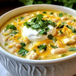 - 2 Tassen gekochtes Hühnchen, zerkleinert - 1 Dose (15 oz) weiße Bohnen - 1 Dose (4 oz) grüne Chilis Die Hauptzutaten sind einfach zu finden. Gekochtes Hühnchen gibt dem Chili einen herzhaften Geschmack. Die weißen Bohnen bringen eine cremige Textur. Grüne Chilis fügen eine milde Schärfe hinzu. Diese Kombination macht das Gericht lecker und nahrhaft. - 1 Teelöffel gemahlener Kreuzkümmel - 1 Teelöffel Chilipulver - 1/2 Teelöffel geräuchertes Paprikapulver Kreuzkümmel gibt dem Chili einen warmen, erdigen Geschmack. Chilipulver bringt eine angenehme Schärfe. Geräuchertes Paprikapulver fügt eine rauchige Note hinzu. Diese Gewürze machen das Chili besonders aromatisch. - 4 Tassen Hühnerbrühe - 1 Tasse saure Sahne - 1 Tasse geriebener Monterey Jack Käse Hühnerbrühe sorgt für eine reichhaltige Basis. Saure Sahne macht das Chili cremig und mild. Der Käse schmilzt gut und gibt einen tollen Geschmack. Diese flüssigen Zutaten verbinden alles und machen das Gericht köstlich. {{ingredient_image_2}} Beginne mit dem Erhitzen von einem Esslöffel Olivenöl in einem großen Topf. Stelle die Hitze auf mittel. Gib nun die gewürfelte Zwiebel in den Topf. Brate sie für etwa fünf Minuten an, bis sie durchscheinend wird. Füge dann die zwei fein gehackten Knoblauchzehen hinzu. Brate sie für eine weitere Minute an, bis sie gut riechen. Jetzt hast du eine gute Basis für dein Chili. Gib die Zutaten in den Topf. Füge das zerkleinerte Hühnchen, die abgetropften weißen Bohnen und die gewürfelten grünen Chilis hinzu. Streue den gemahlenen Kreuzkümmel, das Chilipulver und das geräucherte Paprikapulver darüber. Vergiss das Salz und den Pfeffer nicht. Mische alles gut, damit sich die Aromen verbinden. Gieße nun die vier Tassen Hühnerbrühe in den Topf. Bringe das Chili zum Kochen. Reduziere die Hitze auf niedrig und lasse es für 20 Minuten köcheln. So vermischen sich die Aromen gut. Nach 20 Minuten rühre die Tasse saure Sahne und den geriebenen Monterey Jack Käse ein. Mische alles, bis es cremig wird. Wärme das Chili für weitere fünf Minuten auf, ohne es zum Kochen zu bringen. Schmecke das Chili ab und passe den Geschmack an. Füge bei Bedarf mehr Salz oder Pfeffer hinzu. Jetzt ist dein White Chicken Chili bereit zum Servieren. - Verwendung von frischem Hühnchen: Frisches Hühnchen hat einen besseren Geschmack. Es macht das Chili saftiger und schmackhafter. Du kannst auch vorgekochtes Hühnchen verwenden, um Zeit zu sparen. - Aromen verstärken mit zusätzlichen Gewürzen: Du kannst das Chili mit mehr Gewürzen aufpeppen. Füge einen Hauch von Limettensaft hinzu oder verwende frische Kräuter wie Koriander. Das bringt mehr Frische und Tiefe in das Gericht. - Präsentationstipps für das Chili: Serviere das Chili in tiefen Schalen. Garniere es mit gehacktem Koriander und etwas geriebenem Käse. So sieht es schön aus und schmeckt noch besser. - Kombinationsmöglichkeiten: Kombiniere das Chili mit warmen Tortilla-Chips oder frischem Maisbrot. Diese Beilagen sind knusprig und passen perfekt zum cremigen Chili. - Kalorien pro Portion: Eine Portion hat etwa 350 Kalorien. Das macht es zu einer sättigenden Mahlzeit. - Hauptnährstoffe: Jede Portion enthält rund 25g Eiweiß, 15g Fett und 30g Kohlenhydrate. Diese Nährstoffe sorgen für Energie und Sättigung. Pro Tipps Hühnchen vorbereiten: Verwende übrig gebliebenes Hühnchen oder kaufe vorgekochtes Hühnchen für eine schnellere Zubereitung. Würze anpassen: Experimentiere mit verschiedenen Gewürzen wie Oregano oder einer Prise Zimt, um dem Chili eine besondere Note zu verleihen. Vegetarische Variante: Ersetze das Hühnchen durch Kichererbsen oder Tofu für eine köstliche vegetarische Version dieses Chilis. Einlegen für mehr Geschmack: Lasse das Chili länger köcheln, um die Aromen intensiver zu entfalten und eine cremigere Konsistenz zu erreichen. {{image_4}} Um die Schärfe deines White Chicken Chili anzupassen, kannst du verschiedene Chilis verwenden. Wenn du es milder magst, nimm weniger Chilipulver. Für mehr Schärfe füge frische Jalapeños oder Cayennepfeffer hinzu. Eine tolle Idee ist, die weißen Bohnen gegen schwarze Bohnen oder Kidneybohnen auszutauschen. Sie bringen einen neuen Geschmack und eine andere Textur. Probiere es aus, um dein Chili zu verändern. Wenn du eine vegetarische Option suchst, ersetze das Hühnchen durch Tofu oder mehr Bohnen. Tofu kann leicht den Geschmack der Gewürze aufnehmen. Das macht es zu einer großartigen Wahl für Chili. Du kannst auch Kichererbsen verwenden, um eine andere Proteinquelle hinzuzufügen. Das Ersetzen des Hühnchens durch eine Mischung aus Bohnen sorgt für eine reichhaltige und füllende Mahlzeit. So bleibt das Chili nahrhaft und lecker. Du kannst Gemüse wie Paprika oder Zucchini hinzufügen, um mehr Frische und Farbe zu bekommen. Diese Zutaten bringen Geschmack und Nährstoffe in dein Chili. Wenn du experimentierfreudig bist, versuche, verschiedene Käsesorten zu verwenden. Cheddar oder Gouda können dem Chili eine interessante Note geben. Diese Variationen machen dein Gericht noch köstlicher und einzigartiger. Um übrig gebliebenes Chili zu lagern, lasse es zuerst abkühlen. Fülle es dann in einen luftdichten Behälter. Verwende am besten Glas- oder Kunststoffbehälter, die gut schließen. Lagere das Chili im Kühlschrank bei etwa 4 °C. So bleibt es frisch und lecker. Die besten Methoden zum Wiedererwärmen sind die Mikrowelle oder der Herd. Wenn du die Mikrowelle nutzt, stelle die Leistung auf mittel und rühre das Chili zwischendurch um. So wird es gleichmäßig warm. Auf dem Herd erwärmst du es bei niedriger Hitze. Füge etwas Hühnerbrühe hinzu, um Trockenheit zu vermeiden. Rühre regelmäßig, damit es nicht anbrennt. Das Chili hält sich im Kühlschrank etwa 3 bis 4 Tage. Achte auf Anzeichen von Verderb, wie einen unangenehmen Geruch oder eine veränderte Farbe. Wenn du unsicher bist, schmecke eine kleine Menge. Wenn es seltsam schmeckt, wirf es besser weg. Die Zubereitung von White Chicken Chili ist schnell. Die Vorbereitungszeit beträgt etwa 10 Minuten. Die Kochzeit ist 25 Minuten. Insgesamt benötigst du also nur 35 Minuten. Das Gericht ergibt 6 Portionen. So kannst du in kurzer Zeit eine leckere Mahlzeit zaubern! Ja, du kannst White Chicken Chili einfrieren. Fülle das Chili in luftdichte Behälter. Lasse etwas Platz oben, da sich das Chili beim Gefrieren ausdehnt. Du kannst es bis zu drei Monate einfrieren. Zum Auftauen stelle das Chili über Nacht in den Kühlschrank. Erwärme es langsam auf dem Herd oder in der Mikrowelle. White Chicken Chili ist gesund. Es enthält mageres Hühnchen, das reich an Protein ist. Weiße Bohnen bieten Ballaststoffe und wichtige Nährstoffe. Die Gewürze wie Kreuzkümmel und Paprika fügen Geschmack und Antioxidantien hinzu. Die saure Sahne und der Käse geben Geschmack, aber du kannst sie reduzieren, um das Gericht leichter zu machen. Zusammengefasst bietet dieses Rezept für White Chicken Chili alle nötigen Schritte. Von den Hauptzutaten bis zu den besten Tipps ist alles dabei. Wichtig ist, dass du mit den Gewürzen spielst und dein Chili anpasst. Vergiss nicht, übrig gebliebenes Essen richtig zu lagern. Das Chili hält sich lange und schmeckt oft noch besser am nächsten Tag. Probiere verschiedene Variationen aus. So bleibt das Gericht spannend. Viel Spaß beim Kochen und Genießen!