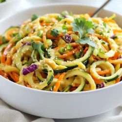 Für einen frischen Spicy Peanut Zoodle Salad brauche ich: - 2 mittelgroße Zucchini, in Spiralen geschnitten - 1 Tasse Karotten, geraspelt - 1 rote Paprika, dünn geschnitten - 1 Tasse rote Kohlscheiben, dünn geschnitten - 1/4 Tasse frischer Koriander, grob gehackt - 1/4 Tasse Frühlingszwiebeln, in Ringe geschnitten Diese Zutaten bringen Farbe und Crunch in den Salat. Die Zucchini sind leicht und gesund. Karotten fügen Süße hinzu, während die Paprika und der Kohl für Knackigkeit sorgen. Koriander und Frühlingszwiebeln geben frische Aromen. Das Dressing ist der Star dieses Salats. Hier sind die Zutaten: - 1/3 Tasse natürliche Erdnussbutter - 2 Esslöffel Sojasauce - 1 Esslöffel Honig oder Ahornsirup - 1 Esslöffel Reisessig - 1 Esslöffel Sesamöl - 1 Teelöffel Sriracha (nach Belieben anpassen) - 1-2 Esslöffel warmes Wasser Diese Mischung sorgt für eine cremige, würzige Sauce. Die Erdnussbutter gibt einen nussigen Geschmack. Sriracha bringt die Schärfe, die wir lieben. Reisessig und Sojasauce balancieren die Aromen. Ich mag es, mit frischen Kräutern und Toppings zu spielen. Hier sind einige Ideen: - Mehr frischer Koriander - Gehackte Erdnüsse für Crunch - Ein Spritzer Limettensaft für Frische - Sesamsamen für zusätzlichen Geschmack Diese Extras machen den Salat noch besser. Sie bringen neue Texturen und Aromen. Experimentiere mit deinen Favoriten! {{ingredient_image_2}} Um das Dressing zu machen, nehme eine mittelgroße Schüssel. Füge 1/3 Tasse Erdnussbutter hinzu. Dazu kommen 2 Esslöffel Sojasauce und 1 Esslöffel Honig oder Ahornsirup. Gib dann 1 Esslöffel Reisessig und 1 Esslöffel Sesamöl dazu. Für einen scharfen Kick füge 1 Teelöffel Sriracha hinzu. Rühre alles gut mit einem Schneebesen. Wenn das Dressing zu dick ist, nimm 1-2 Esslöffel warmes Wasser. Füge es löffelweise hinzu, bis es die richtige Konsistenz hat. Jetzt bereite die Gemüsezutaten vor. Nimm 2 mittelgroße Zucchini und schneide sie in Spiralen. Das nennt man Zoodles. Dann nimm 1 Tasse Karotten und raspel sie fein. Schneide 1 rote Paprika in dünne Scheiben. Nimm auch 1 Tasse roten Kohl und schneide ihn dünn. Zum Schluss hacke 1/4 Tasse frischen Koriander grob und schneide 1/4 Tasse Frühlingszwiebeln in Ringe. In einer großen Schüssel vermenge die Zoodles, Karotten, Paprika und roten Kohl. Gieße das spicy Erdnuss-Dressing über das Gemüse. Rühre vorsichtig um, sodass alles gut beschichtet ist. Füge den Koriander und die Frühlingszwiebeln hinzu. Mische alles erneut vorsichtig. Lass den Salat 10 Minuten ruhen, damit die Aromen sich entfalten. Vor dem Servieren, mische alles nochmals gut durch. Um das Dressing perfekt zu machen, beginne mit der Erdnussbutter. Sie sollte weich und cremig sein. Füge die Sojasauce, den Honig und den Reisessig hinzu. Mixe alles gut mit einem Schneebesen. Wenn das Dressing zu dick ist, gib löffelweise warmes Wasser dazu. Dies hilft, die richtige Konsistenz zu erreichen. Das Dressing sollte flüssig genug sein, um die Zoodles gut zu umhüllen. Du kannst dein Dressing leicht anpassen, um neue Aromen zu entdecken. Probiere, mehr Sriracha für mehr Schärfe hinzuzufügen. Für einen süßeren Geschmack kannst du mehr Honig oder Ahornsirup verwenden. Auch ein Spritzer Limettensaft bringt Frische. Experimentiere mit geröstetem Knoblauch oder Ingwer für mehr Tiefe. Jede Variation gibt deinem Salat eine neue Note. Zoodles halten sich im Kühlschrank nur kurz. Am besten isst du sie frisch. Wenn du sie vorbereiten möchtest, lagere sie in einem luftdichten Behälter. Füge ein Papiertuch hinzu, um Feuchtigkeit zu absorbieren. So bleiben sie länger frisch. Du kannst die Zoodles auch in einem Salat mit Dressing kombinieren, aber dann sofort essen. So schmecken sie am besten. Pro Tipps Frische Zoodles: Um die besten Zoodles zu erhalten, verwenden Sie frische, feste Zucchini und schneiden Sie diese kurz vor dem Servieren, damit sie knackig bleiben. Dressings anpassen: Experimentieren Sie mit der Schärfe des Dressings, indem Sie mehr oder weniger Sriracha hinzufügen, um es nach Ihrem Geschmack anzupassen. Vorsicht bei der Ruhezeit: Überlassen Sie den Salat nicht zu lange, da die Zoodles sonst zu weich werden können. 10 Minuten sind ideal. Ausgewogene Garnitur: Garnieren Sie den Salat mit gerösteten Erdnüssen oder Sesamsamen für zusätzlichen Crunch und Geschmack. {{image_4}} Wenn Sie diesen Salat noch frischer machen wollen, können Sie einige Zutaten ändern. Statt Zucchini können Sie Gurken verwenden. Diese machen den Salat noch knackiger. Fügen Sie auch mehr Gemüse hinzu, wie Brokkoli oder Erbsen. Diese Alternativen sind gesund und lecker. Um den Salat nahrhafter zu machen, können Sie Protein hinzufügen. Gegrillter Tofu passt sehr gut. Er hat eine tolle Textur und nimmt den Geschmack des Dressings auf. Auch Kichererbsen sind eine gute Wahl. Sie sind voller Energie und machen den Salat sättigender. Die Gewürze im Dressing machen viel aus. Wenn Sie es schärfer mögen, fügen Sie mehr Sriracha hinzu. Für eine mildere Option können Sie die Sriracha ganz weglassen. Sie können auch Limettensaft für einen frischen Geschmack verwenden. Experimentieren Sie mit verschiedenen Kräutern wie Basilikum oder Petersilie für neue Aromen. Um den Spicy Peanut Zoodle Salad frisch zu halten, bewahre ihn im Kühlschrank auf. Verwende einen luftdichten Behälter. So bleiben die Aromen erhalten und die Zoodles bleiben knackig. Wenn du den Salat für später zubereiten willst, mische das Dressing erst kurz vor dem Servieren unter. Im Kühlschrank hält sich der Salat bis zu zwei Tage. Nach dieser Zeit können die Zoodles weich werden. Die anderen Zutaten bleiben in der Regel frisch. Prüfe immer den Geruch und das Aussehen, bevor du ihn isst. Zoodles eignen sich nicht gut zum Einfrieren. Sie verlieren ihre Textur und werden matschig. Wenn du Zucchini aufbewahren willst, schneide sie in Scheiben statt in Spiralen. So kannst du sie besser in anderen Gerichten verwenden. Wenn du Zoodles verwenden möchtest, bereite sie frisch zu, um die beste Qualität zu genießen. Ja, du kannst das Dressing im Voraus machen. Bereite es einfach in einer Schüssel vor und stelle es in den Kühlschrank. Es bleibt frisch für bis zu einer Woche. Vor der Verwendung rühre es gut um. Wenn es zu dick ist, füge etwas warmes Wasser hinzu, bis die gewünschte Konsistenz erreicht ist. So sparst du Zeit, wenn du den Salat zubereitest. Um den Salat gesünder zu gestalten, kannst du folgende Tipps befolgen: - Verwende weniger Erdnussbutter für das Dressing. - Füge mehr Gemüse wie Spinat oder Gurken hinzu. - Nutze eine zuckerfreie Sojasauce. - Wähle frische Kräuter für zusätzlichen Geschmack. Diese einfachen Änderungen erhöhen die Nährstoffe und verringern die Kalorien. Dieser Salat passt perfekt zu: - Gegrilltem Hähnchen oder Tofu für Protein. - Reis oder Quinoa für eine sättigende Beilage. - Frischem Brot, um die Aromen zu ergänzen. Diese Kombinationen machen das Essen reichhaltiger und schmackhafter. Probiere sie aus und finde deinen Favoriten! Dieser Artikel hat wichtige Punkte über den Spicy Peanut Zoodle Salad behandelt. Wir haben die Hauptzutaten und das Dressing besprochen. Auch Tipps zur Zubereitung und Variation wurden gegeben. Denke daran, dass frische Kräuter und die richtige Lagerung entscheidend sind. Nutze die Vorschläge aus dem Artikel, um deinen Salat zu verbessern. Probiere verschiedene Kombis aus. So bleibt es spannend und lecker. Jetzt liegt es an dir, kreativ zu werden und deinen eigenen Salat zu genießen!