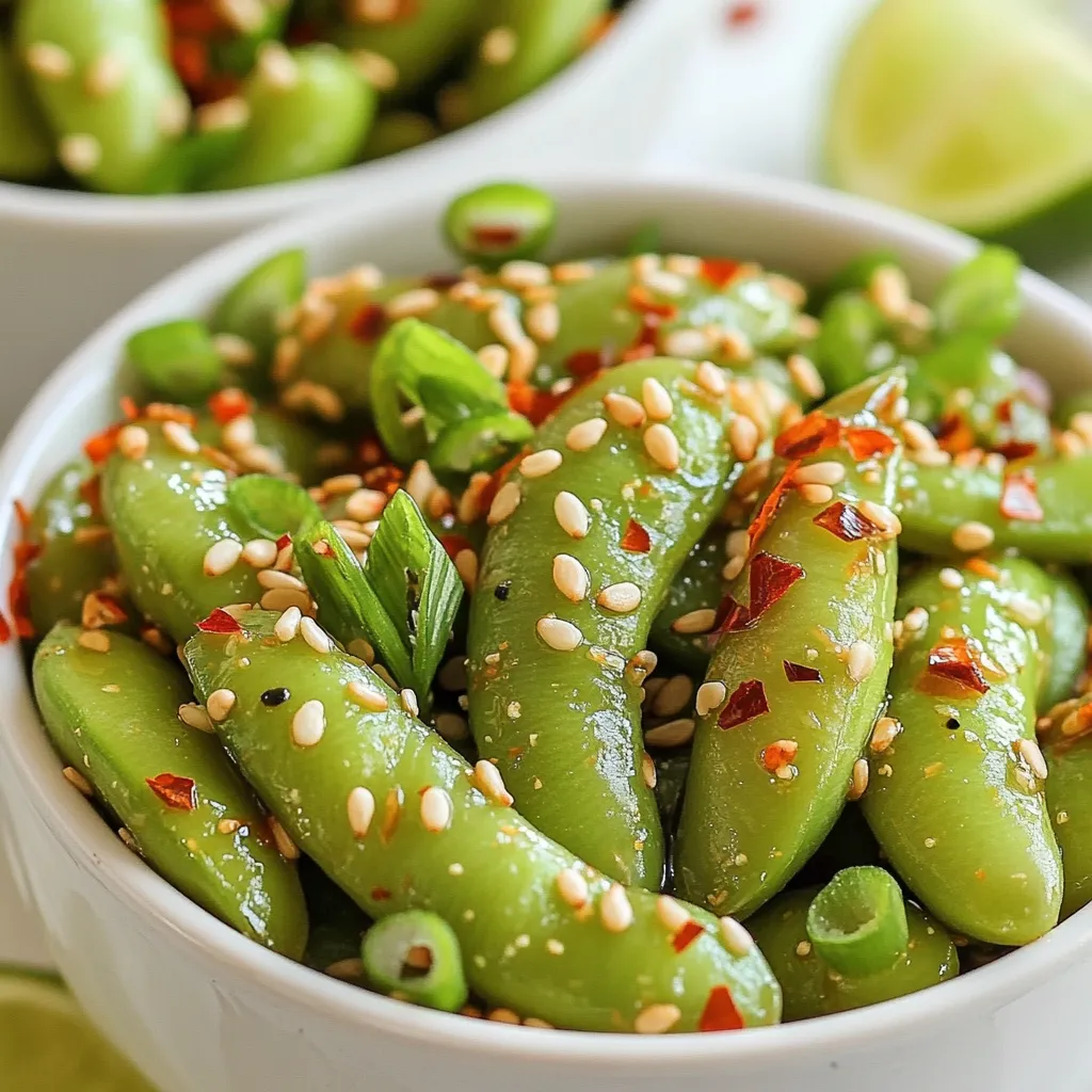 Für diese leckeren Edamame benötigen Sie: - 2 Tassen Edamame in Schoten (frisch oder gefroren) - 3 Esslöffel Olivenöl - 5 Knoblauchzehen, fein gehackt - 1 Teelöffel rote Pfefferflocken (nach Geschmack anpassen) - 1 Esslöffel Sojasauce - 1 Esslöffel Sesamöl - 1 Teelöffel geröstete Sesamsamen - Salz, nach Geschmack - Frischgehackte Frühlingszwiebeln, zum Garnieren Diese Zutaten geben den Edamame ihren tollen Geschmack. Edamame sind nahrhaft und machen einen tollen Snack. Neben den Hauptzutaten können Sie noch mehr Geschmack hinzufügen. Hier sind einige Optionen: - Limettensaft für Frische - Ingwer für eine würzige Note - Koriander für ein frisches Aroma Diese Aromen können mit den Edamame gut harmonieren. Experimentieren Sie mit verschiedenen Zutaten, um Ihren eigenen Twist zu finden. Frische Edamame schmecken oft besser. Sie haben eine knackigere Textur. Gefrorene Edamame sind jedoch praktisch. Sie sind einfach zu lagern und schnell zu kochen. Wenn Sie frische Edamame finden, nutzen Sie diese. Wenn nicht, sind gefrorene eine gute Wahl. Beide Varianten sind nährstoffreich und lecker. {{ingredient_image_2}} Beginnen Sie mit der Vorbereitung der Edamame. Wenn Sie gefrorene Edamame verwenden, kochen Sie diese gemäß den Anweisungen auf der Verpackung. Das dauert meist nur ein paar Minuten. Gießen Sie sie danach ab und lassen Sie sie kurz stehen. Wenn Sie frische Edamame nutzen, schneiden Sie die Schoten ab und spülen Sie diese gut. Erhitzen Sie eine große Pfanne bei mittlerer Hitze und fügen Sie drei Esslöffel Olivenöl hinzu. Warten Sie, bis das Öl warm ist. Geben Sie dann die fünf fein gehackten Knoblauchzehen in die Pfanne. Braten Sie den Knoblauch 1-2 Minuten an. Er sollte duften, aber nicht braun werden. Fügen Sie nun einen Teelöffel rote Pfefferflocken hinzu. Braten Sie diese eine weitere Minute an, um das Öl mit Schärfe zu füllen. Jetzt kommen die Edamame in die Pfanne. Mischen Sie sie gut mit der Knoblauch-Öl-Mischung. Geben Sie einen Esslöffel Sojasauce und einen Esslöffel Sesamöl darüber. Rühren Sie alles gut um, damit sich die Aromen verbinden. Braten Sie die Edamame für weitere 3-4 Minuten. So nehmen sie den vollen Geschmack auf. Nehmen Sie die Pfanne vom Herd. Streuen Sie geröstete Sesamsamen darüber. Würzen Sie nach Geschmack mit Salz. Garnieren Sie die Edamame mit frisch gehackten Frühlingszwiebeln, bevor Sie sie servieren. Die perfekte Garzeit für Edamame hängt von der Art ab. Frische Edamame brauchen etwa 5 Minuten. Wenn Sie gefrorene Edamame verwenden, kochen Sie sie laut Verpackung. Achten Sie darauf, die Bohnen nicht zu überkochen. Sie sollen weich, aber noch bissfest sein. Sie können die Schärfe leicht anpassen. Fügen Sie mehr oder weniger rote Pfefferflocken hinzu. Wenn Sie es milder mögen, verwenden Sie nur eine Prise. Wenn Sie es schärfer mögen, erhöhen Sie die Menge. Experimentieren Sie mit frischem Chili oder Chiliöl für einen anderen Kick. Ein häufiger Fehler ist, den Knoblauch zu lange zu braten. Er sollte nur leicht bräunen, sonst wird er bitter. Achten Sie darauf, die Edamame gut mit der Knoblauch-Öl-Mischung zu vermengen. Wenn Sie die Aromen nicht gut kombinieren, schmecken die Edamame nicht so gut. Pro Tips Frische Edamame verwenden: Wenn möglich, verwenden Sie frische Edamame-Schoten für einen besseren Geschmack und eine knackigere Textur. Knoblauch richtig anbraten: Achten Sie darauf, den Knoblauch nur kurz anzubraten, um zu verhindern, dass er bitter wird. Er sollte goldbraun sein und duften. Pfefferflocken nach Geschmack anpassen: Die Menge der roten Pfefferflocken kann je nach gewünschter Schärfe angepasst werden. Beginnen Sie mit weniger und fügen Sie nach Belieben mehr hinzu. Garnitur für zusätzlichen Geschmack: Frischgehackte Frühlingszwiebeln oder Koriander verleihen Ihrem Gericht nicht nur Farbe, sondern auch einen zusätzlichen Geschmackskick. {{image_4}} Edamame ist von Natur aus vegan. Sie können die Sojasauce durch Tamari ersetzen. Tamari ist glutenfrei und hat einen ähnlichen Geschmack. Verwenden Sie auch frische Zutaten. Zum Beispiel, frischer Ingwer kann dem Rezept eine neue Note geben. Einfach ein kleines Stück reiben und hinzufügen. Das bringt einen tollen Kick. Experimentieren Sie mit verschiedenen Aromen. Fügen Sie etwas Limettensaft hinzu, um Frische zu bringen. Sie können auch geräucherten Paprika verwenden, um einen rauchigen Geschmack zu erzielen. Für eine süßere Variante, probieren Sie Honig oder Agavendicksaft. Diese Zutaten passen gut zu den würzigen Aromen. Edamame sind perfekt als Fingerfood. Servieren Sie sie zusammen mit anderen Snacks. Zum Beispiel, bereiten Sie Mini-Frühlingsrollen oder Gemüse-Sticks dazu vor. Edamame passen auch gut zu Dips. Versuchen Sie eine Erdnuss- oder Avocado-Creme. Diese Kombination macht Ihr Snack-Board spannend und lecker. Wenn Sie Edamame übrig haben, bewahren Sie sie am besten in einem luftdichten Behälter auf. Stellen Sie sicher, dass der Behälter gut verschlossen ist. So bleibt die Frische erhalten und die Aromen bleiben stark. Lagern Sie die Edamame im Kühlschrank. Sie sollten innerhalb von 2 bis 3 Tagen gegessen werden. Um Edamame länger aufzubewahren, können Sie sie einfrieren. Stellen Sie sicher, dass die Edamame zuerst abgekühlt sind. Legen Sie sie dann in einen Gefrierbeutel. Drücken Sie die Luft heraus und verschließen Sie den Beutel gut. So bleiben die Edamame bis zu 3 Monate frisch. Wenn Sie bereit sind, sie zu essen, können Sie sie direkt aus dem Gefrierfach verwenden. Kochen Sie sie einfach, bis sie warm sind. Frische Edamame sind im Kühlschrank etwa 5 bis 7 Tage haltbar. Gefrorene Edamame halten sich am besten bis zu 3 Monate. Wenn die Edamame eine seltsame Farbe oder einen schlechten Geruch annehmen, sollten Sie sie nicht mehr essen. Immer auf die Frische achten, um den besten Geschmack zu genießen. Ja, Edamame sind sehr gesund. Sie sind reich an Proteinen, Ballaststoffen und Vitaminen. Diese kleinen Bohnen helfen, die Muskeln zu stärken und den Körper mit Energie zu versorgen. Edamame enthalten auch viele Antioxidantien, die gut für das Herz sind. Die Ballaststoffe unterstützen die Verdauung und helfen, den Blutzucker zu regulieren. Eine Portion Edamame ist ein nahrhafter Snack, der sich gut in eine ausgewogene Ernährung einfügt. Edamame sind in vielen Geschäften erhältlich. Du findest sie im Kühlregal oder im Tiefkühlbereich. Asiatische Lebensmittelgeschäfte führen sie oft frisch oder tiefgefroren. Auch große Supermärkte haben meist Edamame im Sortiment. Online-Shops bieten ebenfalls gefrorene Edamame an. Achte darauf, die Bohnen in Schoten zu kaufen, um den besten Geschmack zu genießen. Ja, du kannst Edamame nach deinem Geschmack würzen. Versuche, verschiedene Gewürze hinzuzufügen. Zum Beispiel passen Limettensaft oder Knoblauchpulver gut dazu. Du kannst auch mehr Schärfe mit Chili oder Sriracha hinzufügen. Für einen süßeren Geschmack probiere Honig oder Ahornsirup. Sei kreativ und finde deine Lieblingskombination! Edamame sind einfach zuzubereiten und lecker. Wir haben die besten Zutaten, eine Schritt-für-Schritt-Anleitung und nützliche Tipps geteilt. Du kannst Gewürze anpassen und gesunde Alternativen finden. Denk auch an die richtige Lagerung, um die Frische zu bewahren. Ob als Snack oder Fingerfood, Edamame sind vielseitig. Experimentiere mit verschiedenen Geschmäckern und genieße die Vorteile.