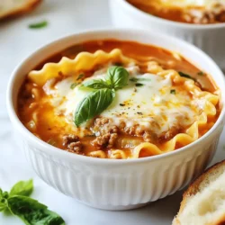 - 450 g Rinderhackfleisch oder italienische Wurst - 1 Dose (800 g) gestückelte Tomaten - 1 Liter Hühner- oder Gemüsebrühe - 225 g ungekochte Lasagne-Nudeln, grob zerbrochen Die Hauptzutaten sind einfach zu finden. Ich empfehle, frisches Hackfleisch oder Wurst zu verwenden. Diese sorgen für einen vollen Geschmack. Dosen mit gestückelten Tomaten machen die Zubereitung schnell. Brühe gibt der Suppe Tiefe und reichhaltigen Geschmack. Die zerbrochenen Lasagne-Nudeln sorgen für die richtige Textur. - 2 Teelöffel getrocknete italienische Kräuter (Oregano, Basilikum, Thymian) - 1 Teelöffel rote Pfefferflocken (optional) - Salz und Pfeffer nach Geschmack Die Gewürze sind wichtig. Sie bringen Aroma und Frische in die Suppe. Die italienischen Kräuter geben einen tollen Duft. Rote Pfefferflocken sind optional, aber sie fügen eine angenehme Schärfe hinzu. Salz und Pfeffer helfen, alle Aromen auszubalancieren. - 240 g Ricotta-Käse - 450 g geriebener Mozzarella-Käse - 50 g geriebener Parmesan-Käse - Frische Basilikumblätter, zur Garnierung Käse macht die Suppe cremig und reichhaltig. Ricotta gibt eine weiche Textur. Mozzarella schmilzt schön und zieht Fäden. Parmesan fügt einen würzigen Kick hinzu. Die frischen Basilikumblätter sind das i-Tüpfelchen und bringen Farbe. {{ingredient_image_2}} Zuerst erhitzst du einen großen Topf bei mittlerer Hitze. Füge 450 g Rinderhackfleisch oder italienische Wurst hinzu. Brate das Fleisch, bis es gut durch ist. Lass überschüssiges Fett abtropfen, um die Suppe nicht zu schwer zu machen. Jetzt wird’s aromatisch! Gib 1 gewürfelte Zwiebel und 3 fein gehackte Knoblauchzehen in den Topf. Brate sie an, bis die Zwiebel weich und transparent ist. Das dauert etwa 3-4 Minuten. So entfalten sich die Aromen. Füge nun eine Dose (800 g) gestückelte Tomaten, 1 Liter Hühner- oder Gemüsebrühe und 2 Teelöffel getrocknete italienische Kräuter hinzu. Wenn du magst, kannst du auch 1 Teelöffel rote Pfefferflocken hinzufügen. Bring alles zum Kochen. Jetzt ist es Zeit für die Lasagne-Nudeln! Rühre 225 g grob zerbrochene Nudeln ein und lass die Suppe 10-12 Minuten köcheln. Rühre gelegentlich um, damit nichts anklebt. Wenn die Nudeln zart sind, wird es cheesy! Rühre 240 g Ricotta-Käse, die Hälfte des geriebenen Mozzarellas (450 g) und die Hälfte des geriebenen Parmesans (50 g) unter die Suppe. Mische alles gut, bis der Käse geschmolzen ist. Schmecke die Suppe mit Salz und Pfeffer ab. Jetzt ist sie bereit zum Servieren! Um die beste Konsistenz für deine Lasagna Suppe zu erhalten, achte auf die Nudelgarzeit. Die Lasagne-Nudeln brauchen etwa 10 bis 12 Minuten, um zart zu werden. Rühre sie während des Kochens regelmäßig um. Das verhindert, dass sie aneinanderkleben. Wenn die Nudeln fest sind, füge mehr Brühe hinzu. So bleibt die Suppe schön flüssig. Frische Kräuter machen den Unterschied. Verwende frisches Basilikum, wenn du die Suppe servierst. Du kannst auch mehr italienische Kräuter hinzufügen, um den Geschmack zu verstärken. Es ist wichtig, die Gewürze nach deinem Geschmack anzupassen. Wenn du es gerne scharf magst, füge mehr rote Pfefferflocken hinzu. Eine schöne Präsentation macht das Essen noch besser. Garniere die Suppe mit frischem Basilikum und einer Handvoll Käse. Du kannst Mozzarella und Parmesan verwenden. Serviere die Suppe in tiefen Schalen. Füge ein Stück knuspriges Brot dazu, um das Essen zu vervollständigen. Das macht das Gericht einladender und leckerer. Pro Tipps Frisches Gemüse hinzufügen: Ergänzen Sie die Suppe mit frischem Gemüse wie Spinat oder Zucchini für zusätzlichen Geschmack und Nährstoffe. Für mehr Tiefe sorgen: Fügen Sie einen Schuss Rotwein hinzu, während Sie die Zwiebeln anbraten, um der Suppe eine tiefere Geschmacksnote zu verleihen. Lasagne-Nudeln richtig zubereiten: Brechen Sie die Lasagne-Nudeln in unregelmäßige Stücke, um eine ansprechendere Textur in der Suppe zu erzielen. Käsevariationen: Experimentieren Sie mit verschiedenen Käsesorten wie Gouda oder Fontina für eine interessante Geschmacksrichtung. {{image_4}} Möchten Sie eine vegetarische Lasagna Suppe? Ersetzen Sie einfach das Fleisch. Sie können Gemüse wie Zucchini, Paprika oder Spinat verwenden. Auch Linsen sind eine tolle Wahl. Sie bringen eine tolle Textur und viel Eiweiß. Diese Version ist gesund und lecker. Für eine glutenfreie Variante nutzen Sie glutenfreie Lasagne-Nudeln. Diese sind in vielen Läden erhältlich. Achten Sie darauf, die Kochzeit anzupassen. Manchmal benötigen glutenfreie Nudeln etwas länger. So bleibt die Suppe köstlich und für alle geeignet. Fühlen Sie sich frei, mehr Gemüse hinzuzufügen. Karotten, Sellerie oder grüner Bohnen passen gut. Auch Kichererbsen oder schwarze Bohnen sind eine gute Idee. Diese Zutaten sorgen für mehr Geschmack und Nährstoffe. Experimentieren Sie mit verschiedenen Kombinationen, um Ihre perfekte Suppe zu finden. Wenn Sie die Lasagna Suppe aufbewahren möchten, lagern Sie sie im Kühlschrank. Nutzen Sie einen luftdichten Behälter. So bleibt die Suppe frisch. Sie kann bis zu fünf Tage haltbar sein. Achten Sie darauf, die Suppe abkühlen zu lassen, bevor Sie sie einfüllen. Wenn Sie Portionen haben, trennen Sie diese. So können Sie sie leichter aufwärmen. Um die Suppe einzufrieren, gehen Sie wie folgt vor: 1. Lassen Sie die Suppe auf Raumtemperatur abkühlen. 2. Füllen Sie die Suppe in einen gefrierfesten Behälter. 3. Lassen Sie oben Platz, damit die Suppe beim Gefrieren expandieren kann. 4. Beschriften Sie den Behälter mit dem Datum. 5. Die Suppe kann bis zu drei Monate eingefroren werden. Zum Aufwärmen der Suppe gibt es einige gute Tipps: - Erwärmen Sie die Suppe in einem Topf bei mittlerer Hitze. - Rühren Sie die Suppe häufig um, damit sie gleichmäßig warm wird. - Wenn die Suppe zu dick ist, fügen Sie etwas Brühe oder Wasser hinzu. - Sie können die Suppe auch in der Mikrowelle aufwärmen. Nutzen Sie eine mikrowellengeeignete Schüssel. - Decken Sie die Schüssel ab, um Spritzer zu vermeiden. - Erhitzen Sie die Suppe in Intervallen von 1-2 Minuten und rühren Sie zwischendurch um. Die Lasagna Suppe bleibt im Kühlschrank etwa 3 bis 4 Tage frisch. Um die Qualität zu bewahren, fülle die Suppe in einen luftdichten Behälter. Stelle sicher, dass die Suppe vollständig abgekühlt ist, bevor du sie lagerst. So schmeckt sie beim nächsten Aufwärmen noch gut. Ja, du kannst die Lasagna Suppe im Voraus machen. Bereite sie bis zu einem Tag vorher zu. Lass die Suppe vollständig abkühlen. Fülle sie dann in einen Behälter und stelle sie in den Kühlschrank. Vor dem Servieren kannst du sie einfach aufwärmen. Achte darauf, die Suppe nicht zu lange zu kochen, wenn du sie im Voraus machst, damit die Nudeln nicht zu weich werden. Zu dieser köstlichen Suppe passen viele Beilagen. Hier sind einige Vorschläge: - Knuspriges Brot: Ideal zum Dippen. - Caesar-Salat: Frisch und knackig. - Knoblauchbrot: Ein Klassiker, der gut harmoniert. - Gegrilltes Gemüse: Für eine gesunde Ergänzung. Diese Beilagen machen dein Essen noch besser und sorgen für ein tolles Erlebnis. Diese Lasagna-Suppe vereint alle wichtigen Zutaten und Schritte, die du brauchst. Du hast gelernt, wie man sie zubereitet und welche Tipps helfen, den besten Geschmack zu erreichen. Probiere die Variationen aus, um die Suppe nach deinem Geschmack anzupassen. Denke auch daran, wie du Reste aufbewahrst. Mit diesen einfachen Schritten machst du ein leckeres Gericht, das jeder mag. Viel Spaß beim Kochen und Genießen deiner perfekten Lasagna-Suppe!