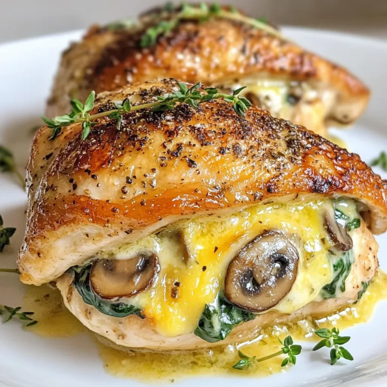 Für das Pilz-Spinat gefüllte Hähnchen benötigst du folgende Hauptzutaten: - 4 Hähnchenbrustfilets, ohne Haut und Knochen - 2 Tassen frischer Spinat, grob gehackt - 1 Tasse Champignons, fein gewürfelt - 1 Tasse Frischkäse, zimmerwarm - 1/2 Tasse geriebener Parmesan Diese Zutaten sorgen für eine saftige Füllung. Das Hähnchen bleibt zart und geschmackvoll. Die Kombination aus Spinat und Champignons bringt Frische und Tiefe ins Gericht. Die Gewürze und Kräuter machen den Geschmack perfekt: - 2 Knoblauchzehen, fein gehackt - 1 Teelöffel Zwiebelpulver - 1 Teelöffel getrockneter Thymian - Salz und Pfeffer, nach Geschmack - 2 Esslöffel Olivenöl Knoblauch und Zwiebelpulver geben ein tolles Aroma. Thymian bringt einen herzhaften Geschmack. Salz und Pfeffer sind wichtig, um die Aromen zu betonen. Das Olivenöl sorgt für eine schöne Bräunung und einen feinen Geschmack. Falls du einen knusprigen Belag magst, kannst du diese Zutaten hinzufügen: - 1/4 Tasse Semmelbrösel (optional, für den Belag) Die Semmelbrösel geben dem Hähnchen eine tolle Textur. Sie machen das Gericht noch interessanter und leckerer. Du kannst sie einfach über das gefüllte Hähnchen streuen, bevor du es in den Ofen schiebst. {{ingredient_image_2}} Heize deinen Ofen auf 190°C (375°F) vor. Das sorgt dafür, dass das Hähnchen gleichmäßig gart. Nimm alle Zutaten aus der Liste bereit. Du brauchst frische Pilze, Spinat und die anderen Zutaten. Erhitze in einer Pfanne 1 Esslöffel Olivenöl. Füge die gehackten Knoblauchzehen und die gewürfelten Champignons hinzu. Brate sie 5-7 Minuten an, bis sie weich sind. Jetzt kommt der Spinat dazu. Lass ihn 2-3 Minuten garen, bis er zusammenfällt. Nimm die Pfanne vom Herd und lass die Mischung abkühlen. In einer Schüssel mische das Gemüse mit Frischkäse, Parmesan, Zwiebelpulver, Thymian, Salz und Pfeffer. Rühre alles gut durch, bis die Füllung gleichmäßig ist. Schneide vorsichtig eine Tasche in jedes Hähnchenbrustfilet. Würze die Filets von beiden Seiten mit Salz und Pfeffer. Fülle jedes Filet mit der Pilz-Spinat-Mischung. Wenn du magst, kannst du die Öffnungen mit Zahnstocher sichern. Erhitze in einer großen, ofenfesten Pfanne 1 Esslöffel Olivenöl bei mittelhoher Hitze. Lege die gefüllten Filets hinein und brate sie 3-4 Minuten pro Seite an, bis sie goldbraun sind. Wenn du magst, streue Semmelbrösel über die Hähnchenbrustfilets. Übertrage die Pfanne in den vorgeheizten Ofen. Backe die Filets 25-30 Minuten lang, bis sie eine Innentemperatur von 75°C (165°F) erreichen. Nimm die Pfanne aus dem Ofen und lass das Hähnchen 5 Minuten ruhen. Danach kannst du das Hähnchen in Scheiben schneiden. Serviere es auf einer schönen Platte, garniert mit frischem Thymian oder Petersilie. Um die Füllung perfekt zu machen, benutze frische Zutaten. Frischer Spinat und Champignons bringen viel Geschmack. Achte darauf, die Mischung gut zu vermengen. Der Frischkäse sollte zimmerwarm sein. So wird die Füllung cremig und leicht zu verarbeiten. Füge genug Salz und Pfeffer hinzu. Das hebt den Geschmack und macht die Füllung lecker. Für saftiges Hähnchen ist die richtige Temperatur wichtig. Brate das Hähnchen zuerst an. Das gibt ihm eine schöne goldene Farbe. Danach backe es im Ofen. Eine Temperatur von 190°C (375°F) ist ideal. So bleibt das Hähnchen saftig. Achte darauf, dass die Innentemperatur 75°C (165°F) erreicht. Das ist der beste Punkt, um sicherzustellen, dass das Hähnchen gut durch ist. Die Präsentation macht viel aus. Serviere das gefüllte Hähnchen auf einer schönen Platte. Garniere es mit frischem Thymian oder Petersilie. Das bringt Farbe auf den Teller. Dazu passen geröstetes Gemüse oder ein leichter Salat. Diese Beilagen machen das Gericht komplett. Ein ansprechendes Gericht macht das Essen noch genussvoller. Pro Tipps Die richtige Hähnchenbrust wählen: Achten Sie darauf, frische und saftige Hähnchenbrustfilets zu verwenden, um ein zartes und schmackhaftes Ergebnis zu erzielen. Gemüse gut abtropfen lassen: Stellen Sie sicher, dass die angebratenen Champignons und der Spinat gut abgetropft sind, um überschüssige Feuchtigkeit zu vermeiden, die das Hähnchen wässrig machen könnte. Füllung nicht überladen: Füllen Sie die Hähnchenbrustfilets nicht zu voll, damit sie beim Braten oder Backen nicht aufplatzen. Restwärme nutzen: Lassen Sie das Hähnchen nach dem Backen einige Minuten ruhen, damit sich der Saft setzen kann und das Fleisch zarter wird. {{image_4}} Für die Füllung des Hähnchens gibt es viele tolle Optionen. Du kannst den Spinat durch Brokkoli ersetzen. Der Geschmack bleibt frisch und lecker. Auch Feta-Käse passt gut. Er gibt der Füllung eine salzige Note. Du kannst auch verschiedene Pilze verwenden, wie Shiitake oder Austernpilze. Sie bringen interessante Geschmäcker. Wenn du es würziger magst, füge etwas Chili oder Paprika hinzu. Wenn du auf deine Ernährung achtest, gibt es einfache Anpassungen. Verwende fettarmen Frischkäse oder griechischen Joghurt statt Frischkäse. Das macht die Füllung leichter. Du kannst auch das Hähnchen durch Putenbrust ersetzen. Sie hat weniger Fett und ist magerer. Vegetarier können das Hähnchen ganz weglassen und nur die Füllung genießen. Das Gericht bleibt schmackhaft und sättigend. Die richtigen Beilagen machen das Gericht perfekt. Geröstetes Gemüse ist eine tolle Wahl. Du kannst Zucchini, Karotten oder Paprika wählen. Ein leichter Salat mit frischen Kräutern passt ebenfalls gut dazu. Wenn du etwas Herzhaftes möchtest, sind Kartoffeln oder Reis ideal. Sie nehmen die Säfte des Hähnchens gut auf. Denke daran, das Gericht schön anzurichten. Ein paar frische Kräuter oben drauf machen es noch appetitlicher. Wenn du Reste hast, bewahre sie in einem luftdichten Behälter auf. So bleibt das Hähnchen frisch. Du kannst die Reste bis zu drei Tage im Kühlschrank lagern. Lass das Hähnchen zuerst abkühlen, bevor du es in den Behälter legst. So vermeidest du Kondenswasser, das das Hähnchen weich macht. Du kannst die gefüllten Hähnchenbrustfilets auch einfrieren. Wickle jedes Filet in Frischhaltefolie und lege sie in einen Gefrierbeutel. Achte darauf, die Luft herauszudrücken, bevor du den Beutel verschließt. So bleibt das Hähnchen bis zu drei Monate frisch. Zum Auftauen, lege das Hähnchen einfach über Nacht in den Kühlschrank. Um die Reste aufzuwärmen, heize deinen Ofen auf 180°C vor. Lege das Hähnchen auf ein Backblech und decke es mit Alufolie ab. So bleibt es saftig und wird gleichmäßig warm. Backe es für 15-20 Minuten, bis es durchgewärmt ist. Du kannst auch eine Mikrowelle verwenden, aber achte darauf, es nicht zu lange zu erhitzen, damit es nicht trocken wird. Das Hähnchen benötigt 25 bis 30 Minuten im Ofen. Die Temperatur sollte 190°C (375°F) sein. Überprüfen Sie die Innentemperatur. Sie sollte 75°C (165°F) erreichen. So bleibt das Hähnchen saftig und zart. Ja, Sie können die Füllung im Voraus zubereiten. Stellen Sie sie in den Kühlschrank, bis Sie bereit sind, das Hähnchen zu füllen. So sparen Sie Zeit beim Kochen. Die Füllung bleibt frisch und lecker. Zu diesem Gericht passen viele Beilagen gut. Geröstetes Gemüse bringt Farbe und Geschmack. Ein leichter Salat ergänzt das Hähnchen perfekt. Auch Quinoa oder Reis sind tolle Optionen. Sie runden die Mahlzeit ab. Ja, das Rezept ist ideal für Meal Prep. Kochen Sie mehrere Portionen und lagern Sie sie in Behältern. So haben Sie gesunde Mahlzeiten für die Woche. Einfach aufwärmen und genießen! In diesem Artikel haben wir alle Schritte für gefülltes Hähnchen besprochen. Von den Zutaten bis zur Zubereitung, die Tipps und Tricks sorgen für ein perfektes Gericht. Denk daran, mit verschiedenen Füllungen zu experimentieren und das Hähnchen richtig aufzubewahren. Mit diesen Informationen bereitest du ein köstliches Mahl zu, das jeder genießen kann. Nutze die Variationen und Tipps, um das Gericht anzupassen. Viel Spaß beim Kochen!