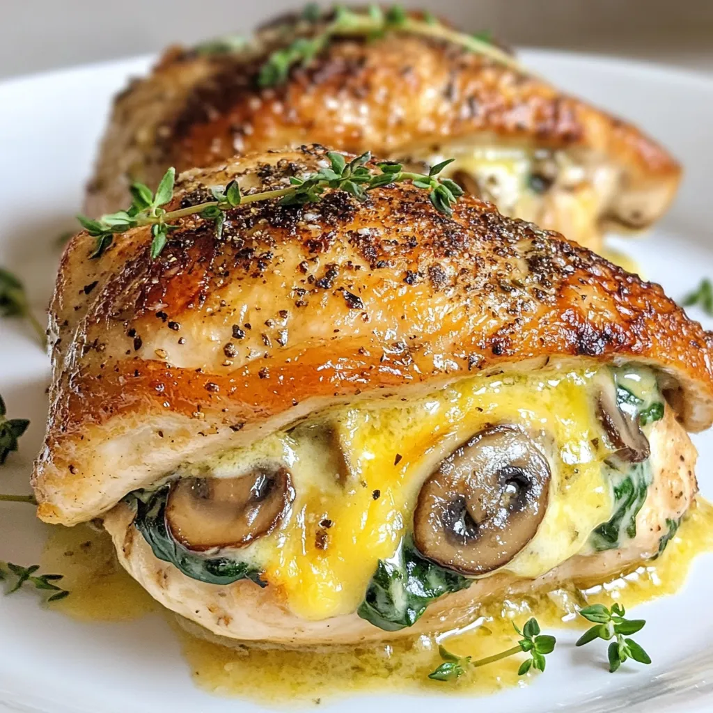 Für das Pilz-Spinat gefüllte Hähnchen benötigst du folgende Hauptzutaten: - 4 Hähnchenbrustfilets, ohne Haut und Knochen - 2 Tassen frischer Spinat, grob gehackt - 1 Tasse Champignons, fein gewürfelt - 1 Tasse Frischkäse, zimmerwarm - 1/2 Tasse geriebener Parmesan Diese Zutaten sorgen für eine saftige Füllung. Das Hähnchen bleibt zart und geschmackvoll. Die Kombination aus Spinat und Champignons bringt Frische und Tiefe ins Gericht. Die Gewürze und Kräuter machen den Geschmack perfekt: - 2 Knoblauchzehen, fein gehackt - 1 Teelöffel Zwiebelpulver - 1 Teelöffel getrockneter Thymian - Salz und Pfeffer, nach Geschmack - 2 Esslöffel Olivenöl Knoblauch und Zwiebelpulver geben ein tolles Aroma. Thymian bringt einen herzhaften Geschmack. Salz und Pfeffer sind wichtig, um die Aromen zu betonen. Das Olivenöl sorgt für eine schöne Bräunung und einen feinen Geschmack. Falls du einen knusprigen Belag magst, kannst du diese Zutaten hinzufügen: - 1/4 Tasse Semmelbrösel (optional, für den Belag) Die Semmelbrösel geben dem Hähnchen eine tolle Textur. Sie machen das Gericht noch interessanter und leckerer. Du kannst sie einfach über das gefüllte Hähnchen streuen, bevor du es in den Ofen schiebst. {{ingredient_image_2}} Heize deinen Ofen auf 190°C (375°F) vor. Das sorgt dafür, dass das Hähnchen gleichmäßig gart. Nimm alle Zutaten aus der Liste bereit. Du brauchst frische Pilze, Spinat und die anderen Zutaten. Erhitze in einer Pfanne 1 Esslöffel Olivenöl. Füge die gehackten Knoblauchzehen und die gewürfelten Champignons hinzu. Brate sie 5-7 Minuten an, bis sie weich sind. Jetzt kommt der Spinat dazu. Lass ihn 2-3 Minuten garen, bis er zusammenfällt. Nimm die Pfanne vom Herd und lass die Mischung abkühlen. In einer Schüssel mische das Gemüse mit Frischkäse, Parmesan, Zwiebelpulver, Thymian, Salz und Pfeffer. Rühre alles gut durch, bis die Füllung gleichmäßig ist. Schneide vorsichtig eine Tasche in jedes Hähnchenbrustfilet. Würze die Filets von beiden Seiten mit Salz und Pfeffer. Fülle jedes Filet mit der Pilz-Spinat-Mischung. Wenn du magst, kannst du die Öffnungen mit Zahnstocher sichern. Erhitze in einer großen, ofenfesten Pfanne 1 Esslöffel Olivenöl bei mittelhoher Hitze. Lege die gefüllten Filets hinein und brate sie 3-4 Minuten pro Seite an, bis sie goldbraun sind. Wenn du magst, streue Semmelbrösel über die Hähnchenbrustfilets. Übertrage die Pfanne in den vorgeheizten Ofen. Backe die Filets 25-30 Minuten lang, bis sie eine Innentemperatur von 75°C (165°F) erreichen. Nimm die Pfanne aus dem Ofen und lass das Hähnchen 5 Minuten ruhen. Danach kannst du das Hähnchen in Scheiben schneiden. Serviere es auf einer schönen Platte, garniert mit frischem Thymian oder Petersilie. Um die Füllung perfekt zu machen, benutze frische Zutaten. Frischer Spinat und Champignons bringen viel Geschmack. Achte darauf, die Mischung gut zu vermengen. Der Frischkäse sollte zimmerwarm sein. So wird die Füllung cremig und leicht zu verarbeiten. Füge genug Salz und Pfeffer hinzu. Das hebt den Geschmack und macht die Füllung lecker. Für saftiges Hähnchen ist die richtige Temperatur wichtig. Brate das Hähnchen zuerst an. Das gibt ihm eine schöne goldene Farbe. Danach backe es im Ofen. Eine Temperatur von 190°C (375°F) ist ideal. So bleibt das Hähnchen saftig. Achte darauf, dass die Innentemperatur 75°C (165°F) erreicht. Das ist der beste Punkt, um sicherzustellen, dass das Hähnchen gut durch ist. Die Präsentation macht viel aus. Serviere das gefüllte Hähnchen auf einer schönen Platte. Garniere es mit frischem Thymian oder Petersilie. Das bringt Farbe auf den Teller. Dazu passen geröstetes Gemüse oder ein leichter Salat. Diese Beilagen machen das Gericht komplett. Ein ansprechendes Gericht macht das Essen noch genussvoller. Pro Tipps Die richtige Hähnchenbrust wählen: Achten Sie darauf, frische und saftige Hähnchenbrustfilets zu verwenden, um ein zartes und schmackhaftes Ergebnis zu erzielen. Gemüse gut abtropfen lassen: Stellen Sie sicher, dass die angebratenen Champignons und der Spinat gut abgetropft sind, um überschüssige Feuchtigkeit zu vermeiden, die das Hähnchen wässrig machen könnte. Füllung nicht überladen: Füllen Sie die Hähnchenbrustfilets nicht zu voll, damit sie beim Braten oder Backen nicht aufplatzen. Restwärme nutzen: Lassen Sie das Hähnchen nach dem Backen einige Minuten ruhen, damit sich der Saft setzen kann und das Fleisch zarter wird. {{image_4}} Für die Füllung des Hähnchens gibt es viele tolle Optionen. Du kannst den Spinat durch Brokkoli ersetzen. Der Geschmack bleibt frisch und lecker. Auch Feta-Käse passt gut. Er gibt der Füllung eine salzige Note. Du kannst auch verschiedene Pilze verwenden, wie Shiitake oder Austernpilze. Sie bringen interessante Geschmäcker. Wenn du es würziger magst, füge etwas Chili oder Paprika hinzu. Wenn du auf deine Ernährung achtest, gibt es einfache Anpassungen. Verwende fettarmen Frischkäse oder griechischen Joghurt statt Frischkäse. Das macht die Füllung leichter. Du kannst auch das Hähnchen durch Putenbrust ersetzen. Sie hat weniger Fett und ist magerer. Vegetarier können das Hähnchen ganz weglassen und nur die Füllung genießen. Das Gericht bleibt schmackhaft und sättigend. Die richtigen Beilagen machen das Gericht perfekt. Geröstetes Gemüse ist eine tolle Wahl. Du kannst Zucchini, Karotten oder Paprika wählen. Ein leichter Salat mit frischen Kräutern passt ebenfalls gut dazu. Wenn du etwas Herzhaftes möchtest, sind Kartoffeln oder Reis ideal. Sie nehmen die Säfte des Hähnchens gut auf. Denke daran, das Gericht schön anzurichten. Ein paar frische Kräuter oben drauf machen es noch appetitlicher. Wenn du Reste hast, bewahre sie in einem luftdichten Behälter auf. So bleibt das Hähnchen frisch. Du kannst die Reste bis zu drei Tage im Kühlschrank lagern. Lass das Hähnchen zuerst abkühlen, bevor du es in den Behälter legst. So vermeidest du Kondenswasser, das das Hähnchen weich macht. Du kannst die gefüllten Hähnchenbrustfilets auch einfrieren. Wickle jedes Filet in Frischhaltefolie und lege sie in einen Gefrierbeutel. Achte darauf, die Luft herauszudrücken, bevor du den Beutel verschließt. So bleibt das Hähnchen bis zu drei Monate frisch. Zum Auftauen, lege das Hähnchen einfach über Nacht in den Kühlschrank. Um die Reste aufzuwärmen, heize deinen Ofen auf 180°C vor. Lege das Hähnchen auf ein Backblech und decke es mit Alufolie ab. So bleibt es saftig und wird gleichmäßig warm. Backe es für 15-20 Minuten, bis es durchgewärmt ist. Du kannst auch eine Mikrowelle verwenden, aber achte darauf, es nicht zu lange zu erhitzen, damit es nicht trocken wird. Das Hähnchen benötigt 25 bis 30 Minuten im Ofen. Die Temperatur sollte 190°C (375°F) sein. Überprüfen Sie die Innentemperatur. Sie sollte 75°C (165°F) erreichen. So bleibt das Hähnchen saftig und zart. Ja, Sie können die Füllung im Voraus zubereiten. Stellen Sie sie in den Kühlschrank, bis Sie bereit sind, das Hähnchen zu füllen. So sparen Sie Zeit beim Kochen. Die Füllung bleibt frisch und lecker. Zu diesem Gericht passen viele Beilagen gut. Geröstetes Gemüse bringt Farbe und Geschmack. Ein leichter Salat ergänzt das Hähnchen perfekt. Auch Quinoa oder Reis sind tolle Optionen. Sie runden die Mahlzeit ab. Ja, das Rezept ist ideal für Meal Prep. Kochen Sie mehrere Portionen und lagern Sie sie in Behältern. So haben Sie gesunde Mahlzeiten für die Woche. Einfach aufwärmen und genießen! In diesem Artikel haben wir alle Schritte für gefülltes Hähnchen besprochen. Von den Zutaten bis zur Zubereitung, die Tipps und Tricks sorgen für ein perfektes Gericht. Denk daran, mit verschiedenen Füllungen zu experimentieren und das Hähnchen richtig aufzubewahren. Mit diesen Informationen bereitest du ein köstliches Mahl zu, das jeder genießen kann. Nutze die Variationen und Tipps, um das Gericht anzupassen. Viel Spaß beim Kochen!