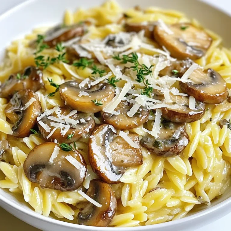 Um cremiges Parmesan-Mushroom-Orzo zu machen, brauchst du: - 1 Tasse Orzo-Nudeln - 2 Tassen Gemüsebrühe - 1 Esslöffel Olivenöl - 1 kleine Zwiebel, fein gehackt - 3 Knoblauchzehen, gehackt - 225 Gramm Cremini-Pilze, in Scheiben geschnitten - 1 Teelöffel getrockneter Thymian - 125 Milliliter Schlagsahne - 100 Gramm frisch geriebener Parmesan - Salz und Pfeffer nach Geschmack - Frische Petersilie, gehackt (zur Garnitur) Frische Zutaten bringen mehr Geschmack. Frische Pilze sind saftiger und aromatischer. Verwende frische Zwiebeln und Knoblauch, um den Geschmack zu intensivieren. Getrocknete Kräuter wie Thymian sind praktisch, aber frische Kräuter bieten ein intensiveres Aroma. Wenn du frische Petersilie hast, nutze sie für die Garnitur. Sie bringt Farbe und Geschmack. Wenn du eine spezielle Diät hast, gibt es tolle Alternativen. Für eine glutenfreie Option kannst du glutenfreies Orzo verwenden. Statt Schlagsahne, nimm pflanzliche Sahne oder Kokosmilch für eine vegane Variante. Wenn du laktosefrei bist, wähle laktosefreien Parmesan. Diese Anpassungen machen das Rezept für jeden geeignet. {{ingredient_image_2}} Zuerst bringst du die Gemüsebrühe in einem mittelgroßen Topf zum Köcheln. Dies dauert nur wenige Minuten. Füge dann die Orzo-Nudeln hinzu. Koche sie gemäß den Anweisungen auf der Packung, bis sie al dente sind. Das dauert in der Regel etwa 7 bis 9 Minuten. Denke daran, gelegentlich umzurühren. Wenn die Nudeln fertig sind, gieße überschüssige Flüssigkeit ab und stelle das Orzo beiseite. In einer großen Pfanne erhitzt du 1 Esslöffel Olivenöl bei mittlerer Hitze. Füge die fein gehackte Zwiebel hinzu und brate sie für etwa 3 bis 4 Minuten. Sie sollte durchsichtig werden. Danach kommt der gehackte Knoblauch dazu. Brate ihn für 1 weitere Minute, bis du seinen Duft wahrnimmst. Jetzt gib die geschnittenen Cremini-Pilze in die Pfanne. Koche sie für 5 bis 6 Minuten. Sie sollten ihre Flüssigkeit freisetzen und goldbraun werden. Jetzt fügst du einen Teelöffel getrockneten Thymian, Salz und Pfeffer hinzu. Vermenge alles gut. Reduziere die Hitze und gieße die Schlagsahne in die Pfanne. Lass sie leicht erwärmen und etwas eindicken, das dauert etwa 2 bis 3 Minuten. Nach dem Eindicken rührst du nach und nach den frisch geriebenen Parmesan ein. Er sollte schmelzen und eine cremige Konsistenz bilden. Jetzt mische das gekochte Orzo vorsichtig unter die Pilzcreme. Achte darauf, dass alle Nudeln gleichmäßig mit der Sauce bedeckt sind. Probiere und passe die Gewürze nach deinem Geschmack an. Nimm die Pfanne vom Herd und garniere das Gericht mit frischer, gehackter Petersilie. Um Orzo perfekt zu kochen, bringe zuerst die Gemüsebrühe zum Köcheln. Füge dann das Orzo hinzu. Rühre gelegentlich um, damit es nicht kleben bleibt. Koche es in der Regel 7 bis 9 Minuten. Es sollte al dente sein, also bissfest. Nach dem Kochen die überschüssige Flüssigkeit abgießen. So bleibt das Gericht nicht wässrig, und dein Orzo hat die ideale Textur. Gewürze sind der Schlüssel zu einem leckeren Gericht. Ich benutze oft getrockneten Thymian für diesen Orzo. Thymian passt gut zu Pilzen und bringt einen tollen Geschmack. Salz und Pfeffer sind ebenfalls wichtig. Sie heben die Aromen hervor. Probiere immer wieder, bevor du mehr hinzufügst. So findest du den richtigen Geschmack für deine Vorlieben. Effizientes Kochen spart Zeit. Während das Orzo kocht, kannst du die Zwiebel und den Knoblauch anbraten. Achte darauf, alle Zutaten bereit zu haben, bevor du anfängst. Das spart dir Stress. Plane auch, wie du das Gericht anrichtest. Eine schöne Präsentation macht das Essen noch besser. Wenn du alles gut planst, wird das Kochen einfacher und schneller. Pro Tipps Die richtige Pasta kochen: Achten Sie darauf, das Orzo in der Gemüsebrühe zu kochen, um zusätzlichen Geschmack zu erhalten und die perfekte Konsistenz zu erreichen. Frische Kräuter verwenden: Frische Petersilie als Garnitur sorgt nicht nur für eine schöne Farbe, sondern verstärkt auch den Geschmack des Gerichts. Variation der Pilze: Experimentieren Sie mit verschiedenen Pilzsorten wie Shiitake oder Portobello, um unterschiedliche Geschmäcker und Texturen zu erzielen. Eincremen mit Parmesan: Fügen Sie den Parmesan nach und nach hinzu, um eine gleichmäßige und cremige Sauce zu gewährleisten, die perfekt am Orzo haftet. {{image_4}} Für eine vegetarische Version dieses Gerichts können Sie die Schlagsahne durch Kokosmilch ersetzen. Das gibt dem Orzo eine cremige Textur und einen leichten Kokosgeschmack. Für eine vegane Option verwenden Sie pflanzlichen Parmesan oder Nusskäse. So bleibt das Gericht lecker und passt zu einer pflanzenbasierten Ernährung. Um mehr Geschmack hinzuzufügen, probieren Sie, frischen Spinat oder Erbsen zu der Pilzcreme hinzuzufügen. Das bringt Farbe und zusätzliche Nährstoffe. Auch geröstete Pinienkerne oder Walnüsse geben einen schönen Crunch. Für eine scharfe Note können Sie rote Paprika oder Chili-Flocken hinzufügen. Wenn Sie auf Kohlenhydrate achten, ersetzen Sie das Orzo durch Blumenkohlreis. Diese Option hat weniger Kalorien und ist kohlenhydratarm. Für eine proteinreiche Variante können Sie Kichererbsen oder Linsen hinzufügen. Diese Anpassungen machen das Gericht nahrhaft und köstlich, egal welche Ernährungsweise Sie verfolgen. Nach dem Kochen bleibt oft etwas Orzo übrig. Um ihn frisch zu halten, geben Sie ihn in einen luftdichten Behälter. Stellen Sie sicher, dass alle Flüssigkeit gut eingezogen ist. So vermeiden Sie matschiges Orzo. Lagern Sie den Behälter im Kühlschrank. Reste sind bis zu drei Tage haltbar. Um das Orzo wieder warm zu machen, haben Sie zwei gute Optionen. Die Mikrowelle ist schnell. Geben Sie das Orzo in eine Schüssel. Fügen Sie einen Esslöffel Wasser hinzu, um die Feuchtigkeit zu halten. Decken Sie die Schüssel ab und erwärmen Sie es in 30-Sekunden-Schritten. Rühren Sie dabei um. Wenn Sie den Herd wählen, erhitzen Sie eine Pfanne bei mittlerer Hitze. Geben Sie etwas Olivenöl oder Butter hinzu. Fügen Sie das Orzo hinzu und rühren Sie es gut um. Erwärmen Sie es für etwa 5 Minuten, bis es heiß ist. So bleibt der Geschmack frisch. Im Kühlschrank hält sich das Orzo bis zu drei Tage. Wenn Sie es länger aufbewahren möchten, frieren Sie es ein. Legen Sie das Orzo in einen gefrierfesten Behälter. So bleibt es bis zu drei Monate frisch. Achten Sie darauf, die Portionen gut zu trennen. So können Sie nur so viel auftauen, wie Sie brauchen. Um das Orzo glutenfrei zu machen, wähle glutenfreies Orzo. Diese Pasta wird aus Reis oder anderen glutenfreien Zutaten hergestellt. Stelle sicher, dass die Gemüsebrühe auch glutenfrei ist. Achte beim Kochen auf Kreuzkontamination mit glutenhaltigen Lebensmitteln. Ja, du kannst die Schlagsahne ersetzen. Nutze pflanzliche Sahne oder Kokosmilch für eine cremige Textur. Diese Alternativen bieten einen ähnlichen Geschmack. Für eine leichtere Option verwende griechischen Joghurt. Achte darauf, ihn nach dem Kochen hinzuzufügen, um ein Gerinnen zu vermeiden. Zu cremigem Parmesan-Mushroom-Orzo passen viele Beilagen. Ein einfacher grüner Salat bringt Frische. Gegrilltes Gemüse oder geröstete Spargelstangen ergänzen den Geschmack gut. Du kannst auch knuspriges Brot servieren, um die Sauce aufzutunken. Zusammenfassend haben wir die Zutaten, die Zubereitung und Tipps für dein Orzo-Gericht behandelt. Frische Zutaten geben mehr Geschmack, während Alternativen für besondere Diäten hilfreich sind. Mit den Anleitungen wird das Kochen einfach und lecker. Die Tipps garantieren, dass dein Gericht perfekt gelingt und die Reste gut aufbewahrt werden. Erkunde verschiedene Variationen, um neue Geschmäcker zu entdecken. Denke daran: Kochen soll Spaß machen! Damit bist du gut gerüstet, um ein tolles Orzo-Gericht zu zaubern.