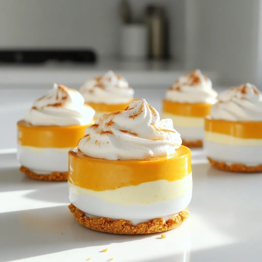 Für die Kürbis-Cheesecake-Mousse-Tässchen brauchst du einige einfache Zutaten: - 1 Tasse Kürbispüree - 225 g Frischkäse, zimmerwarm - 1 Tasse Schlagsahne - 1/2 Tasse Puderzucker - 1 Teelöffel Vanilleextrakt - 1 Teelöffel Kürbiskuchengewürz - 1/4 Teelöffel Salz - 1/2 Tasse zerbröselte Graham-Cracker (für die Kruste) - 2 Esslöffel ungesalzene Butter, geschmolzen - Schlagsahne und Zimt zum Garnieren Diese Zutaten machen die Mousse cremig und lecker. Das Kürbispüree bringt den Herbstgeschmack. Der Frischkäse fügt eine schöne Textur hinzu. Schlagsahne macht die Mousse leicht und luftig. Puderzucker sorgt für die Süße. Vanille und Gewürze bringen die Aromen zusammen. Um die Tässchen zu machen, brauchst du einige wichtige Utensilien: - Große Rührschüssel - Kleine Schüssel - Handmixer - Esslöffel und Teelöffel - Serviertäschchen oder kleine Gläser - Frischhaltefolie Diese Utensilien helfen dir, alle Schritte einfach zu machen. Der Handmixer macht das Mischen schnell. Die kleinen Gläser sind perfekt für das Servieren. Jede Portion hat ungefähr: - Kalorien: 250 - Fett: 18 g - Kohlenhydrate: 22 g - Eiweiß: 4 g Diese Angaben sind wichtig, wenn du auf deine Ernährung achtest. Die Mousse ist ein süßer Genuss, der auch sättigt. Um die Kruste zu machen, nimm eine kleine Schüssel. Hier vermischst du die zerbröselten Graham-Cracker mit der geschmolzenen Butter. Rühre gut, bis die Krümel gleichmäßig bedeckt sind. Jetzt nimm etwa 1 Esslöffel dieser Mischung und gib ihn in den Boden jedes kleinen Glases. Drücke die Krümel leicht an, um eine feste Schicht zu formen. Das ist die Basis für deine Mousse-Tässchen. Nimm eine große Rührschüssel und gib den zimmerwarmen Frischkäse hinein. Schlage ihn mit einem Handmixer, bis er glatt und cremig ist. Füge dann das Kürbispüree, den Puderzucker, den Vanilleextrakt, das Kürbiskuchengewürz und das Salz hinzu. Mische alles gut, bis die Masse ganz glatt ist. In einer separaten Schüssel schlägst du die Schlagsahne, bis steife Spitzen entstehen. Füge die geschlagene Sahne in drei Portionen vorsichtig zur Kürbismischung hinzu. Achte darauf, die Luftigkeit nicht zu verlieren. Jetzt ist es Zeit, die Mousse in die vorbereiteten Tässchen zu löffeln. Fülle jedes Tässchen fast bis zum Rand. Danach deckst du die Tässchen mit Frischhaltefolie ab. Stelle sie dann für mindestens 2 Stunden in den Kühlschrank, bis sie fest sind. Kurz vor dem Servieren kannst du jedes Tässchen mit einem Klecks Schlagsahne und einer Prise Zimt garnieren. So erhältst du ein perfektes Dessert, das einfach lecker aussieht! Um die ideale Konsistenz für deine Kürbis-Cheesecake-Mousse zu erreichen, achte darauf, dass der Frischkäse zimmerwarm ist. Kalter Frischkäse lässt sich schwerer glatt rühren. Wenn du die Schlagsahne hinzufügst, mache das vorsichtig. Mische sie in drei Portionen unter, damit die Mousse schön luftig bleibt. Ein häufiger Fehler ist, die Mousse zu lange zu schlagen. Übermäßiges Schlagen kann die Luftigkeit zerstören. Achte auch darauf, dass du die Mischung nicht zu schnell kühlen lässt. Wenn du die Tässchen zu früh in den Kühlschrank stellst, könnte die Mousse nicht fest werden. Die Süße der Mousse kannst du leicht anpassen. Beginne mit der angegebenen Menge Puderzucker. Probiere die Mischung und füge mehr hinzu, wenn du es süßer magst. Du kannst auch Honig oder Ahornsirup verwenden, um einen anderen Geschmack zu erzielen. {{image_4}} Du kannst den Geschmack deiner Kürbis-Cheesecake-Mousse ganz leicht ändern. Füge zum Beispiel Schokolade hinzu. Schmelze etwas dunkle Schokolade und mische sie unter die Kürbismischung. Für einen kleinen Pfiff, probiere einen Spritzer Karamellsoße. Ein Hauch von Muskatnuss kann auch gut passen. Die Kruste ist wichtig für den Geschmack. Graham-Cracker sind klassisch, aber du kannst auch andere Keksarten nutzen. Verwende Schokoladenkekse für einen schokoladigen Twist. Butterkekse sind eine weitere tolle Option. Sie geben der Kruste eine knusprige Textur. Für den Herbst kannst du Äpfel in die Mousse mischen. Einfach einige kleine, gewürfelte Äpfel unter die Kürbismischung heben. Im Winter sind Zimt und Nelken eine schöne Ergänzung. Für den Sommer kannst du frische Beeren als Topping nutzen. Sie bringen Frische und Farbe auf deinen Desserttisch. Um die Kürbis-Cheesecake-Mousse-Tässchen frisch zu halten, kühlen Sie sie richtig. Decken Sie die Tässchen mit Frischhaltefolie ab. Dies schützt sie vor Gerüchen und hält die Mousse cremig. Kühlen Sie die Tässchen mindestens zwei Stunden, um die beste Textur zu erreichen. Im Kühlschrank halten sich die Mousse-Tässchen etwa 3 bis 5 Tage. Achten Sie darauf, sie in einem luftdichten Behälter zu lagern. So bleiben die Aromen frisch. Überprüfen Sie vor dem Servieren, ob die Mousse noch gut aussieht und riecht. Das Einfrieren der Mousse-Tässchen ist möglich, aber es kann die Textur verändern. Wenn Sie sie einfrieren möchten, verwenden Sie gefrierfeste Behälter. Lassen Sie die Mousse vollständig abkühlen, bevor Sie sie einfrieren. Sie können sie bis zu 2 Monate im Gefrierfach aufbewahren. Zum Auftauen stellen Sie die Tässchen einfach über Nacht in den Kühlschrank. Du kannst die Kürbis-Cheesecake-Mousse bis zu drei Tage im Kühlschrank aufbewahren. Achte darauf, sie gut abzudecken. Dadurch bleibt die Mousse frisch und lecker. Wenn du sie länger lagern möchtest, friere die Mousse ein. So bleibt der Geschmack erhalten. Ja, du kannst das Rezept vegan machen. Verwende veganen Frischkäse und pflanzliche Schlagsahne. Für die Kruste benutze glutenfreie Kekse anstelle von Graham-Crackern. Das macht die Mousse perfekt für alle. Achte darauf, die Zutaten gut zu mixen, damit die Konsistenz stimmt. Für das Topping kannst du Schlagsahne und Zimt verwenden. Das gibt einen tollen Geschmack. Du kannst auch Karamellsoße oder gehackte Nüsse hinzufügen. Diese geben der Mousse einen schönen Crunch. Sei kreativ und probiere verschiedene Toppings aus! Kürbis-Cheesecake-Mousse-Tässchen sind einfach zuzubereiten und schmecken köstlich. Wir haben die Hauptzutaten, die Zubereitung und nützliche Tipps besprochen. Diese süße Leckerei ist perfekt für jeden Anlass. Du hast viele Variationen und Anpassungen, die du ausprobieren kannst. Denke daran, die Mousse richtig zu kühlen, damit sie frisch bleibt. Nutze die FAQ für häufige Fragen. Probiere dieses Rezept aus und genieße das Ergebnis!