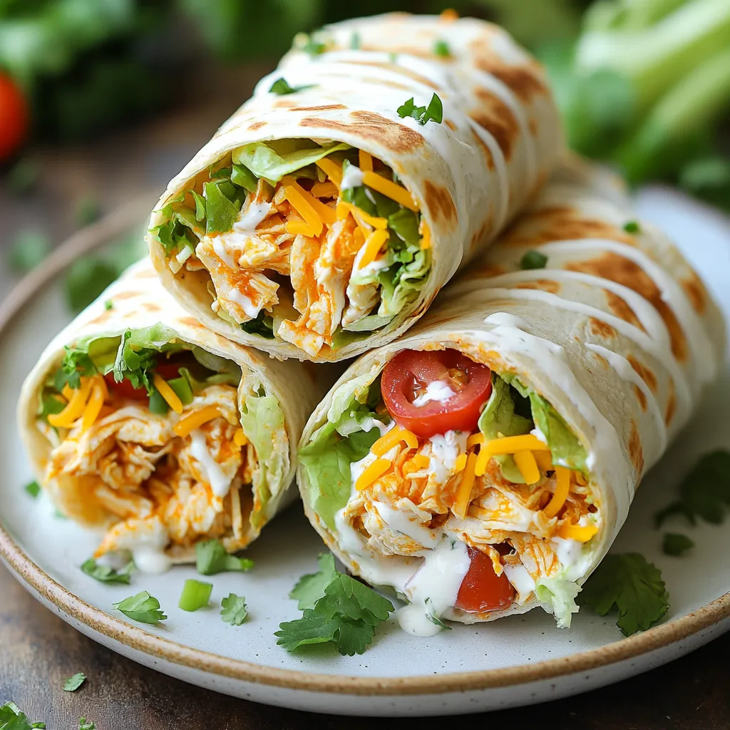 Für die Buffalo Ranch Hühnchen-Wraps brauchst du folgende Hauptzutaten: - 2 Tassen gekochtes Hühnchen, zerrupft - 1 Tasse Buffalo-Sauce - ½ Tasse Ranch-Dressing - 1 Tasse gehackter Kopfsalat - 1 Tasse gewürfelte Tomaten - ½ Tasse geriebener Cheddarkäse - 4 große Vollkorn-Tortillas Diese Zutaten geben dir den vollen, würzigen Geschmack, den du suchst. Das zerrupfte Hühnchen ist der Hauptbestandteil, während die Buffalo-Sauce die richtige Schärfe bringt. Das Ranch-Dressing sorgt für eine cremige Note. Für den perfekten Wrap kannst du noch einige zusätzliche Zutaten in Betracht ziehen: - 1 Esslöffel Olivenöl - Frischer Koriander zur Garnierung (optional) Das Olivenöl hilft, die Ranch-Soße cremiger zu machen. Frischer Koriander kann den Wraps einen frischen Geschmack verleihen. Du kannst auch andere Kräuter oder Gewürze hinzufügen, wenn du magst. Wähle frische Zutaten für den besten Geschmack. Achte auf folgende Punkte: - Hühnchen: Verwende frisch gekochtes Hühnchen oder Hähnchenbrustfilets. Es sollte saftig sein. - Buffalo-Sauce: Probiere verschiedene Marken aus. Manche sind schärfer, andere milder. - Gemüse: Frischer Kopfsalat und reife Tomaten sind wichtig. Sie geben Crunch und Frische. - Käse: Cheddarkäse ist ideal. Du kannst auch andere Käsesorten verwenden, die dir gefallen. Indem du hochwertige Zutaten wählst, wird dein Wrap noch besser. Experimentiere mit verschiedenen Kombinationen, um deinen perfekten Geschmack zu finden. {{ingredient_image_2}} Zuerst nimmst du eine mittlere Schüssel. Dort gibst du das zerrupfte Hühnchen hinein. Füge dann die Buffalo-Sauce hinzu. Mische alles gut, bis das Hühnchen gleichmäßig bedeckt ist. Achte darauf, dass jede Stück gut eingehüllt ist. Diese Sauce sorgt für den tollen, würzigen Geschmack. Für die Ranch-Soße nimmst du eine kleine Schüssel. Gib das Ranch-Dressing hinein und füge einen Esslöffel Olivenöl hinzu. Vermische die beiden Zutaten gut. Das Öl macht die Soße cremiger und leckerer. Diese Ranch-Soße ist eine perfekte Ergänzung zu deinem Wrap. Lege eine große Tortilla auf eine saubere Fläche. Verteile einen Esslöffel der Ranch-Soße gleichmäßig darauf. Nimm dann eine gute Portion des Buffalo-Hühnchens und lege es in die Mitte der Tortilla. Füge gehackten Kopfsalat und gewürfelte Tomaten hinzu. Eine Prise Cheddarkäse sorgt für zusätzlichen Geschmack. Wenn du magst, träufle noch etwas Ranch-Soße darüber. Jetzt kommt der spannende Teil: das Rollen! Klappe die Seiten der Tortilla nach innen. Rolle die Tortilla von unten nach oben fest auf. So bleibt alles schön drin. Wiederhole diesen Schritt mit den anderen Tortillas und der Füllung. Wenn du möchtest, kannst du die Wraps in einer Pfanne leicht toasten, damit sie knusprig werden. Halbiere die Wraps diagonal und serviere sie warm. Um den perfekten Wrap zu machen, starte mit der Tortilla. Verwende große Vollkorn-Tortillas. Sie geben Stabilität und einen guten Geschmack. Lege die Tortilla flach auf eine saubere Fläche. Verteile die Ranch-Soße gleichmäßig. So bleibt der Wrap saftig und lecker. Fülle ihn mit einer großzügigen Portion Buffalo-Hühnchen. Achte darauf, dass du die Seiten der Tortilla nach innen klappst. Rolle sie dann von unten nach oben fest auf. Du kannst diese Wraps leicht anpassen. Füge zum Beispiel Avocado für mehr Cremigkeit hinzu. Wenn du es scharf magst, verwende scharfe Buffalo-Sauce. Für eine mildere Note nimm weniger Sauce. Probier auch andere Gemüse wie Paprika oder Gurken. Diese geben Farbe und zusätzliche Nährstoffe. Du kannst auch den Käse wechseln. Feta oder Mozzarella sind gute Alternativen. Ein häufiger Fehler ist, zu viel Füllung zu nehmen. Das macht das Rollen schwer. Halte die Portionen klein und übersichtlich. Ein weiterer Fehler ist, die Tortillas nicht zu toasten. Das Toasten gibt einen tollen Crunch. Verwende eine antihaftbeschichtete Pfanne und erwärme sie gut. Zuletzt, lasse die Wraps nicht zu lange stehen. Serviere sie frisch, damit sie warm und knusprig bleiben. Pro Tipps Hühnchen marinieren: Lassen Sie das zerrupfte Hühnchen einige Minuten in der Buffalo-Sauce marinieren, um den Geschmack zu intensivieren. Wraps warm halten: Wickeln Sie die fertigen Wraps in Aluminiumfolie, um sie warm zu halten, während Sie die anderen vorbereiten. Verschiedene Gemüse hinzufügen: Experimentieren Sie mit zusätzlichen Gemüsesorten wie Paprika oder Avocado für mehr Geschmack und Textur. Vegetarische Option: Ersetzen Sie das Hühnchen durch gebratene Tofu-Stücke für eine leckere vegetarische Version. {{image_4}} Du kannst diese Wraps auch vegetarisch machen. Ersetze das Hühnchen einfach durch gegrillten Tofu oder Kichererbsen. Diese Zutaten geben einen guten Biss und sind reich an Proteinen. Mische sie mit der Buffalo-Sauce, um den tollen Geschmack zu erhalten. Wenn du eine andere Form bevorzugst, probiere Muffins oder Salate. Für Muffins kannst du die Füllung in Muffinbleche geben und backen. Für einen Salat nimm einfach den Kopfsalat als Basis. Füge das Buffalo-Hühnchen, die Tomaten und den Käse hinzu. Ein wenig Ranch-Dressing obendrauf macht das Gericht noch besser. Du kannst die Schärfe der Wraps leicht anpassen. Für eine milde Version nutze weniger Buffalo-Sauce. Du kannst auch einen Hauch von Honig hinzufügen, um die Schärfe auszugleichen. Wenn du es würziger magst, füge einige Jalapeños oder scharfen Paprika hinzu. So kannst du den perfekten Geschmack für dich finden. Um deine Buffalo Ranch Hühnchen-Wraps frisch zu halten, lege sie in einen luftdichten Behälter. Du kannst auch Frischhaltefolie verwenden. Achte darauf, die Wraps nicht zu übereinander zu stapeln. Das verhindert, dass sie matschig werden. Lagere die Wraps im Kühlschrank bei etwa 4 Grad Celsius. So bleiben die Zutaten knackig und frisch. Die Wraps bleiben im Kühlschrank etwa 2 bis 3 Tage frisch. Achte darauf, sie gut verpackt zu halten. Nach 3 Tagen könnten die Zutaten an Frische verlieren. Wenn du dir unsicher bist, schau nach, ob sie noch gut riechen oder aussehen. Wenn die Wraps unangenehm riechen, ist es besser, sie wegzuwerfen. Um die Wraps aufzuwärmen, benutze eine Pfanne oder eine Mikrowelle. In der Pfanne wird der Wrap knusprig. Erhitze die Wraps bei mittlerer Hitze für 2 bis 3 Minuten auf jeder Seite. Wenn du die Mikrowelle nutzt, erhitze sie für 30 Sekunden auf hoher Stufe. Achte darauf, die Wraps nicht zu lange zu erhitzen, da sie sonst trocken werden. Serviere die Wraps warm. Du kannst sie mit frischem Koriander garnieren, um mehr Geschmack zu bekommen. Um die Wraps gesünder zu gestalten, wähle Vollkorn-Tortillas. Sie sind reich an Ballaststoffen. Du kannst das Hühnchen auch grillen statt es zu braten. Statt Ranch-Dressing kannst du Joghurt verwenden. Füge mehr Gemüse hinzu, wie Paprika oder Avocado, um Nährstoffe zu erhöhen. Diese kleinen Änderungen machen deine Wraps nahrhafter und lecker. Ja, du kannst die Buffalo-Sauce selbst machen. Mische ½ Tasse scharfe Soße mit ¼ Tasse geschmolzener Butter. Du kannst auch Knoblauchpulver oder Paprika hinzufügen, um den Geschmack zu verbessern. Koche die Mischung kurz, um die Aromen zu verbinden. Diese hausgemachte Sauce gibt deinen Wraps einen frischen und würzigen Kick. Zu Buffalo Ranch Hühnchen-Wraps passen viele Beilagen gut. Ein einfacher grüner Salat ist frisch und leicht. Karotten- und Selleriesticks bieten einen knackigen Snack. Süßkartoffelpommes sind eine leckere und gesunde Wahl. Du kannst auch einen Kichererbsensalat dazu servieren. Diese Beilagen ergänzen die Wraps perfekt und bieten eine ausgewogene Mahlzeit. Die Buffalo Ranch Hühnchen-Wraps sind einfach und lecker. Wir haben die besten Zutaten sowie Tipps zur Zubereitung besprochen. Ich hoffe, die Schritt-für-Schritt-Anleitung hilft dir beim Kochen. Denke daran, kreativ mit Variationen zu sein und verschiedene Geschmäcker zu berücksichtigen. Achte auch auf die Lagerung, damit du die Wraps frisch hältst. Diese Wraps sind vielseitig und können viele Mahlzeiten bereichern. Viel Spaß beim Ausprobieren und Genießen!
