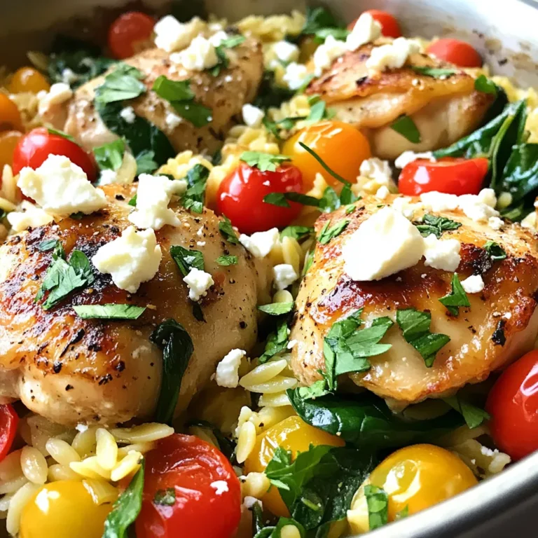 Für dieses einfache Gericht benötigst du: - 450 g entbeinte, hautlose Hähnchenschenkel, in mundgerechte Stücke geschnitten - 1 Tasse Orzo-Nudeln - 2 Tassen Hühnerbrühe - 1 Tasse Kirschtomaten, halbiert - 1 Tasse Baby-Spinat, grob gehackt - 1/2 Tasse Feta-Käse, zerbröckelt - 1/2 rote Zwiebel, fein gehackt - 3 Knoblauchzehen, gehackt Diese Zutaten sind wichtig für den Geschmack. Das Hähnchen gibt dir Protein, die Orzo-Nudeln machen das Gericht sättigend. Kirschtomaten bringen Süße und Frische rein. Spinat fügt Farbe und Nährstoffe hinzu. Für den perfekten Geschmack brauchst du: - 1 Teelöffel getrockneter Oregano - 1 Teelöffel Zitronenschale, abgerieben - 2 Esslöffel Olivenöl - Salz und Pfeffer nach Geschmack Die Gewürze bringen das Gericht zum Leben. Oregano verleiht einen tollen griechischen Geschmack. Zitronenschale fügt Frische hinzu. Olivenöl sorgt für eine schöne Textur und Geschmack. Um das Gericht zu vollenden, brauchst du: - Frische Petersilie, gehackt Die Petersilie ist nicht nur schön, sie gibt auch einen frischen Geschmack. Sie macht das Gericht lebendig und bunt. {{ingredient_image_2}} Zuerst schneiden Sie das Hähnchen in kleine Stücke. Nutzen Sie frische Kirschtomaten und hacken Sie die Zwiebel. Der Spinat sollte grob gehackt werden. Messen Sie die Orzo-Nudeln und die Brühe ab. Bereiten Sie auch den Knoblauch und den Oregano vor. Es ist wichtig, alles bereit zu haben, um den Kochprozess zu erleichtern. Erhitzen Sie das Olivenöl in einem großen Topf. Fügen Sie die Zwiebel hinzu und dünsten Sie sie. Nach etwa drei bis vier Minuten geben Sie den Knoblauch, Oregano und die Zitronenschale dazu. Kochen Sie alles für eine Minute. Dann kommen die Hähnchenstücke in den Topf. Würzen Sie sie mit Salz und Pfeffer. Braten Sie das Hähnchen für fünf bis sieben Minuten, bis es goldbraun ist. Gießen Sie die Hühnerbrühe in den Topf und bringen Sie alles zum Kochen. Wenn die Brühe kocht, fügen Sie die Orzo-Nudeln und Kirschtomaten hinzu. Rühren Sie gut um. Decken Sie den Topf ab und lassen Sie alles leicht köcheln. Das dauert etwa zehn bis zwölf Minuten. Rühren Sie gelegentlich um, damit nichts kleben bleibt. Nach dem Kochen fügen Sie den gehackten Spinat und den zerbröckelten Feta hinzu. Nehmen Sie den Topf vom Herd. Lassen Sie das Gericht für zwei bis drei Minuten ruhen. So kann der Spinat verwelken. Schmecken Sie das Gericht ab und passen Sie die Gewürze an. Servieren Sie es heiß und garnieren Sie es mit frischer Petersilie. Um das Hähnchen perfekt zu garen, wähle stets frische, hautlose Stücke. Schneide die Hähnchenschenkel in gleichmäßige Stücke. So garen sie gleichmäßig. Würze das Hähnchen gut mit Salz und Pfeffer, damit es Geschmack aufnimmt. Brate es goldbraun an. Dies dauert etwa 5-7 Minuten. Orzo benötigt nur 10-12 Minuten zum Garen. Achte darauf, die Hitze zu reduzieren, sobald die Brühe kocht. Decke den Topf ab, damit die Wärme bleibt. Rühre alle paar Minuten um, damit nichts am Boden anhaftet. Die Nudeln sollten al dente sein, also bissfest. Verwende frische Kräuter wie Petersilie oder Basilikum. Sie bringen Frische ins Gericht. Du kannst auch Zitronensaft hinzufügen, um die Aromen zu heben. Probiere verschiedene Käsesorten aus, wie Ziegenkäse oder Parmesan. Diese geben dem Gericht einen neuen Twist. Pro Tipps Hähnchen marinieren: Lass die Hähnchenstücke vor dem Braten mindestens 30 Minuten in einer Mischung aus Olivenöl, Zitronensaft, Oregano und Knoblauch marinieren, um das Fleisch zarter und geschmackvoller zu machen. Orzo al dente kochen: Achte darauf, die Orzo-Nudeln nicht zu lange zu kochen, damit sie al dente bleiben. So behalten sie eine angenehme Bissfestigkeit und Struktur im Gericht. Variationen hinzufügen: Experimentiere mit verschiedenen Gemüsesorten wie Zucchini oder Paprika, um das Gericht noch bunter und nährstoffreicher zu gestalten. Feta richtig integrieren: Füge den zerbröckelten Feta-Käse kurz vor dem Servieren hinzu, damit er leicht schmilzt und sich perfekt mit den warmen Zutaten verbindet. {{image_4}} Du kannst eine leckere vegetarische Version machen. Ersetze das Hähnchen durch Kichererbsen oder Tofu. Diese Zutaten sind proteinreich und fügen Geschmack hinzu. Du kannst auch mehr Gemüse verwenden, um das Gericht bunter zu machen. Füge Zucchini, Paprika oder Brokkoli hinzu. Diese Gemüsesorten passen gut zum Orzo. Sie bringen auch mehr Farbe und Nährstoffe ins Gericht. Schneide das Gemüse klein, damit es schnell gar wird. Du kannst es gleichzeitig mit dem Hähnchen anbraten. Wenn du keinen Feta-Käse magst, probiere Ziegenkäse oder Ricotta. Diese Käse geben dem Gericht einen anderen, aber leckeren Geschmack. Du kannst auch veganen Käse verwenden, um das Gericht pflanzenbasiert zu halten. Wenn du Reste hast, lass das Gericht zuerst abkühlen. Fülle es dann in einen luftdichten Behälter. So bleibt es frisch. Du kannst es bis zu drei Tage im Kühlschrank aufbewahren. Achte darauf, dass der Behälter gut verschlossen ist, um Gerüche zu vermeiden. Um das Gericht wieder aufzuwärmen, benutze einen Topf oder die Mikrowelle. Bei der Mikrowelle stelle die Leistung auf mittel und erwärme es in kurzen Intervallen. Rühre zwischendurch um, damit es gleichmäßig heiß wird. Wenn es zu trocken ist, füge einen Spritzer Hühnerbrühe hinzu. So bleibt das Orzo schön saftig. Das Gericht hält sich gut im Kühlschrank, aber nicht länger als drei Tage. Du kannst es auch einfrieren, wenn du mehr Portionen machst. Stelle sicher, dass du es in einem gefrierfesten Behälter aufbewahrst. So bleibt der Geschmack auch nach dem Einfrieren erhalten. Wenn du es auftauen möchtest, lasse es über Nacht im Kühlschrank. Erwärme es dann wie oben beschrieben. Die Zubereitung braucht etwa 10 Minuten. Das Kochen dauert rund 20 Minuten. Insgesamt sind es also etwa 30 Minuten. Das ist schnell und einfach, ideal für ein Abendessen unter der Woche. Ja, du kannst andere Nudeln ausprobieren! Ich empfehle kleine Formen wie Reisnudeln oder kleine Muschelnudeln. Achte darauf, die Kochzeit anzupassen. Jede Nudel hat eine andere Garzeit, also prüfe sie regelmäßig. Ja, dieses Rezept ist gesund! Es enthält viel Gemüse und mageres Hähnchen. Spinat und Kirschtomaten bringen viele Vitamine. Außerdem ist Feta eine gute Proteinquelle. Wenn du die Portionsgrößen beachtest, passt es in eine ausgewogene Ernährung. In diesem Beitrag haben wir alles zu One-Pot Griechischem Orzo mit Hühnchen behandelt. Ich diskutierte die Zutaten, die Zubereitungsschritte und gab wertvolle Tipps. Variationen und Lagerungshinweise helfen, das Gericht anzupassen und Reste gut zu nutzen. Denke daran, dass das Kochen Spaß macht. Mit den richtigen Zutaten und Techniken kannst du ein köstliches Essen zaubern. Probiere es aus und experimentiere mit verschiedenen Aromen!