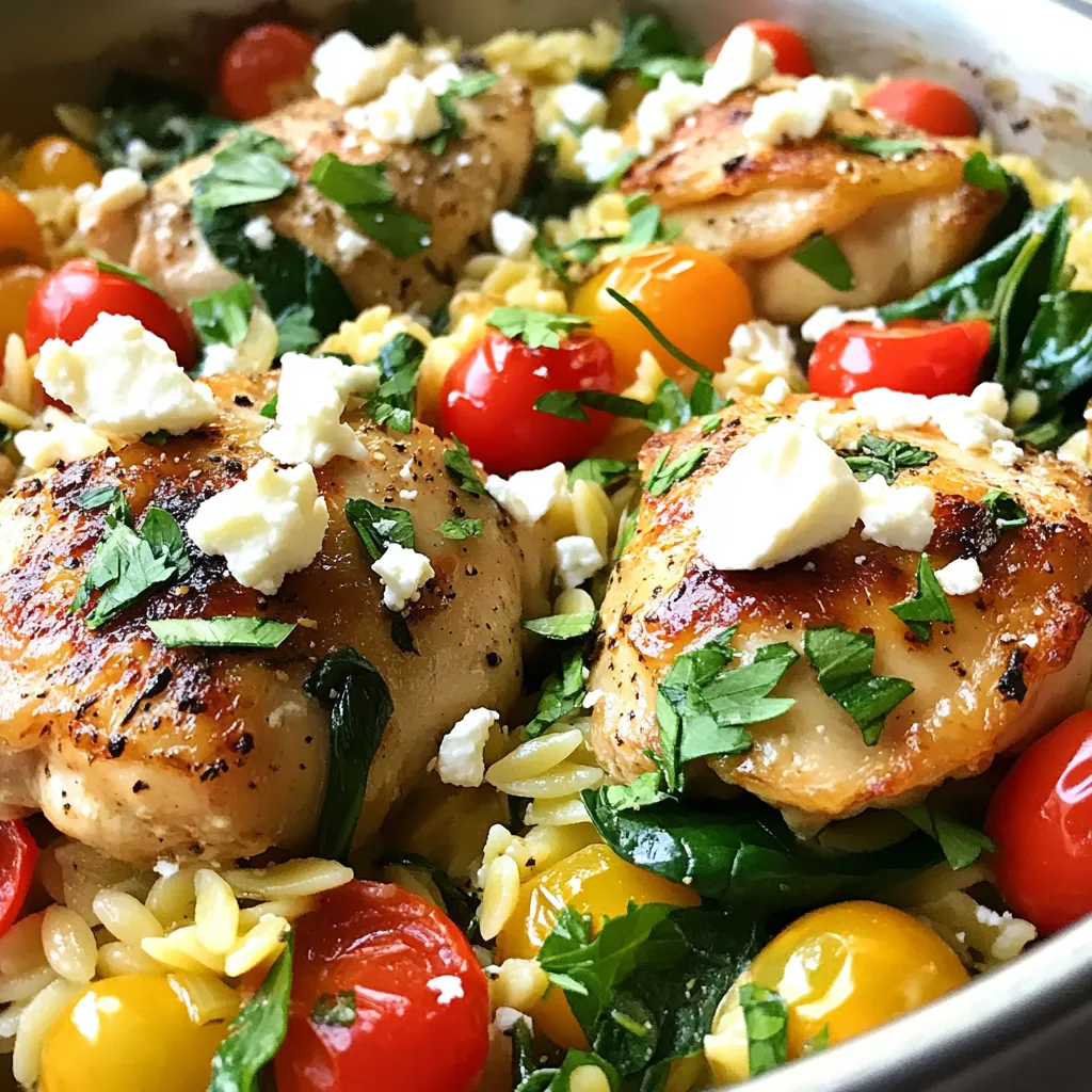 Für dieses einfache Gericht benötigst du: - 450 g entbeinte, hautlose Hähnchenschenkel, in mundgerechte Stücke geschnitten - 1 Tasse Orzo-Nudeln - 2 Tassen Hühnerbrühe - 1 Tasse Kirschtomaten, halbiert - 1 Tasse Baby-Spinat, grob gehackt - 1/2 Tasse Feta-Käse, zerbröckelt - 1/2 rote Zwiebel, fein gehackt - 3 Knoblauchzehen, gehackt Diese Zutaten sind wichtig für den Geschmack. Das Hähnchen gibt dir Protein, die Orzo-Nudeln machen das Gericht sättigend. Kirschtomaten bringen Süße und Frische rein. Spinat fügt Farbe und Nährstoffe hinzu. Für den perfekten Geschmack brauchst du: - 1 Teelöffel getrockneter Oregano - 1 Teelöffel Zitronenschale, abgerieben - 2 Esslöffel Olivenöl - Salz und Pfeffer nach Geschmack Die Gewürze bringen das Gericht zum Leben. Oregano verleiht einen tollen griechischen Geschmack. Zitronenschale fügt Frische hinzu. Olivenöl sorgt für eine schöne Textur und Geschmack. Um das Gericht zu vollenden, brauchst du: - Frische Petersilie, gehackt Die Petersilie ist nicht nur schön, sie gibt auch einen frischen Geschmack. Sie macht das Gericht lebendig und bunt. {{ingredient_image_2}} Zuerst schneiden Sie das Hähnchen in kleine Stücke. Nutzen Sie frische Kirschtomaten und hacken Sie die Zwiebel. Der Spinat sollte grob gehackt werden. Messen Sie die Orzo-Nudeln und die Brühe ab. Bereiten Sie auch den Knoblauch und den Oregano vor. Es ist wichtig, alles bereit zu haben, um den Kochprozess zu erleichtern. Erhitzen Sie das Olivenöl in einem großen Topf. Fügen Sie die Zwiebel hinzu und dünsten Sie sie. Nach etwa drei bis vier Minuten geben Sie den Knoblauch, Oregano und die Zitronenschale dazu. Kochen Sie alles für eine Minute. Dann kommen die Hähnchenstücke in den Topf. Würzen Sie sie mit Salz und Pfeffer. Braten Sie das Hähnchen für fünf bis sieben Minuten, bis es goldbraun ist. Gießen Sie die Hühnerbrühe in den Topf und bringen Sie alles zum Kochen. Wenn die Brühe kocht, fügen Sie die Orzo-Nudeln und Kirschtomaten hinzu. Rühren Sie gut um. Decken Sie den Topf ab und lassen Sie alles leicht köcheln. Das dauert etwa zehn bis zwölf Minuten. Rühren Sie gelegentlich um, damit nichts kleben bleibt. Nach dem Kochen fügen Sie den gehackten Spinat und den zerbröckelten Feta hinzu. Nehmen Sie den Topf vom Herd. Lassen Sie das Gericht für zwei bis drei Minuten ruhen. So kann der Spinat verwelken. Schmecken Sie das Gericht ab und passen Sie die Gewürze an. Servieren Sie es heiß und garnieren Sie es mit frischer Petersilie. Um das Hähnchen perfekt zu garen, wähle stets frische, hautlose Stücke. Schneide die Hähnchenschenkel in gleichmäßige Stücke. So garen sie gleichmäßig. Würze das Hähnchen gut mit Salz und Pfeffer, damit es Geschmack aufnimmt. Brate es goldbraun an. Dies dauert etwa 5-7 Minuten. Orzo benötigt nur 10-12 Minuten zum Garen. Achte darauf, die Hitze zu reduzieren, sobald die Brühe kocht. Decke den Topf ab, damit die Wärme bleibt. Rühre alle paar Minuten um, damit nichts am Boden anhaftet. Die Nudeln sollten al dente sein, also bissfest. Verwende frische Kräuter wie Petersilie oder Basilikum. Sie bringen Frische ins Gericht. Du kannst auch Zitronensaft hinzufügen, um die Aromen zu heben. Probiere verschiedene Käsesorten aus, wie Ziegenkäse oder Parmesan. Diese geben dem Gericht einen neuen Twist. Pro Tipps Hähnchen marinieren: Lass die Hähnchenstücke vor dem Braten mindestens 30 Minuten in einer Mischung aus Olivenöl, Zitronensaft, Oregano und Knoblauch marinieren, um das Fleisch zarter und geschmackvoller zu machen. Orzo al dente kochen: Achte darauf, die Orzo-Nudeln nicht zu lange zu kochen, damit sie al dente bleiben. So behalten sie eine angenehme Bissfestigkeit und Struktur im Gericht. Variationen hinzufügen: Experimentiere mit verschiedenen Gemüsesorten wie Zucchini oder Paprika, um das Gericht noch bunter und nährstoffreicher zu gestalten. Feta richtig integrieren: Füge den zerbröckelten Feta-Käse kurz vor dem Servieren hinzu, damit er leicht schmilzt und sich perfekt mit den warmen Zutaten verbindet. {{image_4}} Du kannst eine leckere vegetarische Version machen. Ersetze das Hähnchen durch Kichererbsen oder Tofu. Diese Zutaten sind proteinreich und fügen Geschmack hinzu. Du kannst auch mehr Gemüse verwenden, um das Gericht bunter zu machen. Füge Zucchini, Paprika oder Brokkoli hinzu. Diese Gemüsesorten passen gut zum Orzo. Sie bringen auch mehr Farbe und Nährstoffe ins Gericht. Schneide das Gemüse klein, damit es schnell gar wird. Du kannst es gleichzeitig mit dem Hähnchen anbraten. Wenn du keinen Feta-Käse magst, probiere Ziegenkäse oder Ricotta. Diese Käse geben dem Gericht einen anderen, aber leckeren Geschmack. Du kannst auch veganen Käse verwenden, um das Gericht pflanzenbasiert zu halten. Wenn du Reste hast, lass das Gericht zuerst abkühlen. Fülle es dann in einen luftdichten Behälter. So bleibt es frisch. Du kannst es bis zu drei Tage im Kühlschrank aufbewahren. Achte darauf, dass der Behälter gut verschlossen ist, um Gerüche zu vermeiden. Um das Gericht wieder aufzuwärmen, benutze einen Topf oder die Mikrowelle. Bei der Mikrowelle stelle die Leistung auf mittel und erwärme es in kurzen Intervallen. Rühre zwischendurch um, damit es gleichmäßig heiß wird. Wenn es zu trocken ist, füge einen Spritzer Hühnerbrühe hinzu. So bleibt das Orzo schön saftig. Das Gericht hält sich gut im Kühlschrank, aber nicht länger als drei Tage. Du kannst es auch einfrieren, wenn du mehr Portionen machst. Stelle sicher, dass du es in einem gefrierfesten Behälter aufbewahrst. So bleibt der Geschmack auch nach dem Einfrieren erhalten. Wenn du es auftauen möchtest, lasse es über Nacht im Kühlschrank. Erwärme es dann wie oben beschrieben. Die Zubereitung braucht etwa 10 Minuten. Das Kochen dauert rund 20 Minuten. Insgesamt sind es also etwa 30 Minuten. Das ist schnell und einfach, ideal für ein Abendessen unter der Woche. Ja, du kannst andere Nudeln ausprobieren! Ich empfehle kleine Formen wie Reisnudeln oder kleine Muschelnudeln. Achte darauf, die Kochzeit anzupassen. Jede Nudel hat eine andere Garzeit, also prüfe sie regelmäßig. Ja, dieses Rezept ist gesund! Es enthält viel Gemüse und mageres Hähnchen. Spinat und Kirschtomaten bringen viele Vitamine. Außerdem ist Feta eine gute Proteinquelle. Wenn du die Portionsgrößen beachtest, passt es in eine ausgewogene Ernährung. In diesem Beitrag haben wir alles zu One-Pot Griechischem Orzo mit Hühnchen behandelt. Ich diskutierte die Zutaten, die Zubereitungsschritte und gab wertvolle Tipps. Variationen und Lagerungshinweise helfen, das Gericht anzupassen und Reste gut zu nutzen. Denke daran, dass das Kochen Spaß macht. Mit den richtigen Zutaten und Techniken kannst du ein köstliches Essen zaubern. Probiere es aus und experimentiere mit verschiedenen Aromen!