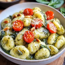 - 450 g Kartoffelgnocchi - 240 ml frisches Basilikumpesto - 240 ml Schlagsahne Die Hauptzutaten sind einfach und wichtig. Kartoffelgnocchi sind weich und lecker. Sie bilden die Grundlage für unser Gericht. Frisches Basilikumpesto bringt viel Geschmack. Sie können es selbst machen oder im Laden kaufen. Schlagsahne sorgt für die cremige Konsistenz. - 240 g Kirschtomaten, halbiert - 240 g Babyspinat - 50 g geriebener Parmesan Kirschtomaten fügen eine süße Note hinzu. Babyspinat macht das Gericht gesund und bunt. Parmesan sorgt für einen salzigen, herzhaften Geschmack. Diese Zutaten ergänzen die Gnocchi perfekt. - 2 Esslöffel Olivenöl - 2 Knoblauchzehen, gehackt - Salz und Pfeffer nach Geschmack Olivenöl bringt einen frischen Geschmack. Der gehackte Knoblauch gibt ein tolles Aroma. Salz und Pfeffer sind wichtig, um alles abzurunden. Diese Gewürze machen die Gnocchi noch schmackhafter. {{ingredient_image_2}} - Bringe einen großen Topf mit gesalzenem Wasser zum Kochen. - Füge die Kartoffelgnocchi hinzu. - Koche sie 2-3 Minuten, bis sie an die Oberfläche steigen. - Gieße sie ab und stelle sie beiseite. - Erhitze 2 Esslöffel Olivenöl in einer großen Pfanne bei mittlerer Hitze. - Füge 2 gehackte Knoblauchzehen hinzu. - Sautiere den Knoblauch etwa 1 Minute lang, bis er duftet. - Rühre 240 g halbierte Kirschtomaten unter. - Koche sie 2-3 Minuten, bis sie weich werden. - Gebe 240 g Babyspinat dazu und koche weiter, bis er verwelkt ist (ca. 1-2 Minuten). - Reduziere die Hitze. - Gieße 240 ml Schlagsahne in die Pfanne und vermenge sie gut mit dem Gemüse. - Nach etwa einer Minute füge 240 ml Basilikumpesto hinzu. - Rühre ständig, bis die Sauce gut vermischt und warm ist. - Hebe die gekochten Gnocchi vorsichtig unter die Sauce. - Achte darauf, dass sie gut bedeckt sind. - Lasse alles 2-3 Minuten weiterköcheln, damit die Gnocchi die Sauce aufnehmen. - Rühre 50 g geriebenen Parmesan unter. - Mische, bis der Käse schmilzt und gut kombiniert ist. - Schmecke mit Salz und Pfeffer ab. - Serviere die cremigen Pesto-Gnocchi in Schalen. - Garniere mit optionalen gerösteten Pinienkernen für einen knusprigen Biss. - Frische vs. gefrorene Gnocchi: Frische Gnocchi haben einen tollen Geschmack und eine weiche Textur. Sie sind oft zarter als gefrorene. Gefrorene Gnocchi sind praktisch und halten länger. Beide Optionen sind gut. Wähle die, die du magst. - Kochzeit beachten: Koche die Gnocchi nur 2-3 Minuten, bis sie an die Oberfläche schwimmen. Überkoche sie nicht, sonst werden sie matschig. - Selbstgemachtes vs. gekauftes Pesto: Selbstgemachtes Pesto schmeckt frisch und ist einfach. Du brauchst frisches Basilikum, Öl, Nüsse und Käse. Gekauftes Pesto ist schnell und bequem. Beide sind lecker, also wähle, was dir passt. - Tipps für die Pesto-Herstellung: Verwende frische Kräuter und gute Öle. Mixe alles in einem Mixer. Du kannst auch Nüsse nach Wahl verwenden. Geröstete Pinienkerne geben einen tollen Geschmack. - Beilagenideen: Ein einfacher grüner Salat passt gut dazu. Auch knuspriges Brot ist eine tolle Ergänzung. - Präsentationstipps: Serviere die Gnocchi in einer schönen Schüssel. Garniere sie mit frischem Basilikum und Olivenöl. Das sieht lecker aus und macht Lust auf mehr! Pro Tipps Frisches Pesto: Wenn Sie Zeit haben, bereiten Sie das Pesto selbst zu, um einen intensiveren Geschmack zu erzielen. Gnocchi nicht überkochen: Achten Sie darauf, die Gnocchi nur so lange zu kochen, bis sie an die Oberfläche steigen, um eine zähe Textur zu vermeiden. Variationen hinzufügen: Fügen Sie zusätzliches Gemüse wie Zucchini oder Brokkoli hinzu, um die Nährstoffe zu erhöhen und dem Gericht mehr Farbe zu verleihen. Rösten von Pinienkernen: Wenn Sie Pinienkerne verwenden, rösten Sie sie vorher in einer Pfanne, um ihren nussigen Geschmack zu intensivieren. {{image_4}} Du kannst dieses Rezept leicht anpassen. Füge Zucchini oder Erbsen hinzu. Diese Gemüse bringen frische Aromen. Sie passen gut zu den Gnocchi und dem Pesto. Wenn du eine vegane Option möchtest, nutze Pflanzencreme anstelle von Schlagsahne. So bleibt das Gericht cremig und lecker. Zusätzliche Aromen machen das Gericht noch interessanter. Füge etwas Zitronenschale hinzu. Diese bringt einen frischen Kick. Du kannst auch verschiedene Käsesorten ausprobieren. Feta oder Mozzarella geben einen neuen Geschmack. Diese Variationen machen das Gericht einzigartig. Wenn du glutenfrei isst, gibt es gute Optionen. Nutze glutenfreie Gnocchi, die in vielen Läden erhältlich sind. Du kannst auch Zucchini-Nudeln als Ersatz verwenden. Diese Nudeln sind leicht und gesund. Sie passen gut zu der cremigen Sauce. - Geeignete Behälter: Verwenden Sie luftdichte Behälter oder große Glasbehälter. Diese halten die Gnocchi frisch. - Kühlzeit im Kühlschrank: Lagern Sie die Reste bis zu 3 Tage im Kühlschrank. - Schritte zum Einfrieren der Gnocchi-Gerichte: Lassen Sie die Gnocchi nach dem Kochen abkühlen. Legen Sie sie dann in eine flache Schicht auf ein Backblech. Frieren Sie sie für 1-2 Stunden ein. Danach können Sie die Gnocchi in einen Gefrierbeutel geben. - Auftau-Tipps: Um die gefrorenen Gnocchi zu verwenden, lassen Sie sie über Nacht im Kühlschrank auftauen. Alternativ kochen Sie sie direkt aus dem Gefrierfach in heißem Wasser. - Tipps zur Bestimmung der Frische: Überprüfen Sie die Gnocchi auf Geruch und Aussehen. Wenn sie seltsam riechen oder schleimig sind, entsorgen Sie sie. Frische Gnocchi sind weich und haben einen milden Duft. Die Gesamtzeit für die Zubereitung beträgt etwa 25 Minuten. Die Vorbereitungszeit liegt bei 10 Minuten. Das Kochen der Gnocchi dauert in der Regel 2-3 Minuten. Wenn Sie das Gemüse anbraten und die Sauce zubereiten, benötigen Sie zusätzlich etwa 15 Minuten. Ja, Sie können das Rezept im Voraus zubereiten. Kochen Sie die Gnocchi und bereiten Sie die Sauce vor. Lassen Sie alles abkühlen und bewahren Sie es in einem luftdichten Behälter im Kühlschrank auf. Sie können die Gnocchi und die Sauce bis zu zwei Tage im Voraus zubereiten. Wenn Sie bereit sind zu essen, erwärmen Sie die Mischung in einer Pfanne. Pesto-Gnocchi passen gut zu verschiedenen Beilagen. Hier sind einige Vorschläge: - Ein frischer grüner Salat mit Vinaigrette. - Geröstetes Gemüse wie Zucchini oder Paprika. - Knoblauchbrot oder Ciabatta für einen zusätzlichen Geschmack. Ja, Sie können das Rezept vegan machen. Verwenden Sie vegane Gnocchi und ersetzen Sie die Schlagsahne durch pflanzliche Sahne. Statt Parmesan können Sie Hefeflocken oder eine vegane Käsesorte verwenden. Diese Optionen geben Ihnen den gleichen cremigen Geschmack. Sie können frisches Basilikumpesto in vielen Supermärkten finden. Suchen Sie in der Kühlabteilung. Auch Bio-Läden führen oft frisches Pesto. Online können Sie Basilikumpesto von verschiedenen Marken kaufen. Achten Sie darauf, die Zutatenliste zu prüfen, um ein hochwertiges Produkt zu wählen. Diese Anleitung zeigt, wie man köstliche Pesto-Gnocchi zubereitet. Wir haben die Hauptzutaten wie Gnocchi, frisches Basilikumpesto und Schlagsahne behandelt. Auch Tipps für die perfekte Zubereitung sind wichtig. Variationen wie vegetarische oder vegane Optionen erweitern das Rezept. Eine gute Lagerung sorgt dafür, dass Reste frisch bleiben. Mit diesen Informationen wird das Kochen einfacher und spannender. Probiere es aus und genieße eine leckere Mahlzeit.