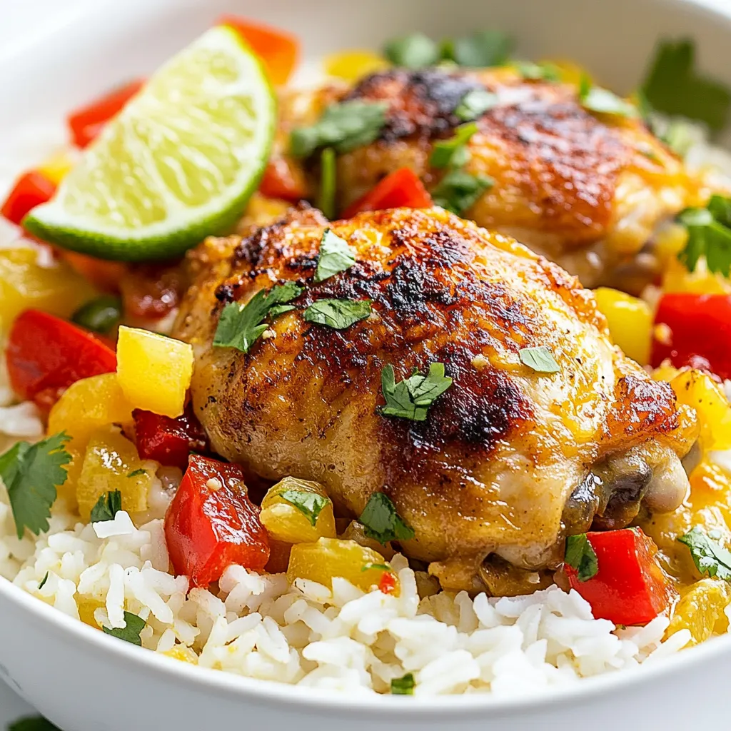 - 4 Hähnchenschenkel, mit Knochen und Haut - 2 Tassen Jasminreis - 1 Dose (400 ml) Kokosmilch - 1 rote Paprika, gewürfelt - 1 grüne Paprika, gewürfelt - 1 kleine Zwiebel, fein gehackt - 3 Knoblauchzehen, gehackt - 1 Teelöffel frische Thymianblätter - 1 Teelöffel Piment - 1 Teelöffel Cayennepfeffer (nach Geschmack anpassen) - 2 Esslöffel Pflanzenöl - 1 Tasse Hühnerbrühe - Frischer Koriander zur Garnierung - Limettenviertel zum Servieren In diesem Rezept nutze ich Hähnchenschenkel. Sie geben viel Geschmack. Jasminreis passt gut, da er fluffig und aromatisch ist. Kokosmilch bringt die Karibik direkt in deine Küche. Die bunten Paprika und Zwiebeln sorgen für einen frischen Biss. Thymian und Piment fügen das richtige Aroma hinzu. Diese Gewürze machen das Gericht besonders. Das Pflanzenöl hilft, alles gut anzubraten. Hühnerbrühe bringt zusätzliche Tiefe in das Gericht. Frischer Koriander ist perfekt für die Garnitur. Limettenviertel geben einen frischen Kick beim Servieren. Mit diesen Zutaten bereitest du ein echtes Geschmackserlebnis zu. Sie alle arbeiten zusammen, um dein Karibisches Hähnchen und Reis unvergesslich zu machen. {{ingredient_image_2}} Zuerst würze die Hähnchenschenkel mit Salz und Pfeffer. Füge frische Thymianblätter, Piment und Cayennepfeffer hinzu. Das Hähnchen sollte 15 Minuten marinieren, während du das Gemüse und den Reis vorbereitest. Erhitze 2 Esslöffel Pflanzenöl in einem großen Topf bei mittlerer Hitze. Füge die feingehackte Zwiebel hinzu und brate sie 5 Minuten, bis sie glasig ist. Danach kommt der gehackte Knoblauch dazu, gefolgt von der gewürfelten roten und grünen Paprika. Brate alles für 3 Minuten, bis das Gemüse weich wird. Schiebe das Gemüse zur Seite. Lege die Hähnchenschenkel mit der Hautseite nach unten in den Topf. Brate sie 5-7 Minuten, bis die Haut goldbraun ist. Wende das Hähnchen und brate die andere Seite für weitere 5 Minuten. Nimm das Hähnchen aus dem Topf und lege es beiseite. Gib den Jasminreis in den Topf und rühre ihn gut mit dem Gemüse und Öl um. Röste den Reis etwa 2 Minuten. Danach füge die Kokosmilch und die Hühnerbrühe hinzu. Rühre alles gut durch. Lege die angebratenen Hähnchenschenkel wieder in den Topf. Bring die Mischung zum sanften Kochen. Reduziere die Hitze, decke den Topf ab und lasse das Ganze 25-30 Minuten köcheln, bis der Reis gar und das Hähnchen zart ist. Nimm den Topf nach dem Kochen vom Herd und lasse ihn 5 Minuten abgedeckt ruhen. Das Dämpfen hilft, die Aromen zu entfalten. Lockere den Reis mit einer Gabel auf und passe die Gewürze nach Geschmack an. Garnier das Gericht mit frischem Koriander und serviere es mit Limettenvierteln. So erhält das Gericht einen frischen Kick. Du kannst das Hähnchen mit dem Reis in der Mitte des Tisches servieren oder auf Tellern anrichten. Um die Haut knusprig zu halten, würze das Hähnchen gut. Lass das Hähnchen nach dem Marinieren ruhen. So kann das Fleisch die Gewürze besser aufnehmen. Brate das Hähnchen in heißem Öl an. Dadurch wird die Haut goldbraun und knusprig. Wende das Hähnchen vorsichtig, damit die Haut nicht reißt. Jasminreis ist ideal für dieses Gericht. Er hat ein feines Aroma und passt gut zum Hähnchen. Du kannst auch andere Reissorten verwenden. Basmatireis hat einen ähnlichen Geschmack. Vollkornreis ist gesünder, braucht aber länger zum Kochen. Achte darauf, das Wasser und die Kochzeit anzupassen. Die Gewürze machen den Unterschied. Cayennepfeffer gibt Schärfe, aber du kannst ihn weglassen. Experimentiere auch mit anderen Gewürzen. Kurkuma bringt Farbe, während Kreuzkümmel für einen erdigen Geschmack sorgt. Passe die Gewürze nach deinem Geschmack an, um dein perfektes Gericht zu kreieren. Pro Tipps Hähnchen marinieren: Lass das Hähnchen mindestens 30 Minuten marinieren, um die Aromen besser aufzunehmen. Noch besser ist es, es über Nacht im Kühlschrank zu lassen. Reis richtig kochen: Achte darauf, den Reis vor dem Kochen gründlich abzuspülen, um überschüssige Stärke zu entfernen und ein klebriges Ergebnis zu vermeiden. Gemüse anpassen: Du kannst das Gemüse nach Belieben variieren. Zucchini, Karotten oder Erbsen sind ebenfalls eine hervorragende Ergänzung. Limette für Frische: Ein Spritzer frischer Limettensaft kurz vor dem Servieren hebt den Geschmack des Gerichts und sorgt für eine tolle Frische. {{image_4}} Du kannst eine vegane Version des Gerichts einfach zubereiten. Ersetze die Hähnchenschenkel durch Kichererbsen oder Tofu. Für die Brühe kannst du Gemüsebrühe verwenden. Diese Alternativen bringen viel Geschmack. Kichererbsen sind proteinreich und Tofu hat eine tolle Konsistenz. Achte darauf, dass du die Gewürze gut einmassierst, damit das Gemüse und der Tofu den vollen Geschmack aufnehmen. Experimentiere mit verschiedenen Gewürzen, um neue Aromen zu entdecken. Probiere Curry-Pulver für einen indischen Twist oder Zaatar für einen nahöstlichen Geschmack. Du kannst auch lokale Gewürze verwenden, die du magst. Diese Variationen bringen das karibische Flair auf neue Arten. Sei kreativ und finde deine Lieblingskombination! Das Gericht schmeckt toll mit frischen Beilagen. Du kannst einen einfachen grünen Salat servieren. Avocado-Scheiben passen auch gut dazu. Eine Portion Bohnen oder Mais ergänzt das Gericht perfekt. Diese Beilagen bringen Farbe und Frische auf den Teller. Sie sind einfach zuzubereiten und bieten eine schöne Abwechslung. Um Karibisches Hähnchen und Reis richtig zu lagern, sollten Sie die Reste schnell abkühlen lassen. Geben Sie das Gericht in einen luftdichten Behälter. Sie können es im Kühlschrank oder im Gefrierfach aufbewahren. Im Kühlschrank bleibt es etwa 3-4 Tage frisch. Im Gefrierfach können Sie es bis zu 3 Monate lagern. Die Haltbarkeit ist wichtig für den besten Geschmack. Im Kühlschrank bleiben die Aromen gut bis zu 4 Tage. Im Gefrierfach können Sie das Hähnchen und den Reis bis zu 3 Monate genießen. Achten Sie darauf, das Gericht gut zu verpacken, damit keine Gefrierbrand entsteht. Wenn es Zeit ist, das Gericht wieder aufzuwärmen, gibt es zwei Hauptmethoden. Die Mikrowelle ist schnell und einfach. Stellen Sie die Leistung auf mittlere Stufe und erhitzen Sie das Gericht in Schritten von 1-2 Minuten. Rühren Sie zwischendurch um. Die Herdmethode ist eine weitere Möglichkeit. Geben Sie das Gericht in einen Topf und fügen Sie einen Schuss Wasser oder Brühe hinzu. Erwärmen Sie es bei mittlerer Hitze. Rühren Sie oft, damit nichts anbrennt. Diese Methode hilft, die Textur zu erhalten. Die Zubereitungszeit beträgt 15 Minuten. Die Kochzeit dauert 45 Minuten. Insgesamt sind es also 1 Stunde. Diese Zeit reicht für 4 Portionen. Ja, du kannst andere Reissorten verwenden. Basmati oder Langkornreis sind gute Alternativen. Jede Reissorte hat ihre eigene Kochzeit. Achte darauf, die Flüssigkeitsmenge anzupassen. Jasminreis hat eine zarte Textur, die perfekt zu diesem Gericht passt. Um mehr Schärfe hinzuzufügen, kannst du mehr Cayennepfeffer verwenden. Auch frische Chilis sind eine gute Wahl. Du kannst auch scharfe Soßen oder rote Pfefferflocken hinzufügen. Diese Optionen geben dem Gericht einen zusätzlichen Kick. Zu diesem Gericht passen frischer Salat und Bananen. Eine Mango-Salsa bringt fruchtige Noten. Du kannst auch gegrilltes Gemüse oder Bohnen servieren. Diese Beilagen ergänzen die Aromen perfekt. Karibisches Hähnchen und Reis ist einfach zuzubereiten und sehr lecker. Mit frischen Zutaten gehen Sie Schritt für Schritt vor, von der Marinierung des Hähnchens bis zum Servieren. Denken Sie an die Tipps für knusprige Haut und anpassbare Gewürze. Variationen machen das Gericht spannend. Lagern Sie Reste richtig, um sie frisch zu halten. Genießen Sie die Vielseitigkeit und Geschmack dieses Gerichts!