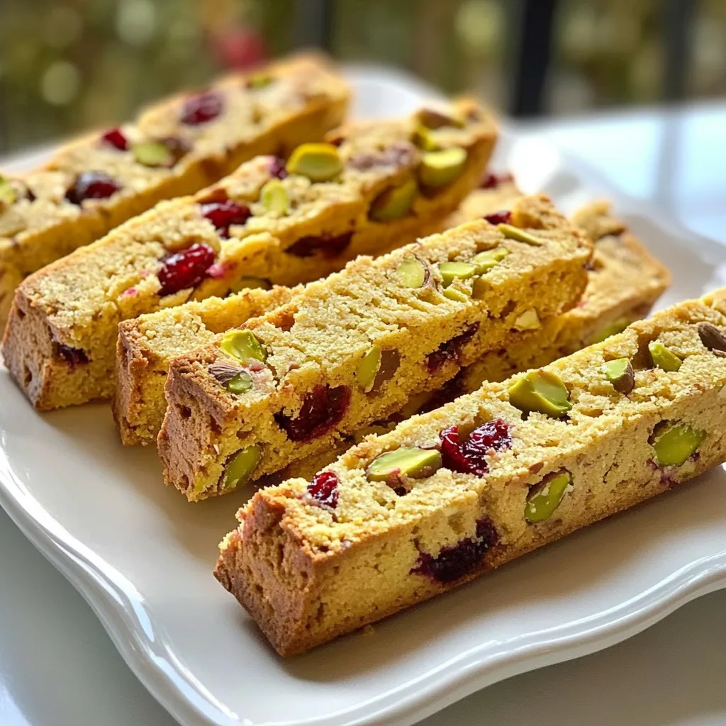 Für die Pistazien-Cranberry-Biscotti brauchst du diese einfachen Zutaten: - 2 Tassen Weizenmehl (Type 550) - 1 Teelöffel Backpulver - 1/2 Teelöffel Salz - 1/2 Tasse ungesalzene Butter, weich - 3/4 Tasse Zucker - 2 große Eier - 1 Teelöffel Vanilleextrakt - 1/2 Tasse geröstete Pistazien, grob gehackt - 1/2 Tasse getrocknete Cranberries Diese Zutaten sind die Basis. Sie geben den Biscotti ihren tollen Geschmack und die schöne Textur. Das Zusammenspiel von süß und salzig funktioniert hier perfekt. Du kannst auch ein paar Extras hinzufügen, um deine Biscotti einzigartig zu machen: - Schokolade: Füge 1/2 Tasse Schokoladenstückchen hinzu. - Zitrusfrüchte: Verwende etwas Zitronen- oder Orangenschale für frischen Geschmack. - Gewürze: Eine Prise Zimt oder Muskatnuss kann den Geschmack vertiefen. Diese Optionen machen das Rezept flexibler und spannend. Probiere verschiedene Kombinationen aus! Die Qualität der Zutaten ist wichtig. Hier sind einige Tipps: - Weizenmehl: Wähle frisches Mehl. Es sorgt für die beste Struktur. - Butter: Verwende ungesalzene Butter. So kontrollierst du den Salzgehalt. - Eier: Frische Eier geben dem Teig mehr Volumen und Geschmack. - Pistazien: Röstete Pistazien verleihen einen tollen Crunch. Achte darauf, dass sie ungesalzen sind. - Cranberries: Getrocknete Cranberries sollten süß und weich sein. So harmonieren sie gut mit dem Teig. Diese Hinweise helfen dir, die besten Biscotti zu backen. Mit hochwertigen Zutaten schmecken deine Biscotti einfach besser! {{ingredient_image_2}} Zuerst heizen Sie den Ofen auf 175°C vor. Dies sorgt dafür, dass die Biscotti gleichmäßig backen. Während der Ofen aufheizt, legen Sie ein Backblech mit Backpapier aus. Das Backpapier hilft, die Biscotti leicht zu lösen und verhindert ein Ankleben. Achten Sie darauf, das Backblech gut vorzubereiten, damit die Biscotti später perfekt gebacken werden. In einer mittelgroßen Schüssel vermischen Sie das Weizenmehl, das Backpulver und das Salz. Mischen Sie alles gut und stellen Sie die Schüssel beiseite. In einer großen Rührschüssel schlagen Sie die weiche Butter mit dem Zucker. Nutzen Sie einen elektrischen Mixer. Mixen Sie die Mischung für etwa 3-4 Minuten, bis sie hell und luftig ist. Dann fügen Sie die Eier nacheinander hinzu. Rühren Sie alles gut um, nachdem Sie jedes Ei hinzugefügt haben. Geben Sie zuletzt den Vanilleextrakt dazu. Jetzt geben Sie die trockene Mehlmischung nach und nach zu den feuchten Zutaten. Mischen Sie alles nur so lange, bis es gut kombiniert ist. Dann heben Sie vorsichtig die gehackten Pistazien und die getrockneten Cranberries unter den Teig. So verteilen sich die Zutaten gleichmäßig. Teilen Sie den Teig in zwei Hälften. Formen Sie jede Hälfte auf dem Backblech zu einer Rolle. Jede Rolle sollte etwa 30 cm lang und 5 cm breit sein. Achten Sie darauf, genug Platz zwischen den Rollen zu lassen. Jetzt backen Sie die Logs im vorgeheizten Ofen für 25-30 Minuten. Sie sind fertig, wenn die Oberseite leicht goldbraun ist. Nehmen Sie die Logs aus dem Ofen und lassen Sie sie etwa 10 Minuten abkühlen. Nach dem Abkühlen schneiden Sie die Logs schräg in 1,5 cm dicke Scheiben. Legen Sie diese mit der Schnittseite nach unten wieder auf das Backblech. Backen Sie die Biscotti erneut für 10-12 Minuten, bis sie knusprig und goldbraun sind. Lassen Sie die Biscotti auf einem Kuchengitter komplett auskühlen. Ein häufiger Fehler ist, die Zutaten nicht richtig zu messen. Verwende immer Messbecher und Löffel. Ein weiterer Fehler ist, den Teig zu lange zu mischen. Mische nur, bis die Zutaten gut verbunden sind. Zu viel Mischen macht die Biscotti hart. Achte darauf, die Teigrollen gleichmäßig zu formen. Ungleichmäßige Rollen führen zu ungleichmäßigem Backen. Lass die Biscotti nach dem ersten Backen gut abkühlen, bevor du sie schneidest. Die perfekte Konsistenz erreichst du, indem du die Butter und den Zucker gut schaumig schlägst. Dies sorgt für eine leichte und luftige Textur. Füge die Eier einzeln hinzu und rühre gut um. Das hilft, dass der Teig gleichmäßig bleibt. Verwende frische Pistazien und Cranberries. Dies bringt den besten Geschmack. Achte darauf, dass der Teig nicht zu klebrig ist. Wenn er zu feucht ist, füge etwas mehr Mehl hinzu. Bewahre die Biscotti in einem luftdichten Behälter auf. So bleiben sie frisch und knusprig. Lagere sie an einem kühlen, trockenen Ort. Du kannst sie auch in einem Glas aufbewahren, das gut verschlossen ist. Wenn du die Biscotti länger aufbewahren willst, friere sie ein. Das schützt den Geschmack und die Textur. Vor dem Servieren einfach bei Raumtemperatur auftauen lassen. Pro Tipps Frische Zutaten: Achten Sie darauf, frische und hochwertige Zutaten zu verwenden, insbesondere die Pistazien und Cranberries, um den besten Geschmack zu erzielen. Teig kühlen: Wenn der Teig zu klebrig ist, können Sie ihn für 30 Minuten in den Kühlschrank stellen, um ihn leichter verarbeiten zu können. Variationen: Experimentieren Sie mit anderen Nüssen oder Trockenfrüchten, wie Mandeln oder Aprikosen, um verschiedene Geschmacksrichtungen zu kreieren. Richtige Lagerung: Bewahren Sie die Biscotti in einem luftdichten Behälter auf, um sie frisch und knusprig zu halten. {{image_4}} Wenn du keine Pistazien oder Cranberries magst, gibt es viele Alternativen. Du kannst Mandeln oder Walnüsse verwenden. Diese Nüsse geben einen leckeren Crunch. Statt Cranberries passen auch getrocknete Kirschen oder Aprikosen gut. Diese Früchte bringen eine süße Note. Für mehr Geschmack kannst du Gewürze hinzufügen. Zimt oder Muskatnuss geben einen warmen, einladenden Geschmack. Du kannst auch etwas Schokolade unter den Teig mischen. Dunkle Schokolade passt besonders gut zu den Nüssen. Außerdem kannst du Orange oder Zitronenschale hinzufügen. Diese Zitrusfrüchte machen die Biscotti frisch und fruchtig. Wenn du glutenfrei backen möchtest, ersetze das Weizenmehl durch Mandelmehl oder glutenfreies Mehl. Das gibt einen tollen Geschmack und eine gute Textur. Für vegane Biscotti verwende pflanzliche Butter und Ei-Ersatz. Zum Beispiel kannst du Apfelmus oder Leinsamen verwenden. Diese Optionen machen die Biscotti für alle zugänglich. Um Ihre Pistazien-Cranberry-Biscotti richtig zu lagern, brauchen Sie einen kühlen, trockenen Ort. Vermeiden Sie direkte Sonne und Feuchtigkeit. Eine luftdichte Box ist perfekt. Diese Box schützt die Biscotti vor Luft und hält sie knusprig. Biscotti sind echte Langstreckenläufer. Sie halten sich etwa zwei bis drei Wochen. Wenn Sie sie im Kühlschrank lagern, verlängert sich die Haltbarkeit um einige Tage. Achten Sie darauf, die Biscotti gut zu verpacken, damit sie frisch bleiben. Um Ihre Biscotti frisch zu halten, nutzen Sie diese Tipps: - Lagern Sie sie in einer luftdichten Dose. - Fügen Sie ein Stück Brot hinzu, um die Feuchtigkeit zu regulieren. - Stellen Sie sicher, dass die Biscotti vollständig abgekühlt sind, bevor Sie sie lagern. Wenn Sie diese Schritte befolgen, genießen Sie Ihre Biscotti länger! Pistazien-Cranberry-Biscotti halten sich in einem luftdichten Behälter bis zu zwei Wochen. Sie bleiben knusprig und frisch, wenn Sie sie richtig lagern. Achten Sie darauf, sie an einem kühlen, trockenen Ort aufzubewahren. Ja, Sie können andere Nüsse verwenden. Mandeln oder Walnüsse sind großartige Alternativen. Diese Nüsse passen gut zu den Cranberries und bieten einen anderen Geschmack. Achten Sie darauf, die Nüsse grob zu hacken, um die richtige Textur zu erhalten. Ja, Sie können den Zucker reduzieren. Versuchen Sie, ihn um ein Drittel zu verringern. Alternativ können Sie auch Honig oder Ahornsirup verwenden. Beachten Sie, dass dies die Textur leicht ändern kann. Fühlen Sie sich frei, mit den Mengen zu experimentieren, um den perfekten Geschmack zu finden. Dieses Rezept für Pistazien-Cranberry-Biscotti zeigt, wie einfach es ist, köstliche Kekse zu backen. Wir haben die Hauptzutaten, das Zubereiten des Teigs, und die besten Backtipps behandelt. Zudem gibt es viele Variationen und Lagerungshinweise. Experimentiere mit verschiedenen Zutaten, um deinen eigenen Twist zu finden. Denk daran, auf die Konsistenz zu achten. Mit diesen Tipps wirst du immer perfekte Biscotti haben. Viel Spaß beim Backen und Teilen!