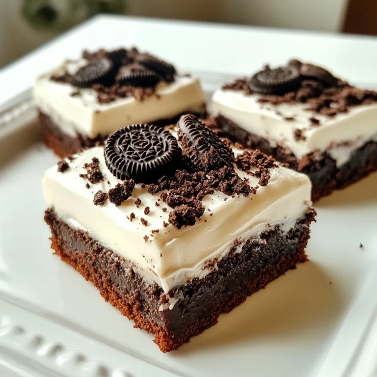 Für die perfekten Oreo-frosted Brownies brauchst du folgende Hauptzutaten: - 1 Tasse (2 Stangen) ungesalzene Butter, geschmolzen - 1 1/4 Tassen Kristallzucker - 1 Tasse brauner Zucker, gepackt - 4 große Eier - 1 Teelöffel Vanilleextrakt - 1 Tasse Weizenmehl - 1/2 Tasse ungesüßtes Kakaopulver - 1 Teelöffel Backpulver - 1/2 Teelöffel Salz - 1 Tasse Schokoladenstückchen - 10 Oreo-Kekse, zerbröselt (plus mehr zum Bestreuen) Diese Zutaten geben den Brownies ihre weiche und schokoladige Textur. Für das leckere Oreo-Frosting benötigst du: - 1/2 Tasse ungesalzene Butter, weich - 2 Tassen Puderzucker - 2 Esslöffel Milch - 5 Oreo-Kekse, zerbröselt Mit diesen Zutaten wird dein Frosting cremig und süß. Für ein schönes Finish kannst du noch folgendes verwenden: - Zusätzliche zerbröselte Oreo-Kekse Diese Keksstücke geben den Brownies eine knusprige Note und sehen toll aus. {{ingredient_image_2}} Zuerst heize den Ofen auf 175°C vor. Fette eine Backform oder lege sie mit Backpapier aus. In einer großen Schüssel vermische die geschmolzene Butter, Kristallzucker und braunen Zucker. Rühre gut, bis die Masse glatt ist. Füge dann die Eier einzeln hinzu. Rühre nach jeder Zugabe kräftig um und gib den Vanilleextrakt dazu. In einer anderen Schüssel vermische das Weizenmehl, Kakaopulver, Backpulver und Salz. Gib diese trockenen Zutaten nach und nach in die nassen Zutaten. Rühre vorsichtig, bis alles gut vermischt ist. Jetzt kommen die Schokoladenstückchen und die zerbröselten Oreo-Kekse dazu. Mische sie gleichmäßig unter den Teig. Gieße den Teig in die vorbereitete Form und streiche ihn glatt. Backe die Brownies 25-30 Minuten. Mache den Zahnstocher-Test: Er sollte mit feuchten Krümeln herauskommen. Lass die Brownies in der Form auf einem Kuchengitter abkühlen. Für das Frosting schlage die weiche Butter in einer Rührschüssel cremig. Füge nach und nach den Puderzucker hinzu und vermische alles gut. Wenn das Frosting zu fest ist, gib einen Esslöffel Milch dazu. Schlage weiter, bis die Konsistenz streichfähig ist. Mische die zerbröselten Oreo-Kekse unter das Frosting. Wenn die Brownies abgekühlt sind, verteile das Frosting gleichmäßig auf der Oberseite. Streue zusätzliche zerbröselte Oreo-Kekse darüber. Das gibt einen tollen Crunch! Schneide die Brownies in Quadrate. Jetzt sind sie bereit zum Servieren. Genieße deine köstlichen Oreo-frosted Brownies! Um die perfekten Brownies zu machen, sind einige Tipps wichtig. Achte darauf, dass die Butter gut geschmolzen ist. Das macht den Teig schön glatt. Mische die Zutaten gut, aber übertreibe es nicht. Zu viel Rühren macht die Brownies zäh. - Überprüfe die Backzeit. Jeder Ofen ist anders. - Verwende einen Zahnstocher, um zu testen. Er sollte mit feuchten Krümeln herauskommen. - Lass die Brownies komplett abkühlen, bevor du das Frosting darauf gibst. Ein häufiger Fehler ist, die Brownies zu lange zu backen. Das macht sie trocken. Wenn du das bemerkst, versuche, die Zeit um ein paar Minuten zu reduzieren. Ein weiterer Fehler ist, die Zutaten nicht richtig zu messen. Verwende Messbecher für Genauigkeit. Wenn die Brownies nach dem Backen zu krümelig sind, kann das an zu viel Mehl liegen. Achte darauf, die trockenen Zutaten richtig abzumessen. Wenn du nach dem Backen noch Zutaten übrig hast, gibt es viele Möglichkeiten. Du kannst die restlichen Oreo-Kekse für andere Desserts verwenden. Zerkleinere sie für Eis oder Kuchen. Die Butter kannst du in anderen Rezepten nutzen, wie in Keksen oder Pfannkuchen. Die Schokoladenstückchen sind perfekt für Muffins oder Kekse. Sei kreativ und nutze deine Reste! Pro Tipps Butter richtig schmelzen: Stelle sicher, dass die Butter vollständig geschmolzen ist, bevor du sie zu den anderen Zutaten hinzufügst. Dies sorgt für eine gleichmäßige Verteilung und eine bessere Textur der Brownies. Oreo-Kekse gleichmäßig verteilen: Um sicherzustellen, dass jeder Biss reich an Geschmack ist, hebe die zerbröselten Oreo-Kekse gleichmäßig unter den Teig und drücke sie leicht hinein. Backzeit im Auge behalten: Jeder Ofen ist unterschiedlich, also überprüfe die Brownies 5 Minuten vor der empfohlenen Backzeit. Sie sollten fest sein, aber in der Mitte noch leicht feucht. Frosting richtig auftragen: Lass die Brownies vollständig abkühlen, bevor du das Frosting aufträgst. Dies verhindert, dass das Frosting schmilzt und sorgt für eine schönere Präsentation. {{image_4}} Für glutenfreie Oreo-frosted Brownies, ersetze das Weizenmehl durch eine glutenfreie Mehlmischung. Viele dieser Mischungen geben dir die gleiche Textur und den gleichen Geschmack. Achte darauf, dass die Mischung auch das Backpulver enthält. So bleiben deine Brownies locker und lecker. Um eine vegane Version zu machen, tausche die Eier gegen Apfelmus oder Leinsamen-Ei aus. Für die Butter kannst du vegane Margarine oder Kokosöl verwenden. Das Frosting kannst du auch mit pflanzlicher Milch und veganer Butter zubereiten. So genießen alle deine Brownies! Du kannst die Brownies mit verschiedenen Zutaten anpassen. Hier sind ein paar Ideen: - Nüsse: Walnüsse oder Mandeln für mehr Crunch. - Karamellsoße: Für einen süßen Kick, tropfe etwas Karamellsoße auf den Teig. - Minze: Minzextrakt für einen erfrischenden Geschmack. - Zimt: Eine Prise Zimt für Wärme und Tiefe im Geschmack. Egal, welche Variation du wählst, die Brownies bleiben köstlich! Um die Frische deiner Oreo-frosted Brownies zu bewahren, lagere sie in einem luftdichten Behälter. Stelle sicher, dass sie vollständig abgekühlt sind, bevor du sie verpackst. So bleiben sie saftig und weich. Du kannst auch ein Stück Backpapier zwischen die Schichten legen. Das hilft, das Ankleben zu verhindern. Die Brownies halten sich bei Raumtemperatur etwa vier bis fünf Tage. Wenn du sie länger aufbewahren möchtest, friere sie ein. Schneide die Brownies in Portionen und lege sie in einen gefrierfesten Behälter. Sie sind bis zu drei Monate haltbar. Vergiss nicht, sie gut zu beschriften! Zum Aufwärmen lege die Brownies für etwa 10 bis 15 Sekunden in die Mikrowelle. So werden sie warm und schmelzen leicht. Du kannst auch einen Toaster oder den Ofen bei niedriger Temperatur verwenden. Das gibt ihnen einen frischen, leckeren Geschmack zurück. Achte darauf, sie nicht zu lange zu erhitzen, damit sie nicht austrocknen. Die Oreo-frosted Brownies halten sich gut. Bei richtiger Lagerung bleiben sie bis zu einer Woche frisch. Bewahre sie in einem luftdichten Behälter auf. So bleiben sie weich und lecker. Ja, du kannst die Brownies im Voraus zubereiten. Backe sie einfach einen Tag vorher. Lass sie abkühlen und dekoriere sie am nächsten Tag. So sparst du Zeit, wenn Gäste kommen. Du kannst andere Kekse verwenden, wenn du magst. Versuche es mit Chips Ahoy oder sogar mit selbstgemachten Keksen. Das gibt den Brownies einen neuen Geschmack und macht sie spannend. Diese Anleitung zeigt, wie man die besten Oreo-Brownies macht. Wir haben die Hauptzutaten und das Frosting behandelt. Ich teile Tipps, um perfekte Brownies zu backen und Fehler zu vermeiden. Variationen, wie glutenfreie und vegane Optionen, bieten viele Möglichkeiten. Schließlich sind die Lagerung und Haltbarkeit wichtig, um die Brownies frisch zu halten. Nutze diese Informationen, um leckere Brownies zu zaubern und sie mit Freunden zu teilen. Jetzt bist du bereit, in die Küche zu gehen!