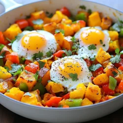 - 2 mittelgroße Süßkartoffeln, gewürfelt - 1 rote Paprika, gewürfelt - 1 grüne Paprika, gewürfelt - 1 kleine rote Zwiebel, gehackt - 3 Knoblauchzehen, fein gehackt Die Süßkartoffeln sind die Hauptzutat. Sie bringen eine süße Note. Verwende frische Süßkartoffeln für den besten Geschmack. Würfle sie gleichmäßig, damit sie gleichmäßig garen. Die Paprika, rot und grün, sorgen für Farbe und Crunch. Die Zwiebel und der Knoblauch fügen Tiefe und Aroma hinzu. Diese Zutaten sind einfach zu finden. - 2 Esslöffel Olivenöl - 1 Teelöffel geräuchertes Paprikapulver - 1 Teelöffel Kreuzkümmel - Salz und Pfeffer nach Geschmack Olivenöl ist wichtig für das Anbraten. Es macht die Süßkartoffeln schön goldbraun. Geräuchertes Paprikapulver bringt einen rauchigen Geschmack. Kreuzkümmel hat einen warmen, erdigen Ton. Salz und Pfeffer sind für die Würze. Diese Gewürze sind leicht zu finden und sehr schmackhaft. - Frischer Koriander oder Petersilie, zur Garnitur Die Garnitur macht das Gericht lebendig. Frischer Koriander hat einen frischen, zitrusartigen Geschmack. Petersilie ist mild und passt gut dazu. Du kannst sie nach deinem Geschmack auswählen. Serviere den Hash direkt in der Pfanne oder auf Tellern. Ein Spritzer frischer Kräuter macht alles besser. {{ingredient_image_2}} - Würfle die Süßkartoffeln in gleichmäßige Stücke. - Schneide die rote und grüne Paprika in kleine Würfel. - Hacke die rote Zwiebel und die Knoblauchzehen fein. - Miss die Gewürze ab: 1 Teelöffel Paprikapulver und 1 Teelöffel Kreuzkümmel. - Erhitze 2 Esslöffel Olivenöl in einer großen Pfanne bei mittlerer Hitze. - Füge die gewürfelten Süßkartoffeln hinzu und würze sie mit Salz und Pfeffer. - Brate die Süßkartoffeln etwa 10 Minuten lang, bis sie weich werden. - Gib die Zwiebel, die Paprika und den Knoblauch in die Pfanne. - Lasse alles 5-7 Minuten kochen, bis das Gemüse weich ist. - Streue das Paprikapulver und den Kreuzkümmel über das Gemüse. - Rühre gut um, damit sich die Gewürze gleichmäßig verteilen. - Koche die Mischung für 2 weitere Minuten, um die Aromen zu entfalten. - Mache vier kleine Vertiefungen im Hash. - Schlage ein Ei in jede Vertiefung. - Decke die Pfanne ab und koche die Eier, bis sie nach deinem Geschmack gar sind. - Für leicht flüssige Eigelbe sind 5-7 Minuten ideal. - Die richtige Garzeit ist entscheidend. Brate die Süßkartoffeln etwa 10 Minuten lang. Sie sollten weich, aber nicht matschig sein. - Um matschige Süßkartoffeln zu vermeiden, schneide sie in gleichmäßige Würfel. Dies sorgt für gleichmäßiges Garen. Rühre auch regelmäßig um, damit sie nicht am Pfannenboden kleben. - Füge einen Spritzer Limettensaft hinzu, um den Geschmack aufzupeppen. - Du kannst auch Chili-Flocken für etwas Schärfe verwenden. So wird dein Hash noch lebendiger. Experimentiere mit frischen Kräutern wie Thymian oder Oregano für neue Aromen. - Richte den Hash farbenfroh an. Verwende frische Kräuter als Garnitur. Eine Scheibe Avocado an der Seite sieht toll aus. - Für besondere Anlässe kannst du den Hash in kleinen Schalen servieren. Das macht das Gericht festlich und einladend. Pro Tipps Süßkartoffeln vorbereiten: Schäle und würfle die Süßkartoffeln gleichmäßig, damit sie gleichmäßig garen und die Textur perfekt wird. Gemüse variieren: Fühle dich frei, saisonales Gemüse hinzuzufügen, wie Zucchini oder Spinat, um dem Gericht mehr Farbe und Nährstoffe zu verleihen. Gewürze anpassen: Experimentiere mit verschiedenen Gewürzen wie Curry oder Chili, um dem Hash eine zusätzliche Geschmacksdimension zu geben. Ei-Variationen: Für eine cremigere Textur kannst du die Eier auch pochieren oder Rührei zubereiten, anstatt sie direkt in die Pfanne zu schlagen. {{image_4}} Für eine vegetarische oder vegane Variante kannst du Sojajoghurt oder Tofu als Ei-Ersatz verwenden. Tofu bietet eine tolle Textur und nimmt die Aromen gut auf. Du kannst ihn einfach in kleine Stücke schneiden und am Ende der Kochzeit hinzufügen. Weitere pflanzliche Zutaten sind Kichererbsen oder schwarze Bohnen. Diese geben zusätzlich Protein und machen das Gericht noch sättigender. Für mehr Protein kannst du Fleischalternativen wie Wurst oder Bacon nutzen. Diese schmecken hervorragend in diesem Gericht. Achte darauf, qualitativ hochwertiges Fleisch zu wählen. Bio-Fleisch oder lokale Metzger sind gute Optionen. Diese Produkte sind oft frischer und haben besseren Geschmack. Nutze saisonales Gemüse für deinen Hash. Im Frühling sind Spargel und Erbsen toll. Im Sommer kannst du Zucchini oder Tomaten hinzufügen. Im Herbst passen Kürbis und Rosenkohl gut. Im Winter sind Wurzelgemüse wie Karotten oder Pastinaken ideal. So bleibst du flexibel und nutzt die besten Zutaten der Saison. Wenn du Reste vom Süßkartoffel Frühstücks-Hash hast, bewahre sie im Kühlschrank auf. Verwende einen luftdichten Behälter, um die Frische zu erhalten. So bleibt der Geschmack länger erhalten. Du kannst den Hash auch portionieren. Das macht das Aufwärmen einfacher. Wenn du ihn länger aufbewahren willst, friere ihn ein. Fülle den Hash in einen gefrierfesten Behälter. Vergiss nicht, das Datum auf den Behälter zu schreiben. Um den Hash wieder aufzuwärmen, nutze eine Pfanne. Erhitze ihn bei mittlerer Hitze. Rühre den Hash regelmäßig um, damit er gleichmäßig warm wird. Alternativ kannst du auch die Mikrowelle nutzen. Stelle die Mikrowelle auf mittlere Leistung und erwärme in 30-Sekunden-Intervallen. So behält der Hash seine Konsistenz und wird nicht matschig. Der Hash bleibt im Kühlschrank etwa drei bis vier Tage frisch. Wenn du ihn einfrierst, hält er bis zu drei Monate. Achte darauf, ihn schnell zu verbrauchen, um den besten Geschmack zu genießen. Wenn du den Hash wieder aufwärmst, achte darauf, ihn auf mindestens 74 Grad Celsius zu erhitzen. Das sorgt für die Sicherheit beim Essen. Die Zubereitung des Süßkartoffel Hash dauert insgesamt etwa 30 Minuten. Du brauchst 10 Minuten für die Vorbereitung. Die Kochzeit beträgt etwa 20 Minuten. Ja, du kannst viele andere Gemüsesorten hinzufügen. Einige gute Optionen sind: - Zucchini - Spinat - Champignons - Karotten - Brokkoli Diese Zutaten bringen mehr Farbe und Nährstoffe in deinen Hash. Experimentiere mit verschiedenen Kombinationen. Ja, der Frühstücks-Hash ist glutenfrei. Alle verwendeten Zutaten sind sicher für eine glutenfreie Ernährung. Achte jedoch darauf, auch die Gewürze zu überprüfen. Manchmal enthalten sie versteckte Glutenquellen. Der Süßkartoffel Frühstücks-Hash ist einfach zuzubereiten und sehr lecker. Wir haben die Hauptzutaten wie Süßkartoffeln, Paprika und Gewürze besprochen. Außerdem gab es Tipps zur perfekten Konsistenz und Anpassungen der Gewürze. Variationen für Veganer oder proteinreiche Optionen bieten noch mehr Möglichkeiten. Lagerungshinweise helfen dir, Reste sinnvoll zu nutzen. Versuch diesen Hash und entdecke die vielen leckeren Facetten. Er wird dir sicher gut gefallen!