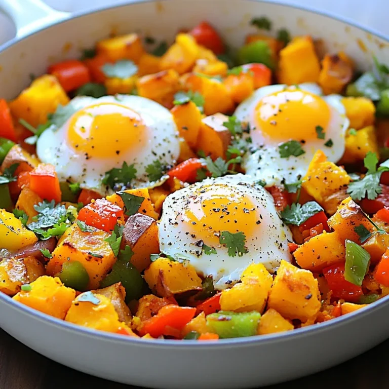 - 2 mittelgroße Süßkartoffeln, gewürfelt - 1 rote Paprika, gewürfelt - 1 grüne Paprika, gewürfelt - 1 kleine rote Zwiebel, gehackt - 3 Knoblauchzehen, fein gehackt Die Süßkartoffeln sind die Hauptzutat. Sie bringen eine süße Note. Verwende frische Süßkartoffeln für den besten Geschmack. Würfle sie gleichmäßig, damit sie gleichmäßig garen. Die Paprika, rot und grün, sorgen für Farbe und Crunch. Die Zwiebel und der Knoblauch fügen Tiefe und Aroma hinzu. Diese Zutaten sind einfach zu finden. - 2 Esslöffel Olivenöl - 1 Teelöffel geräuchertes Paprikapulver - 1 Teelöffel Kreuzkümmel - Salz und Pfeffer nach Geschmack Olivenöl ist wichtig für das Anbraten. Es macht die Süßkartoffeln schön goldbraun. Geräuchertes Paprikapulver bringt einen rauchigen Geschmack. Kreuzkümmel hat einen warmen, erdigen Ton. Salz und Pfeffer sind für die Würze. Diese Gewürze sind leicht zu finden und sehr schmackhaft. - Frischer Koriander oder Petersilie, zur Garnitur Die Garnitur macht das Gericht lebendig. Frischer Koriander hat einen frischen, zitrusartigen Geschmack. Petersilie ist mild und passt gut dazu. Du kannst sie nach deinem Geschmack auswählen. Serviere den Hash direkt in der Pfanne oder auf Tellern. Ein Spritzer frischer Kräuter macht alles besser. {{ingredient_image_2}} - Würfle die Süßkartoffeln in gleichmäßige Stücke. - Schneide die rote und grüne Paprika in kleine Würfel. - Hacke die rote Zwiebel und die Knoblauchzehen fein. - Miss die Gewürze ab: 1 Teelöffel Paprikapulver und 1 Teelöffel Kreuzkümmel. - Erhitze 2 Esslöffel Olivenöl in einer großen Pfanne bei mittlerer Hitze. - Füge die gewürfelten Süßkartoffeln hinzu und würze sie mit Salz und Pfeffer. - Brate die Süßkartoffeln etwa 10 Minuten lang, bis sie weich werden. - Gib die Zwiebel, die Paprika und den Knoblauch in die Pfanne. - Lasse alles 5-7 Minuten kochen, bis das Gemüse weich ist. - Streue das Paprikapulver und den Kreuzkümmel über das Gemüse. - Rühre gut um, damit sich die Gewürze gleichmäßig verteilen. - Koche die Mischung für 2 weitere Minuten, um die Aromen zu entfalten. - Mache vier kleine Vertiefungen im Hash. - Schlage ein Ei in jede Vertiefung. - Decke die Pfanne ab und koche die Eier, bis sie nach deinem Geschmack gar sind. - Für leicht flüssige Eigelbe sind 5-7 Minuten ideal. - Die richtige Garzeit ist entscheidend. Brate die Süßkartoffeln etwa 10 Minuten lang. Sie sollten weich, aber nicht matschig sein. - Um matschige Süßkartoffeln zu vermeiden, schneide sie in gleichmäßige Würfel. Dies sorgt für gleichmäßiges Garen. Rühre auch regelmäßig um, damit sie nicht am Pfannenboden kleben. - Füge einen Spritzer Limettensaft hinzu, um den Geschmack aufzupeppen. - Du kannst auch Chili-Flocken für etwas Schärfe verwenden. So wird dein Hash noch lebendiger. Experimentiere mit frischen Kräutern wie Thymian oder Oregano für neue Aromen. - Richte den Hash farbenfroh an. Verwende frische Kräuter als Garnitur. Eine Scheibe Avocado an der Seite sieht toll aus. - Für besondere Anlässe kannst du den Hash in kleinen Schalen servieren. Das macht das Gericht festlich und einladend. Pro Tipps Süßkartoffeln vorbereiten: Schäle und würfle die Süßkartoffeln gleichmäßig, damit sie gleichmäßig garen und die Textur perfekt wird. Gemüse variieren: Fühle dich frei, saisonales Gemüse hinzuzufügen, wie Zucchini oder Spinat, um dem Gericht mehr Farbe und Nährstoffe zu verleihen. Gewürze anpassen: Experimentiere mit verschiedenen Gewürzen wie Curry oder Chili, um dem Hash eine zusätzliche Geschmacksdimension zu geben. Ei-Variationen: Für eine cremigere Textur kannst du die Eier auch pochieren oder Rührei zubereiten, anstatt sie direkt in die Pfanne zu schlagen. {{image_4}} Für eine vegetarische oder vegane Variante kannst du Sojajoghurt oder Tofu als Ei-Ersatz verwenden. Tofu bietet eine tolle Textur und nimmt die Aromen gut auf. Du kannst ihn einfach in kleine Stücke schneiden und am Ende der Kochzeit hinzufügen. Weitere pflanzliche Zutaten sind Kichererbsen oder schwarze Bohnen. Diese geben zusätzlich Protein und machen das Gericht noch sättigender. Für mehr Protein kannst du Fleischalternativen wie Wurst oder Bacon nutzen. Diese schmecken hervorragend in diesem Gericht. Achte darauf, qualitativ hochwertiges Fleisch zu wählen. Bio-Fleisch oder lokale Metzger sind gute Optionen. Diese Produkte sind oft frischer und haben besseren Geschmack. Nutze saisonales Gemüse für deinen Hash. Im Frühling sind Spargel und Erbsen toll. Im Sommer kannst du Zucchini oder Tomaten hinzufügen. Im Herbst passen Kürbis und Rosenkohl gut. Im Winter sind Wurzelgemüse wie Karotten oder Pastinaken ideal. So bleibst du flexibel und nutzt die besten Zutaten der Saison. Wenn du Reste vom Süßkartoffel Frühstücks-Hash hast, bewahre sie im Kühlschrank auf. Verwende einen luftdichten Behälter, um die Frische zu erhalten. So bleibt der Geschmack länger erhalten. Du kannst den Hash auch portionieren. Das macht das Aufwärmen einfacher. Wenn du ihn länger aufbewahren willst, friere ihn ein. Fülle den Hash in einen gefrierfesten Behälter. Vergiss nicht, das Datum auf den Behälter zu schreiben. Um den Hash wieder aufzuwärmen, nutze eine Pfanne. Erhitze ihn bei mittlerer Hitze. Rühre den Hash regelmäßig um, damit er gleichmäßig warm wird. Alternativ kannst du auch die Mikrowelle nutzen. Stelle die Mikrowelle auf mittlere Leistung und erwärme in 30-Sekunden-Intervallen. So behält der Hash seine Konsistenz und wird nicht matschig. Der Hash bleibt im Kühlschrank etwa drei bis vier Tage frisch. Wenn du ihn einfrierst, hält er bis zu drei Monate. Achte darauf, ihn schnell zu verbrauchen, um den besten Geschmack zu genießen. Wenn du den Hash wieder aufwärmst, achte darauf, ihn auf mindestens 74 Grad Celsius zu erhitzen. Das sorgt für die Sicherheit beim Essen. Die Zubereitung des Süßkartoffel Hash dauert insgesamt etwa 30 Minuten. Du brauchst 10 Minuten für die Vorbereitung. Die Kochzeit beträgt etwa 20 Minuten. Ja, du kannst viele andere Gemüsesorten hinzufügen. Einige gute Optionen sind: - Zucchini - Spinat - Champignons - Karotten - Brokkoli Diese Zutaten bringen mehr Farbe und Nährstoffe in deinen Hash. Experimentiere mit verschiedenen Kombinationen. Ja, der Frühstücks-Hash ist glutenfrei. Alle verwendeten Zutaten sind sicher für eine glutenfreie Ernährung. Achte jedoch darauf, auch die Gewürze zu überprüfen. Manchmal enthalten sie versteckte Glutenquellen. Der Süßkartoffel Frühstücks-Hash ist einfach zuzubereiten und sehr lecker. Wir haben die Hauptzutaten wie Süßkartoffeln, Paprika und Gewürze besprochen. Außerdem gab es Tipps zur perfekten Konsistenz und Anpassungen der Gewürze. Variationen für Veganer oder proteinreiche Optionen bieten noch mehr Möglichkeiten. Lagerungshinweise helfen dir, Reste sinnvoll zu nutzen. Versuch diesen Hash und entdecke die vielen leckeren Facetten. Er wird dir sicher gut gefallen!
