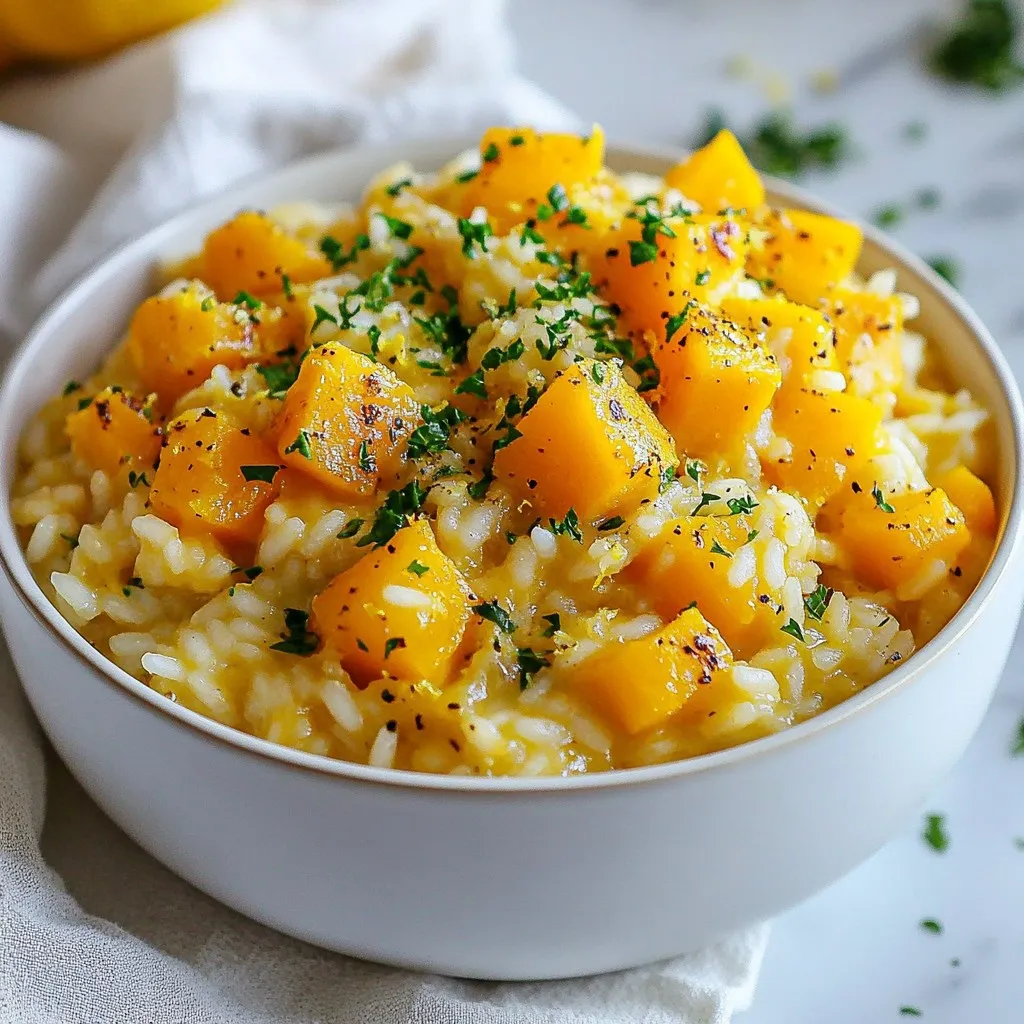 Für ein leckeres veganes Butternut-Kürbis-Risotto benötigst du einige Hauptzutaten. Diese sind wichtig, um den vollen Geschmack zu erzielen. Hier sind die Zutaten: - 1 mittelgroßer Butternut-Kürbis, geschält und gewürfelt - 1 Tasse Arborio-Reis - 4 Tassen Gemüsebrühe - 1 mittelgroße Zwiebel, fein gehackt - 2 Knoblauchzehen, gehackt - 1 Esslöffel Olivenöl Jede Zutat bringt ihren eigenen Geschmack mit. Der Butternut-Kürbis sorgt für eine süße Note und eine schöne Farbe. Arborio-Reis hat die perfekte Konsistenz für Risotto. Um das Risotto noch besser zu machen, fügen wir Gewürze und einige zusätzliche Zutaten hinzu. Die wichtigsten sind: - 1 Teelöffel getrockneter Thymian - 1 Teelöffel Nährhefe (optional, für zusätzlichen Geschmack) - Salz und Pfeffer nach Geschmack - Frische Petersilie, gehackt (zum Garnieren) - Zitronenabrieb (zum Garnieren) Der Thymian bringt einen tollen Duft. Die Nährhefe fügt einen umami Geschmack hinzu. Salz und Pfeffer sind wichtig, um den Geschmack zu balancieren. Die Brühe ist ein Schlüssel zu gutem Risotto. Ich empfehle, eine hochwertige Gemüsebrühe zu wählen. Sie sollte frisch und geschmackvoll sein. Du kannst auch selbstgemachte Brühe verwenden, um den Geschmack zu intensivieren. Wähle immer eine Brühe, die du auch pur trinken würdest. Das verbessert den gesamten Geschmack des Risottos. Achte darauf, die Brühe vor dem Kochen zu erhitzen. So wird der Kochprozess gleichmäßiger und schneller. {{ingredient_image_2}} Um den Butternut-Kürbis vorzubereiten, schälen Sie ihn zuerst. Dann schneiden Sie ihn in kleine Würfel. In einem großen Topf bringen Sie 1 Tasse Gemüsebrühe zum Simmern. Fügen Sie die Kürbiswürfel hinzu und kochen Sie sie etwa 10 Minuten. Sie sollten zart sein. Nehmen Sie den Topf vom Herd und pürieren Sie den Kürbis grob. Lassen Sie einige Stücke für die Textur. Stellen Sie das Püree beiseite. Nehmen Sie einen anderen großen Topf und erhitzen Sie 1 Esslöffel Olivenöl bei mittlerer Hitze. Geben Sie die fein gehackte Zwiebel hinein. Braten Sie sie etwa 5 Minuten lang, bis sie durchsichtig wird. Fügen Sie dann 2 gehackte Knoblauchzehen hinzu und kochen Sie alles für 1-2 Minuten. Rühren Sie häufig, damit der Knoblauch nicht anbrennt. Jetzt kommt der Arborio-Reis. Geben Sie ihn in den Topf mit den Zwiebeln und dem Knoblauch. Rühren Sie gut um. Rösten Sie den Reis 2-3 Minuten lang, bis die Ränder leicht durchsichtig sind. Dieser Schritt gibt dem Risotto einen tollen Geschmack. Sie fügen die Brühe jetzt nach und nach hinzu. Nehmen Sie einen Löffel und geben Sie etwas von der restlichen Gemüsebrühe in den Topf. Rühren Sie ständig. Warten Sie, bis der Reis die Brühe fast ganz aufgenommen hat, bevor Sie mehr hinzufügen. Dieser Prozess dauert etwa 20-25 Minuten. Am Ende wird der Reis cremig und perfekt gegart. Sobald der Reis die richtige Konsistenz hat, geben Sie das pürierte Butternut-Kürbis hinzu. Fügen Sie auch 1 Teelöffel getrockneten Thymian und 1 Teelöffel Nährhefe hinzu, wenn Sie möchten. Rühren Sie alles vorsichtig unter. Lassen Sie es kurz aufwärmen. Schmecken Sie mit Salz und Pfeffer ab. Nehmen Sie den Risotto vom Herd. Servieren Sie ihn in Schüsseln. Garnieren Sie das Gericht mit frischer, gehackter Petersilie und einer Prise Zitronenabrieb. Dieser letzte Touch bringt Frische in das Gericht. Genießen Sie Ihr cremiges veganes Butternut-Kürbis-Risotto! Um die perfekte Konsistenz für dein Risotto zu erreichen, achte auf die Brühe. Verwende immer heiße Brühe. So gart der Reis gleichmäßig. Rühre oft, damit der Reis nicht ansetzt. Der Risotto sollte am Ende cremig, aber nicht flüssig sein. Die Cremigkeit kommt von der ständigen Bewegung. Wenn du die Brühe hinzufügst, rühre ständig. Das hilft, die Stärke im Reis freizusetzen. Das Pürieren des Butternut-Kürbis trägt ebenfalls zur Cremigkeit bei. Du kannst auch etwas Pflanzenmilch oder vegane Butter hinzufügen. Du kannst deinen Risotto ganz leicht anpassen. Füge zum Beispiel Erbsen oder Spinat hinzu. Diese bringen Farbe und Nährstoffe. Für mehr Geschmack kannst du frische Kräuter verwenden, wie Basilikum oder Schnittlauch. Achte darauf, die Gewürze nach deinem Geschmack anzupassen. Pro Tipps Frische Gemüsebrühe verwenden: Eine hochwertige, frische Gemüsebrühe verleiht dem Risotto einen intensiveren Geschmack und macht es noch aromatischer. Kürbis richtig pürieren: Achten Sie darauf, den Butternut-Kürbis nicht zu fein zu pürieren, damit das Risotto eine angenehme Textur hat und kleine Stückchen für Biss bleibt. Rühren Sie konstant: Das ständige Rühren während des Kochens hilft dabei, die cremige Konsistenz zu erreichen und verhindert, dass der Reis ansetzt. Mit Zitronenabrieb abschmecken: Der Zitronenabrieb am Ende des Kochens bringt Frische ins Gericht und hebt die Aromen des Risottos hervor. {{image_4}} Um dein veganes Butternut-Kürbis-Risotto noch bunter und nahrhafter zu machen, kannst du verschiedene Gemüsesorten hinzufügen. Ich empfehle, Spinat, Erbsen oder Champignons zu verwenden. Diese Gemüsesorten bringen frische Farben und unterschiedliche Texturen ins Gericht. Einfach die gewählten Gemüsesorten in den letzten Kochminuten unter den Risotto mischen. So bleiben sie knackig und verleihen deinem Gericht noch mehr Geschmack. Kräuter und Gewürze können das Aroma deines Risottos verändern. Ich liebe es, frischen Basilikum oder Schnittlauch hinzuzufügen. Diese Kräuter geben dem Gericht eine frische Note. Du kannst auch mit Gewürzen wie Muskatnuss oder Paprika experimentieren. Ein Hauch von Zimt kann sogar eine spannende Tiefe hinzufügen. Probiere verschiedene Kombinationen aus, um deinen eigenen Geschmack zu finden. Für eine glutenfreie Variante kannst du Arborio-Reis durch einen glutenfreien Reis ersetzen. Achte darauf, dass deine Gemüsebrühe ebenfalls glutenfrei ist. Quinoa ist eine großartige Wahl, da es eine nussige Note und viel Protein bietet. Du kannst die Brühe in der gleichen Menge verwenden und die Zubereitung wie gewohnt durchführen. So bleibt dein Risotto lecker und für alle geeignet. Um übrig gebliebenes Risotto frisch zu halten, fülle es in einen luftdichten Behälter. Stelle sicher, dass die Risottoschicht nicht zu dick ist. So bleibt die Feuchtigkeit besser erhalten. Lasse das Risotto auf Zimmertemperatur abkühlen, bevor du es in den Kühlschrank stellst. Dadurch vermeidest du Kondenswasser, das die Konsistenz verändert. Zum Aufwärmen des Risottos gebe etwas Gemüsebrühe oder Wasser in eine Pfanne. Das hilft, die cremige Konsistenz wiederherzustellen. Erhitze das Risotto bei mittlerer Hitze unter ständigem Rühren. So wird es gleichmäßig warm und trocknet nicht aus. Du kannst auch frische Kräuter oder einen Spritzer Zitrone hinzufügen, um den Geschmack aufzufrischen. Im Kühlschrank bleibt dein Risotto etwa 3 bis 5 Tage frisch. Achte darauf, es gut verpackt zu halten. Im Gefrierschrank kannst du es bis zu 2 Monate aufbewahren. Stelle sicher, dass du das Risotto in Portionen aufteilst, bevor du es einfrierst. So kannst du nur das auftauen, was du benötigst. Um Risotto cremiger zu machen, achte auf die Brühe. Füge sie langsam hinzu und rühre oft um. Das ständige Rühren hilft, die Stärke aus dem Reis freizusetzen. Das gibt eine tolle, cremige Textur. Verwende auch einen guten Arborio-Reis, denn dieser Reis hat mehr Stärke. Ja, du kannst frischen Kürbis verwenden! Würfle den Kürbis klein und koche ihn in der Brühe. So wird er weich und passt gut in das Risotto. Er gibt dem Gericht mehr Biss und Frische. Achte darauf, dass du den Kürbis gut pürierst, wenn du eine cremige Konsistenz magst. Ja, dieses Rezept ist gesund! Es enthält viel Gemüse und gesunde Fette aus dem Olivenöl. Butternut-Kürbis ist reich an Vitaminen und Ballaststoffen. Der Arborio-Reis liefert dir Energie. Wenn du die Nährhefe hinzufügst, bekommst du auch B-Vitamine. Du kannst die Portionen leicht anpassen. Möchtest du mehr Risotto? Verdopple einfach die Zutaten. Für weniger, halbiere die Menge. Das Rezept ist flexibel. Achte nur darauf, die Brühe und den Reis im richtigen Verhältnis zu halten. Ja, du kannst den Reis im Voraus vorbereiten. Koche den Arborio-Reis und lasse ihn abkühlen. Bewahre ihn in einem luftdichten Behälter im Kühlschrank auf. Wenn du bereit bist, mache das Risotto einfach warm und füge die Kürbiscreme hinzu. So sparst du Zeit beim Kochen! In diesem Blogbeitrag haben wir die Zutaten und Schritte zum perfekten veganen Butternut-Kürbis-Risotto behandelt. Wir schauten uns wichtige Zutaten, die richtige Brühe und hilfreiche Tipps für die Konsistenz an. Variationen und Lagerungshinweise helfen dir, Restgerichte zu genießen. Denke daran, kreativ zu sein und dein Risotto nach deinem Geschmack zu gestalten. Experimentiere mit Gewürzen und Gemüse. Du wirst überrascht sein, wie gut es schmeckt!