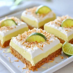 Für die Key Lime Pie Bars brauchst du folgende Hauptzutaten: - 1 ½ Tassen Grahamcracker-Brösel - ½ Tasse ungesüßete Kokosnussraspeln - ½ Tasse ungesalzene Butter, geschmolzen - 1 Tasse Zucker - 3 große Eier - ½ Tasse frischer Key-Limettensaft (ca. 6-8 Limetten) - Zest von 2 Limetten - 1 Dose (14 oz) gesüßte Kondensmilch - ¼ Teelöffel Salz - Schlagsahne zum Garnieren (optional) - Limettenscheiben und Kokosnussflocken zur Dekoration (optional) Jede Zutat bringt ihren eigenen Geschmack in die Bars. Die Kombination aus süß und sauer ist einfach perfekt. Hier sind die Küchenutensilien, die du benötigst: - Eine 23x23 cm große Backform - Backpapier - Eine mittelgroße Schüssel - Eine große Rührschüssel - Ein Schneebesen oder ein Handmixer - Ein Spatel Mit diesem Zubehör kannst du alles schnell und einfach zubereiten. Die Backform hilft, die Bars gleichmäßig zu backen. Um das beste Ergebnis zu erzielen, achte auf folgende Tipps: - Verwende frische Limetten für den besten Geschmack. - Achte darauf, ungesüßte Kokosnussraspeln zu wählen. - Nutze hochwertige Butter. Sie macht die Kruste besser. Frische und hochwertige Zutaten sorgen für ein leckeres Geschmackserlebnis. Wenn du diese Tipps befolgst, wird dein Key Lime Pie einfach himmlisch! {{ingredient_image_2}} Heize deinen Ofen auf 175°C vor. Nimm eine 23x23 cm große Backform. Lege sie mit Backpapier aus. Lass einen Überhang, damit du die Riegel später leicht herausnehmen kannst. In einer mittelgroßen Schüssel vermenge 1 ½ Tassen Grahamcracker-Brösel, ½ Tasse ungesüßte Kokosnussraspeln und ½ Tasse geschmolzene Butter. Rühre, bis die Brösel gut mit Butter bedeckt sind. Drücke die Mischung fest auf den Boden der Form. Backe die Kruste für 10 Minuten, bis sie leicht goldbraun ist. Lass die Kruste leicht abkühlen. Nimm eine große Rührschüssel. Vermenge 1 Tasse Zucker mit 3 großen Eiern. Rühre, bis alles gut kombiniert ist. Füge ½ Tasse frischen Key-Limettensaft, die Zesten von 2 Limetten, 1 Dose gesüßte Kondensmilch und ¼ Teelöffel Salz hinzu. Mische alles gut, bis eine glatte Füllung entsteht. Gieße die Füllung über die abgekühlte Kruste. Backe die Bars für 15-20 Minuten, bis die Füllung fest, aber in der Mitte leicht wackelig ist. Nimm die Form nach dem Backen aus dem Ofen. Lass sie bei Raumtemperatur vollständig abkühlen. Danach stelle sie für mindestens 2 Stunden in den Kühlschrank. So wird die Füllung fest und lecker. Nutze den Überhang des Backpapiers, um die Riegel herauszuheben. Schneide sie in Quadrate oder Riegel. Um die perfekte Füllung für Ihre Key Lime Pie Bars zu bekommen, achten Sie auf die Mischung. Rühren Sie die Eier und den Zucker gut zusammen. Dann fügen Sie den Limettensaft und die Kondensmilch hinzu. Mischen Sie es, bis es ganz glatt ist. Die Füllung soll nicht klumpig sein. Wenn Sie die Füllung zu lange rühren, kann sie zu luftig werden. Das ist nicht gut. Backen Sie die Füllung dann nur, bis sie an den Rändern fest ist. Die Mitte darf noch etwas wackelig sein. So erhält sie eine cremige Textur. Ein häufiger Fehler ist, die Kruste zu dick zu machen. Achten Sie darauf, die Krümel gleichmäßig und dünn zu drücken. Backen Sie die Kruste nicht zu lange, sonst wird sie hart. Ein weiterer Fehler ist, die Füllung zu überbacken. Überprüfen Sie die Bars nach 15 Minuten. Wenn die Ränder fest sind, aber die Mitte leicht wackelt, ist es perfekt. Lassen Sie die Bars nach dem Backen nicht zu lange bei Raumtemperatur stehen. Kühlen Sie sie schnell im Kühlschrank, damit die Füllung fest wird. Garnieren macht viel aus! Sie können Schlagsahne auf die Bars geben, um sie cremiger zu machen. Limettenscheiben sind auch eine tolle Idee. Sie sehen frisch aus und bringen einen schönen Kontrast. Kokosnussflocken sorgen für zusätzlichen Geschmack. Streuen Sie sie einfach über die Sahne. Für einen besonderen Look können Sie die Bars mit frischen Minzblättern dekorieren. So wird jedes Stück zu einem kleinen Kunstwerk! Pro Tipps Frische Limetten: Verwenden Sie frische Key-Limetten für den besten Geschmack. Sie geben der Füllung eine lebendige Säure und ein unverwechselbares Aroma. Kruste richtig drücken: Drücken Sie die Grahamcracker-Krümel fest in die Form, um eine stabile und gleichmäßige Kruste zu erhalten, die nicht bricht. Kühlen ist wichtig: Stellen Sie sicher, dass die Riegel nach dem Backen vollständig abgekühlt und dann gekühlt werden, um die beste Textur zu erreichen. Garnierung anpassen: Experimentieren Sie mit verschiedenen Garnituren wie gerösteten Kokosnussflocken oder Limettenzesten, um den Riegeln eine extra Note zu geben. {{image_4}} Du kannst diese Bars mit verschiedenen Zitrusfrüchten machen. Probier es mit Zitronen oder Orangen. Der frische Geschmack bleibt, aber die Note ändert sich. Zitronen geben eine süß-säuerliche Note. Orangen machen die Bars süßer. Diese Variationen sind einfach und lecker. Wenn du glutenfrei essen möchtest, gibt es einfache Wege. Ersetze die Grahamcracker durch glutenfreie Kekse. Viele Optionen gibt es in Geschäften. Die Butter bleibt gleich. So hast du trotzdem eine schmackhafte Kruste. Achte darauf, dass alle anderen Zutaten auch glutenfrei sind. Eine schokoladige Note macht diese Bars besonders. Füge Schokoladenstückchen hinzu, bevor du die Füllung backst. Du kannst auch Kokosnussflocken oder Nüsse verwenden. Diese Zutaten verleihen den Bars einen neuen Twist. Experimentiere mit verschiedenen Aromen für mehr Spaß. Um Key Lime Pie Bars frisch zu halten, lege sie in einen luftdichten Behälter. Das verhindert, dass sie Gerüche aufnehmen. Achte darauf, die Bars mit Frischhaltefolie abzudecken, falls kein Behälter vorhanden ist. So bleibt die Textur weich und lecker. Du kannst Key Lime Pie Bars auch einfrieren. Schneide sie in Portionen, bevor du sie in Frischhaltefolie wickelst. Danach lege sie in einen Gefrierbeutel oder Behälter. So kannst du die Bars bis zu drei Monate aufbewahren. Lass sie vor dem Servieren im Kühlschrank auftauen. Die Bars halten im Kühlschrank etwa fünf bis sieben Tage. Achte darauf, sie gut verpackt zu lagern. Wenn sie eingefroren sind, bewahre sie bis zu drei Monate auf. Achte auf Anzeichen von Gefrierbrand. Das kann den Geschmack beeinflussen. Die Zubereitung von Key Lime Pie Bars dauert insgesamt etwa 2 Stunden und 45 Minuten. Die Vorbereitungszeit beträgt etwa 20 Minuten. Nach dem Backen müssen die Riegel abkühlen und dann für mindestens 2 Stunden in den Kühlschrank. So wird die Füllung schön fest. Ja, du kannst vorgefertigte Zutaten verwenden, um Zeit zu sparen. Fertige Grahamcracker-Böden sind eine einfache Option. Auch fertige Limettensaftflaschen sind erhältlich. Achte darauf, ungesüßte Kokosraspeln zu wählen. So bleibt der Geschmack frisch und lecker. Serviere die Key Lime Pie Bars gekühlt. Ein Klecks Schlagsahne macht sie noch besser. Du kannst die Riegel mit Limettenscheiben und Kokosnussflocken dekorieren. Diese Toppings verleihen den Bars einen schönen Look und zusätzlichen Geschmack. Um den Limettengeschmack zu intensivieren, nutze frischen Limettensaft und die Zesten. Frische Limetten haben einen stärkeren Geschmack als abgepackte Säfte. Du kannst auch etwas mehr Limettensaft hinzufügen, um den Geschmack zu verstärken. Ein wenig Limettenzeste gibt zudem eine tolle Note. Key Lime Pie Bars sind einfach und bieten viele Möglichkeiten. Wir haben die besten Zutaten, die Zubereitung und die Lagerung besprochen. Das richtige Zubehör macht den Prozess leicht und schnell. Mit diesen Tipps wirst du köstliche Bars zaubern. Denk daran, dass Variationen deinem Dessert einen neuen Schwung geben. Ob mit Schokolade oder anderen Früchten - sei kreativ! So bleiben deine Key Lime Pie Bars frisch. Nutze diese Anleitung für den perfekten Genuss. Viel Spaß beim Backen und Genießen!