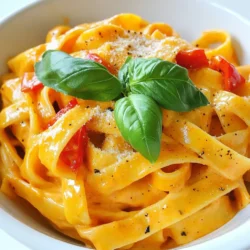 Für dieses leckere Gericht braucht man einige frische Zutaten. Hier sind die Hauptzutaten: - 2 rote Paprika - 1 Esslöffel Olivenöl - 3 Knoblauchzehen, fein gehackt - 1 Tasse Sahne - 1 Tasse geriebener Parmesan - 340 g Fettuccine oder beliebige Nudeln Diese Zutaten sind einfach zu finden und machen das Gericht besonders lecker. Um den Geschmack zu verbessern, füge einige Gewürze hinzu: - 1 Teelöffel italienische Gewürzmischung - Salz und Pfeffer nach Geschmack Diese Gewürze machen die Sauce würzig und aromatisch. Um das Gericht zu ergänzen, empfehle ich: - Frische Basilikumblätter zur Garnitur - Extra Parmesan zum Servieren Diese Beilagen geben dem Gericht eine frische Note und sind ein toller Hingucker. {{ingredient_image_2}} Heize deinen Ofen auf 200°C vor. Das Rösten der Paprika bringt ihren Geschmack hervor. Nimm zwei rote Paprika und halbiere sie. Entferne die Kerne und Stiele. Lege die Hälften mit der Schnittfläche nach unten auf ein Backblech. Träufle einen Esslöffel Olivenöl darüber. Röste die Paprika für etwa 25 Minuten. Die Haut sollte Blasen werfen und dunkel werden. Nimm sie dann aus dem Ofen und lass sie zehn Minuten abkühlen. Nach dem Abkühlen ziehe die Haut der Paprika ab. Gib die gerösteten Paprika in einen Mixer. Füge drei gehackte Knoblauchzehen, eine Tasse Sahne und einen Teelöffel italienische Gewürzmischung hinzu. Püriere die Mischung, bis sie schön glatt ist. Erhitze die pürierte Mischung in einem mittelgroßen Topf bei mittlerer Hitze. Rühre sie gut um und lass sie sanft köcheln. Jetzt kommt der beste Teil: Rühre eine Tasse geriebenen Parmesan ein. Lass den Käse schmelzen und würze mit Salz und Pfeffer. Koche während die Sauce köchelt, 340 g Fettuccine oder deine Lieblingsnudeln. Achte darauf, sie al dente zu kochen, wie auf der Verpackung beschrieben. Lass die Nudeln abtropfen und stelle sie beiseite. Jetzt kommt der große Moment: Füge die gekochten Nudeln zur Sauce hinzu. Vermenge alles vorsichtig, bis die Nudeln gleichmäßig mit der cremigen Sauce überzogen sind. Serviere das Gericht sofort und garniere es mit frischen Basilikumblättern und extra Parmesan. Um die beste Alfredo-Sauce zu machen, folgen Sie diesen Tipps: - Verwenden Sie frische rote Paprika für den besten Geschmack. - Rösten Sie die Paprika bis die Haut Blasen wirft. Das gibt einen tollen Rauchgeschmack. - Mixen Sie die Sauce gut, damit sie schön cremig wird. - Fügen Sie den Parmesan langsam hinzu. So schmilzt er gleichmäßig. Diese Schritte machen Ihre Sauce besonders lecker. Ein paar Fehler können die Sauce ruinieren: - Zu viel Hitze kann die Sahne gerinnen. Kochen Sie die Sauce bei mittlerer Hitze. - Zu wenig Salz kann den Geschmack mindern. Probieren Sie und würzen Sie nach. - Die Nudeln nicht al dente kochen. Sie sollten noch einen kleinen Biss haben. Vermeiden Sie diese häufigen Fehler für das beste Ergebnis. Ein gutes Gericht sieht auch gut aus. Hier sind einige einfache Tipps: - Verwenden Sie frische Basilikumblätter als Garnitur. Sie bringen Farbe und Frische. - Streuen Sie extra Parmesan obenauf. Das sieht toll aus und schmeckt gut. - Servieren Sie die Pasta in tiefen Tellern. So bleibt die Sauce schön warm. Mit diesen Ideen wird Ihr Gericht zum Hingucker. Pro Tipps Paprika richtig rösten: Um den besten Geschmack aus den Paprika herauszuholen, rösten Sie sie bis die Haut Blasen wirft und dunkel wird. Dadurch wird die natürliche Süße intensiviert. Frische Kräuter hinzufügen: Ergänzen Sie die Sauce mit frischen Kräutern wie Thymian oder Oregano für zusätzlichen Geschmack und Frische. Pasta al dente kochen: Achten Sie darauf, die Fettuccine al dente zu kochen, damit die Textur beim Mischen mit der cremigen Sauce perfekt bleibt. Sauce anpassen: Wenn die Sauce zu dick ist, fügen Sie einen Schuss Nudelwasser hinzu, um die gewünschte Konsistenz zu erreichen, ohne den Geschmack zu beeinträchtigen. {{image_4}} Für eine vegetarische Variante des Roasted Red Pepper Alfredo können Sie die Sahne durch pflanzliche Alternativen ersetzen. Kokosmilch oder Cashew-Sahne bieten eine cremige Basis. Dies gibt dem Gericht einen einzigartigen Geschmack. Auch Gemüse wie Zucchini oder Spinat können Sie hinzufügen. Diese Extras bringen Farbe und Nährstoffe. Wenn Sie mehr Protein möchten, fügen Sie Hühnchen oder Garnelen hinzu. Braten Sie das Hühnchen in der Pfanne an, bis es goldbraun ist. Garnelen können in der letzten Minute der Sauce hinzugefügt werden. Beide Optionen passen gut zu der cremigen Sauce. Sie machen das Gericht noch sättigender und leckerer. Für eine glutenfreie Version wählen Sie glutenfreie Pasta. Diese gibt es in vielen Sorten, wie Reis- oder Linsenpasta. Achten Sie darauf, die Kochzeit an die glutenfreie Pasta anzupassen. Die Sauce bleibt gleich, und das Gericht schmeckt immer noch fantastisch. So genießen auch Menschen mit Glutenunverträglichkeit dieses Rezept. Wenn Sie Reste von Ihrem Roasted Red Pepper Alfredo haben, lagern Sie diese gut. Nutzen Sie einen luftdichten Behälter. So bleibt die Sauce frisch. Stellen Sie den Behälter in den Kühlschrank. Genießen Sie die Reste innerhalb von drei Tagen. Die Sauce lässt sich auch gut einfrieren. Geben Sie die abgekühlte Sauce in einen gefrierfesten Behälter. Sie können die Sauce bis zu drei Monate einfrieren. Wenn Sie die Nudeln einfrieren, achten Sie darauf, sie leicht zu kochen. So bleiben sie beim Aufwärmen nicht matschig. Zum Aufwärmen nehmen Sie die Sauce aus dem Kühlschrank. Erwärmen Sie sie in einem Topf bei mittlerer Hitze. Fügen Sie etwas Sahne oder Wasser hinzu, um die Konsistenz zu verbessern. Für die Nudeln können Sie heißes Wasser nutzen, um sie schnell aufzuwärmen. So bleiben sie al dente. Ja, Sie können die Paprika auf dem Grill rösten. Halten Sie sie einfach über die Flamme oder legen Sie sie auf einen Grillrost. Drehen Sie die Paprika, bis die Haut schwarz wird und Blasen wirft. Dies gibt ihnen einen rauchigen Geschmack. Achten Sie darauf, sie danach abzudecken, damit sie dampfen. So lässt sich die Haut leichter abziehen. Um die Sauce schärfer zu machen, fügen Sie einfach etwas rote Pfefferflocken hinzu. Beginnen Sie mit einer kleinen Menge und probieren Sie die Sauce. Sie können auch frische Chilis oder eingelegte Jalapeños pürieren und in die Sauce geben. Achten Sie darauf, die Schärfe nach Ihrem Geschmack anzupassen. Ein Hauch von scharfer Sauce kann auch gut funktionieren. Fettuccine passt hervorragend zu dieser Sauce. Die breiten Nudeln halten die cremige Sauce gut fest. Sie können auch andere Pasta wie Penne oder Tagliatelle verwenden. Wählen Sie die Pasta, die Ihnen am besten gefällt. Achten Sie darauf, sie al dente zu kochen, damit sie die Sauce gut aufnimmt. Dieses Rezept für Roasted Red Pepper Alfredo bietet viele leckere Möglichkeiten. Die Hauptzutaten sind nicht nur einfach, sondern auch vielseitig. Sie lernen auch, wie wichtig die richtige Zubereitung und Aufbewahrung ist. Vermeiden Sie häufige Fehler, um die perfekte Sauce zu bekommen. Denken Sie daran, dass Variationen, wie vegetarische Optionen oder das Hinzufügen von Protein, Ihr Gericht noch besser machen. Genießen Sie die kreative Freiheit in der Küche!